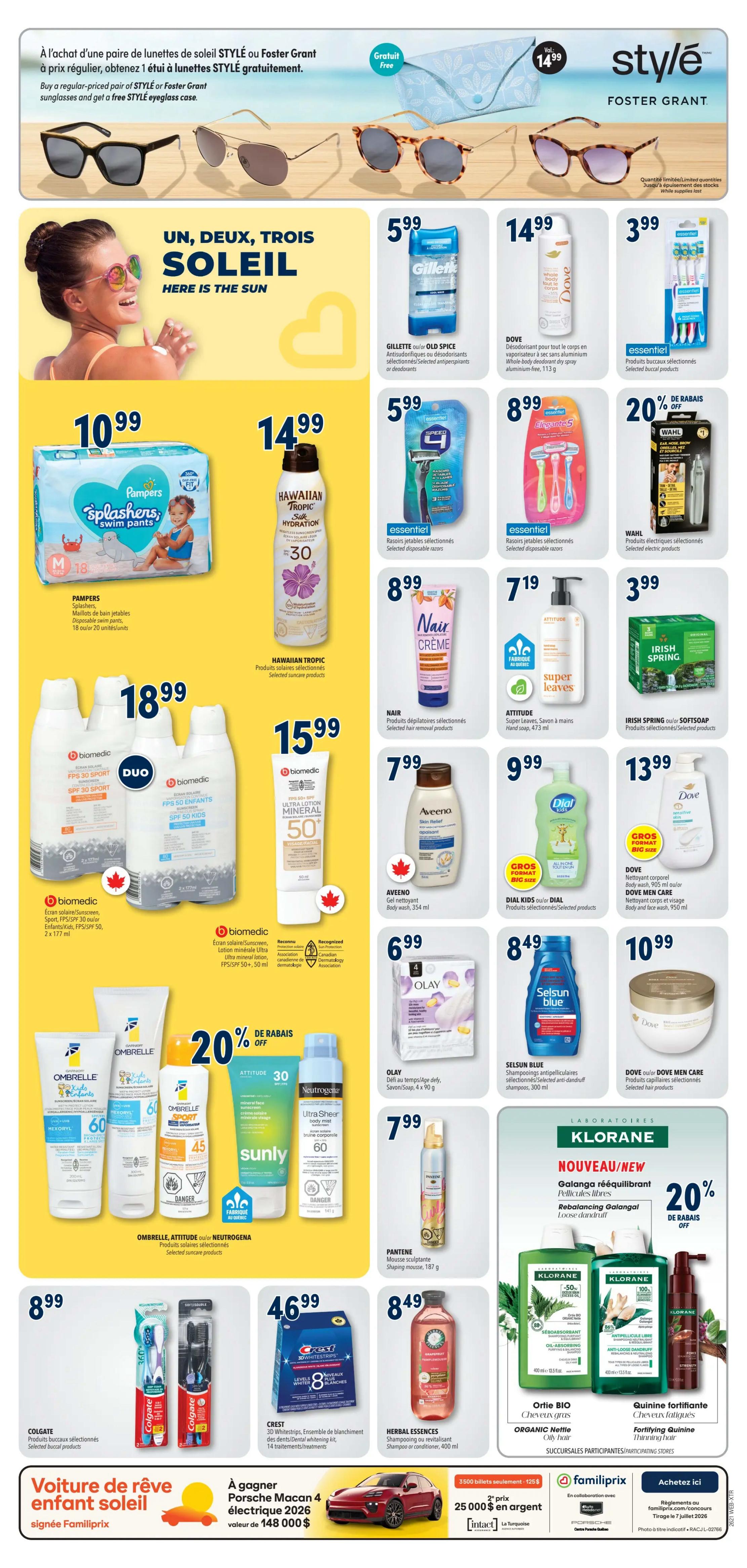 Familiprix flyer page 8 features a 'Sun, Two, Three, Sun' theme with various sun care and personal hygiene products. Top banner offers a free STYLE eyeglass case with the purchase of STYLE or Foster Grant sunglasses. Featured products include Pampers Splashers swim pants for $10.99, Hawaiian Tropic Silk Hydration sunscreen for $14.99, and Biomedic sunscreen lotions (Sport and Kids) for $18.99. Also available are Biomedic Ultra Lotion Mineral SPF 50 for $15.99, and Ombrelle, Attitude, and Neutrogena suncare products. Personal care items on sale include Gillette Old Spice antiperspirant/deodorant for $5.99, Dove dry spray for $14.99, and essential disposable razors for $5.99. Nair hair removal cream is $8.99, Attitude Super Leaves hand soap is $7.19, and Irish Spring or Softsoap body wash is $3.99. Aveeno body wash is $7.99, Olay body wash/soap is $6.99, and Dial Kids body wash is $9.99. Dove Men Care body wash is $13.99. Oral care includes Colgate selected toothbrushes for $8.99 and Crest 3D WhiteStrips for $4.69. Herbal Essences shampoo or conditioner is $8.49. Pantene shaping mousse is $7.99. Klorane offers a 20% discount on selected hair products, including rebalancing galangal shampoo and fortifying quinine shampoo. The bottom features a contest to win a 2026 electric Porsche Macan valued at $148,000, with 3500 tickets at $125 each.