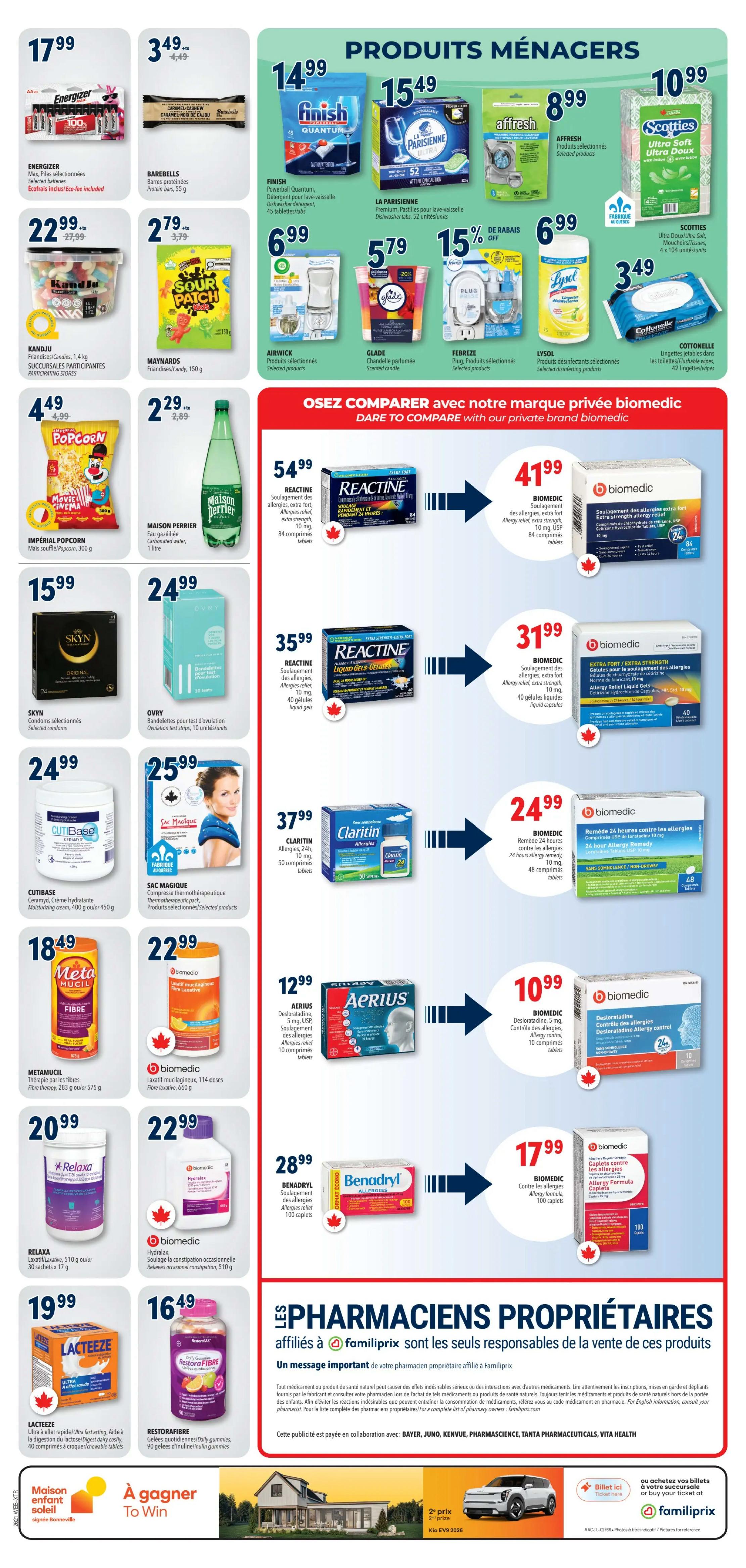 Familiprix Extra flyer, page 9. Household products on sale include Energizer batteries for $17.99, Barebells protein bars for $3.49, Kanjdu candies for $22.99, and Maynards candies for $2.79. Imperial Popcorn is $4.49 and Maison Perrier water is $2.29. Household cleaning and air care products on sale include Finish Powerball Quantum dishwasher detergent for $14.99, La Parisienne dishwasher paste for $15.49, Affresh for $8.99, Scotties Ultra Soft tissues for $10.99, Airwick selected products for $6.99, Glade scented candle for $5.79 (20% off), Febreze selected products for $6.99, and Lysol disinfecting wipes for $3.49. Cottonelle toilet paper is $3.49. Allergy relief products include Reactine for $54.99 (84 tablets), Biomedic Extra Strength Allergy Relief for $41.99 (84 tablets), Reactine Liquid Gels for $35.99 (40 capsules), Biomedic Extra Strength Liquid Gels for $31.99 (40 capsules), Claritin for $37.99 (50 tablets), Biomedic 24-hour Allergy Remedy for $24.99 (48 tablets), Aerius for $12.99 (10 tablets), Biomedic Desloratadine Allergy Control for $10.99 (10 tablets), Benadryl Allergy Relief for $28.99 (100 caplets), and Biomedic Allergy Formula Caplets for $17.99 (100 caplets). Other products include Skyn condoms for $15.99, Ovry ovulation test strips for $24.99, Cutibase moisturizing cream for $24.99, Sac Magique thermal pack for $25.99, Metamucil fibre therapy for $18.49, Hydralax laxative for $22.99, Lacteeze for $19.99, and Restore fibre gummies for $16.49. The bottom of the page features a promotion for winning a house with Maison Enfant Soleil, and a ticket offer from Familiprix.
