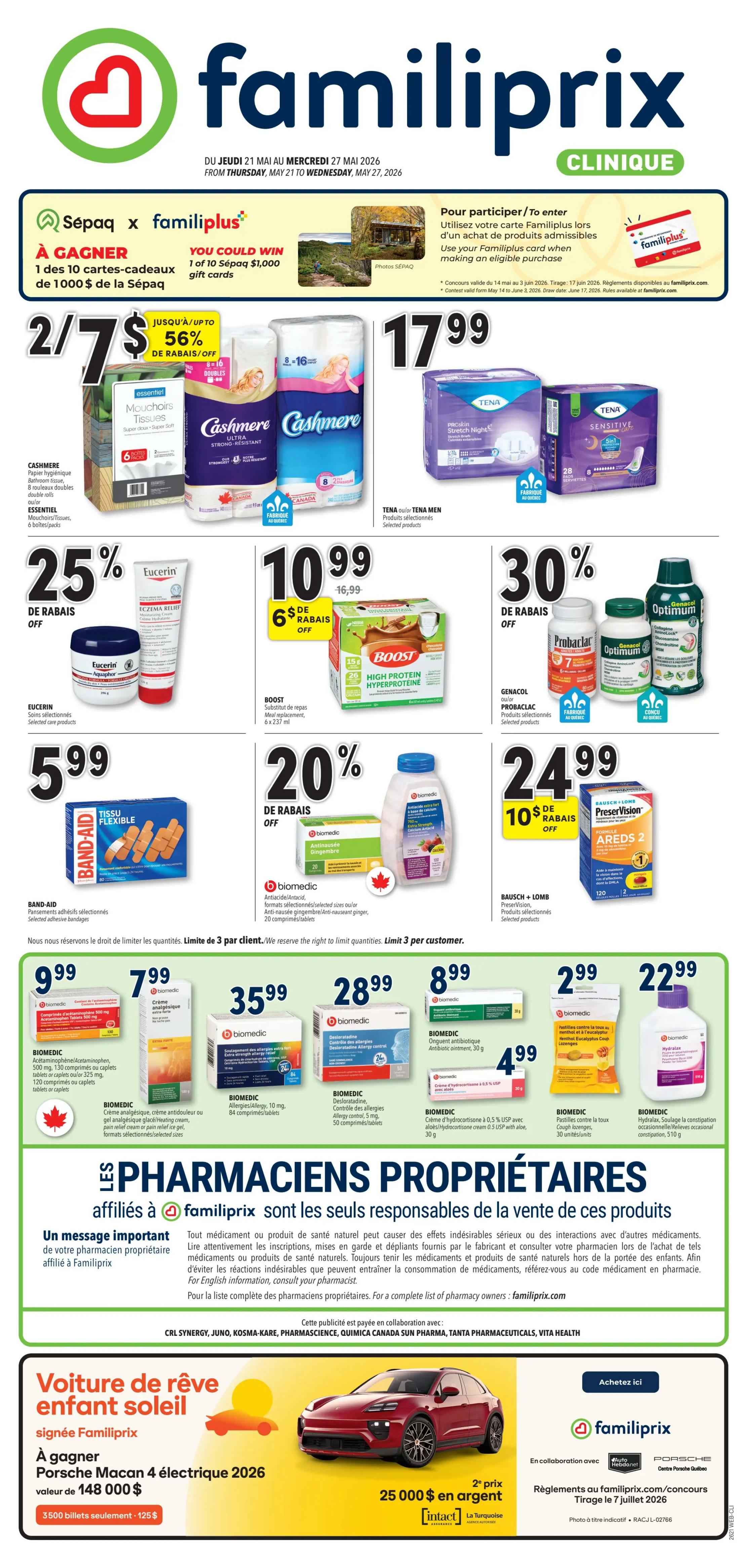 Familiprix flyer, page 1, featuring a contest to win 1 of 10 SèPAQ $1,000 gift cards. Deals include Cashmere bathroom tissue 8 double rolls for 2/$7, TENA or TENA MEN selected products for $17.99. Eucerin selected products are 25% off, including Eucerin Eczema Relief cream and Aquaphor. BOOST meal replacement shakes 6x237 ml are $10.99 with $6 off. Genacol Optimum and Probalac are 30% off. Band-Aid flexible fabric bandages are $5.99. Biomedic selected products are 20% off, including ginger and am-nauseant ginger. Bausch + Lomb PreserVision AREDS 2 vitamins are $24.99 with $10 off. Also featured are various Biomedic health products: Acetaminophen/Acetaminophen 500 mg tablets for $9.99, analgesic cream for $7.99, Allergy Control 5 mg tablets for $35.99, Allergy control 5 mg tablets for $28.99, antibiotic ointment 30 g for $8.99, cough lozenges for $4.99, and Hydralax constipation relief for $22.99. The bottom of the page advertises a chance to win a 2026 Porsche Macan electric vehicle with 3500 tickets for $125.