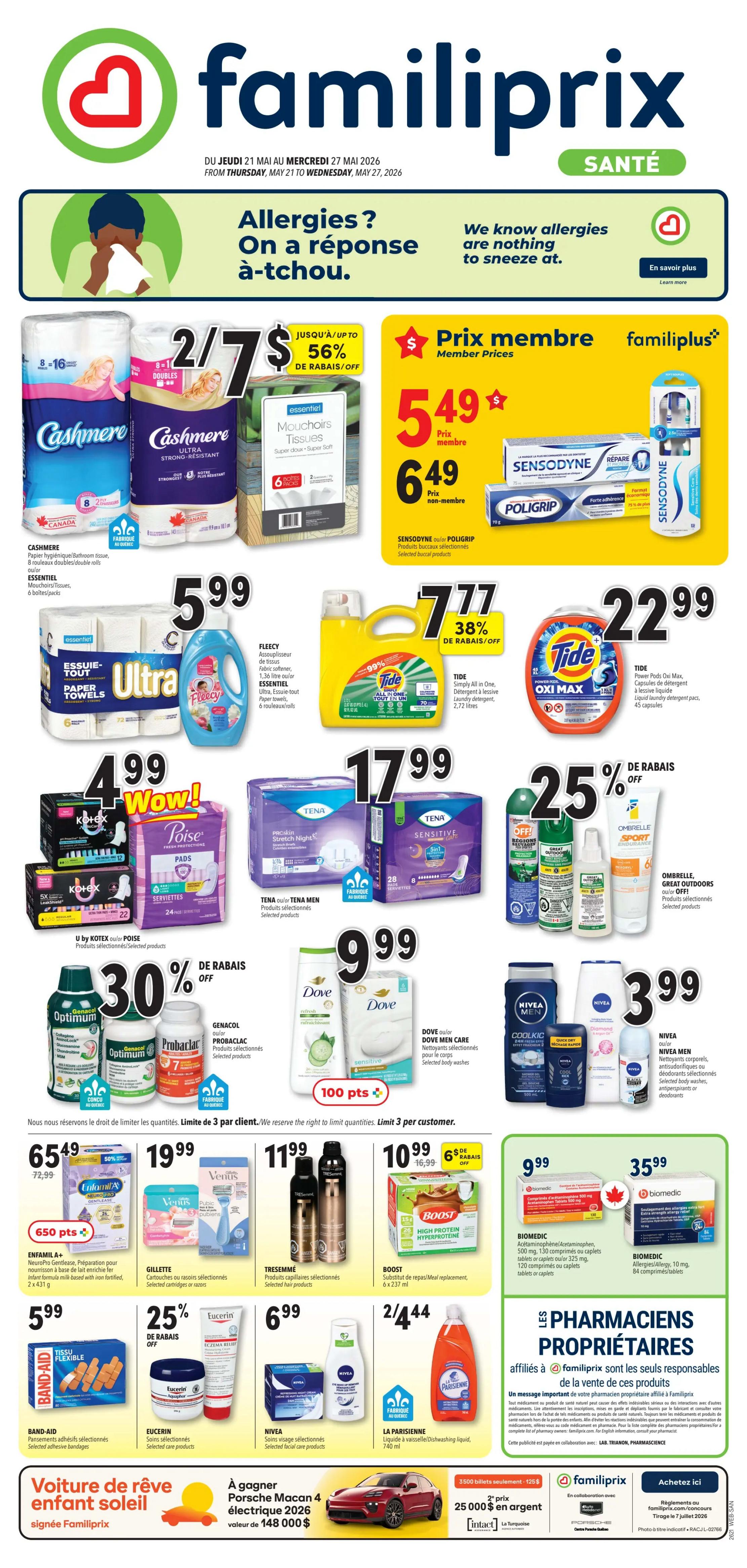 Familiprix flyer, page 1, featuring health and wellness products. Special offers include Cashmere bathroom tissue 2 for $7, Essentiel facial tissues 6 pack for $5.99, and Tide Oxi Max laundry detergent pods for $22.99. Member prices are highlighted for Sensodyne toothpaste and Poligrip for $5.49. Other deals include Fleecy fabric softener for $7.77 with 38% off, Kotex and Poise pads for $4.99, Tena Men and Tena Sensitive pads for $17.99, and Dove body washes for $9.99. Also featured are Nivea men's products for $3.99, Optimum and Probarlac supplements for $30% off, and selected hair products from Tresemme for $11.99. Boost meal replacement is $10.99 with 6$ off. Band-Aid bandages for $5.99, Eucerin skincare for $6.99 with 25% off, Nivea facial care for $6.99, and La Parisienne dishwashing liquid 2 for $4.44. The flyer also announces a chance to win a Porsche Macan 4 electric vehicle valued at $148,000. Familiprix pharmacists are owners, responsible for the sale of these products.