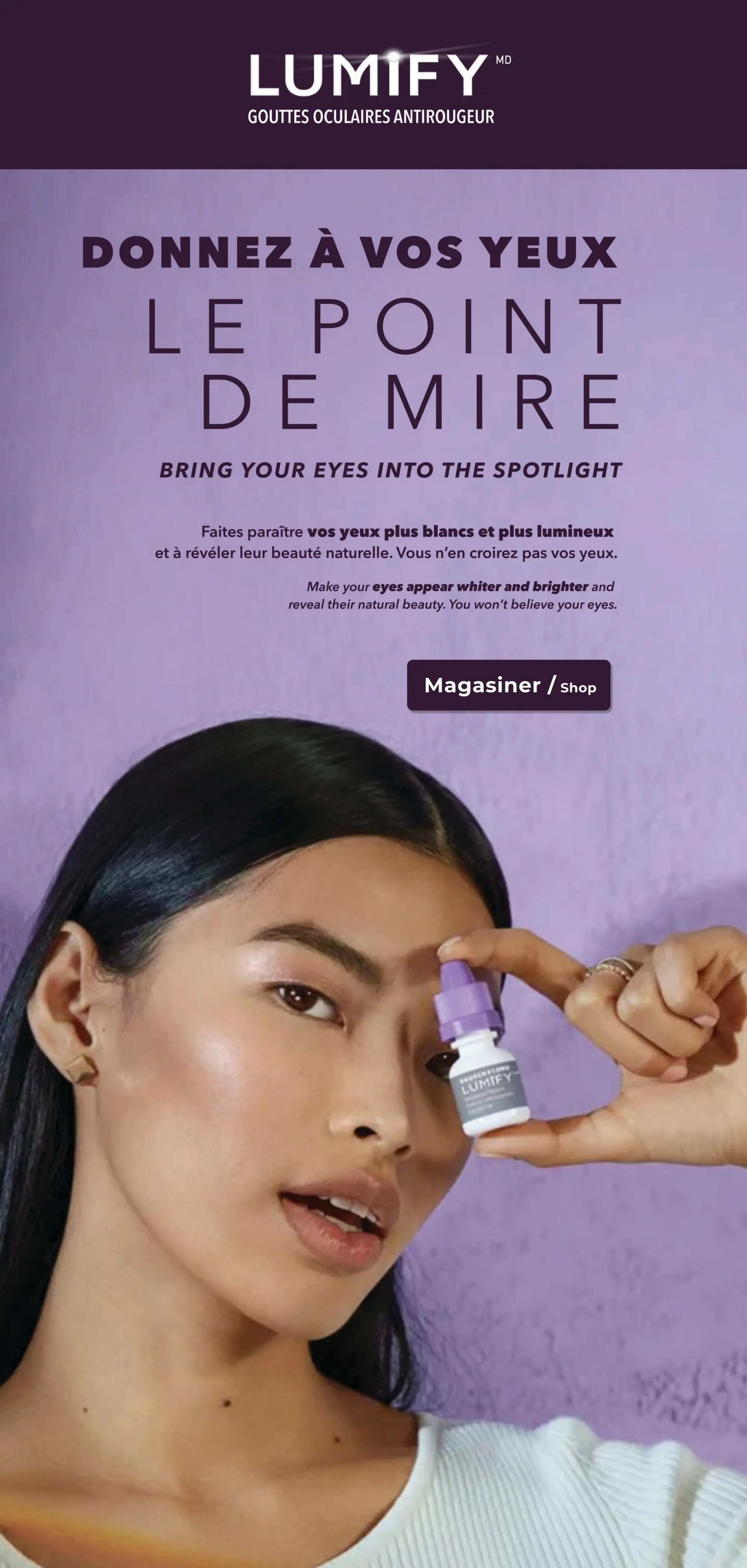 Familiprix flyer page 3 features Lumify eye drops, an anti-redness eye care product. The page headline reads 'Give Your Eyes The Spotlight' and 'Bring Your Eyes Into The Spotlight'. It explains that the drops make eyes appear whiter and brighter, revealing their natural beauty. A 'Shop' button is visible. The image shows a woman holding a small bottle of Lumify eye drops near her eye.