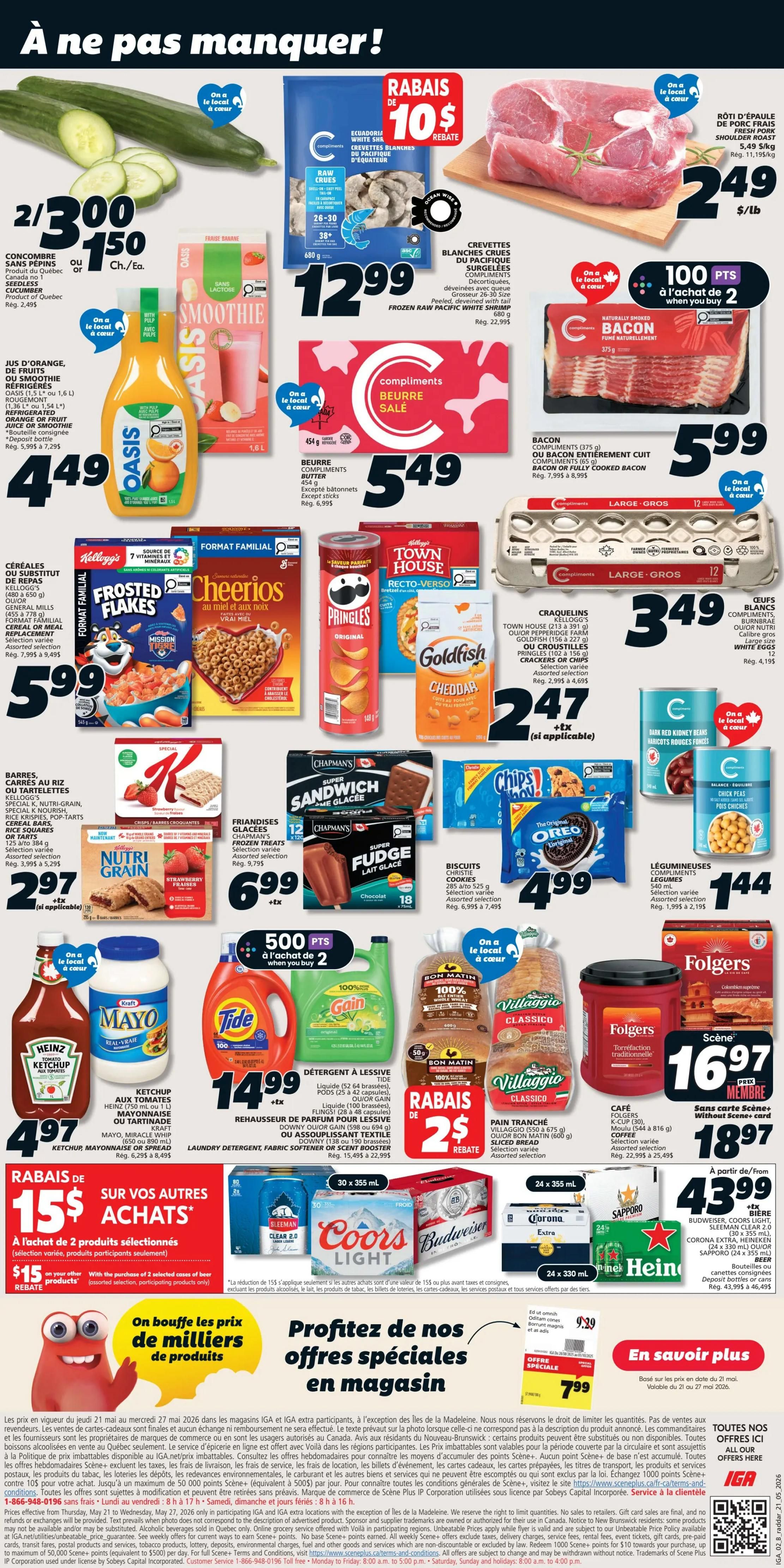 IGA Weekly Flyer Specials, Page 2. Featured items include: Cucumbers at 2 for $3.00, Oasis Refrigerated Juice or Smoothie for $4.49, and 680g Frozen Raw Pacific White Shrimp for $12.99. Also on sale is 454g Compliments Butter for $5.49. Cereal options include Kellogg's Frosted Flakes and Cheerios for $5.99, and Town House Crackers or Pringles for $2.47. Barres Nutri Grain are $2.97. Chapman's Frozen Treats, including Super Sandwich and Super Fudge bars, are $6.99. Biscuits, including Oreo, are $4.99. Legumes, including chickpeas, are $1.44. Heinz Ketchup is $4.97. Tide Laundry Detergent is $14.99. Folgers Coffee is $16.97 (or $18.97 without Scene+ card). Villaggio Bread is on sale for $2.00 rebate. Various beer brands including Coors Light, Budweiser, Corona, Sapporo, and Heineken are available starting at $43.99. There is a promotion for 100 bonus points when you buy 2 selected items. A special offer for 15% off selected products with a purchase of $15 or more. The flyer also highlights 'Profit from our special offers in store' with a special offer item for $7.99.