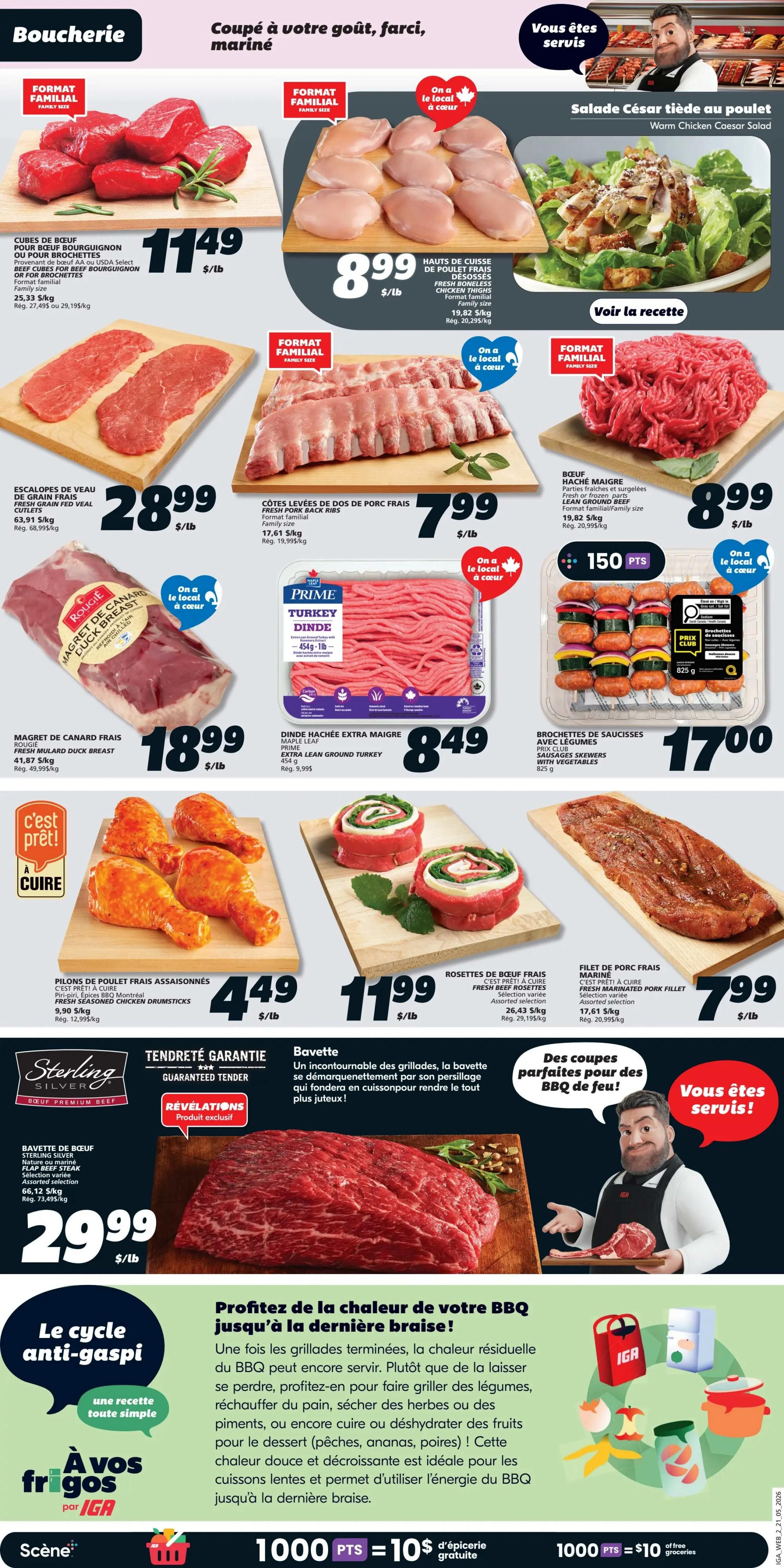 IGA Weekly Flyer Specials, Page 4. Featuring a variety of meat products. Top row includes Beef Cubes for stew or marinating at $11.49/lb, Fresh Boneless Chicken Thighs at $8.99/lb, and a Warm Chicken Caesar Salad. Middle row showcases Fresh Grain Fed Veal Cutlets at $28.99/lb, Fresh Pork Back Ribs at $7.99/lb, and Lean Ground Beef at $8.99/lb. Bottom row displays Fresh Moulard Duck Breast at $18.99/lb, Extra Lean Ground Turkey at $8.49/lb, and Sausages Skewers with Vegetables at $17.00. Also featured are Ready-to-Cook Seasoned Chicken Drumsticks at $4.49/lb, Fresh Beef Rosettes at $11.99/lb, and Fresh Marinated Pork Fillet at $7.99/lb. Sterling Silver Premium Beef Flap Steak is available for $29.99/lb. The page also includes a 'Le cycle anti-gaspi' (anti-waste cycle) section with a simple recipe idea and a 'Vous êtes servis!' (You are served!) graphic. Additionally, there's a promotion for 1000 IGA points equaling $10 in free groceries.