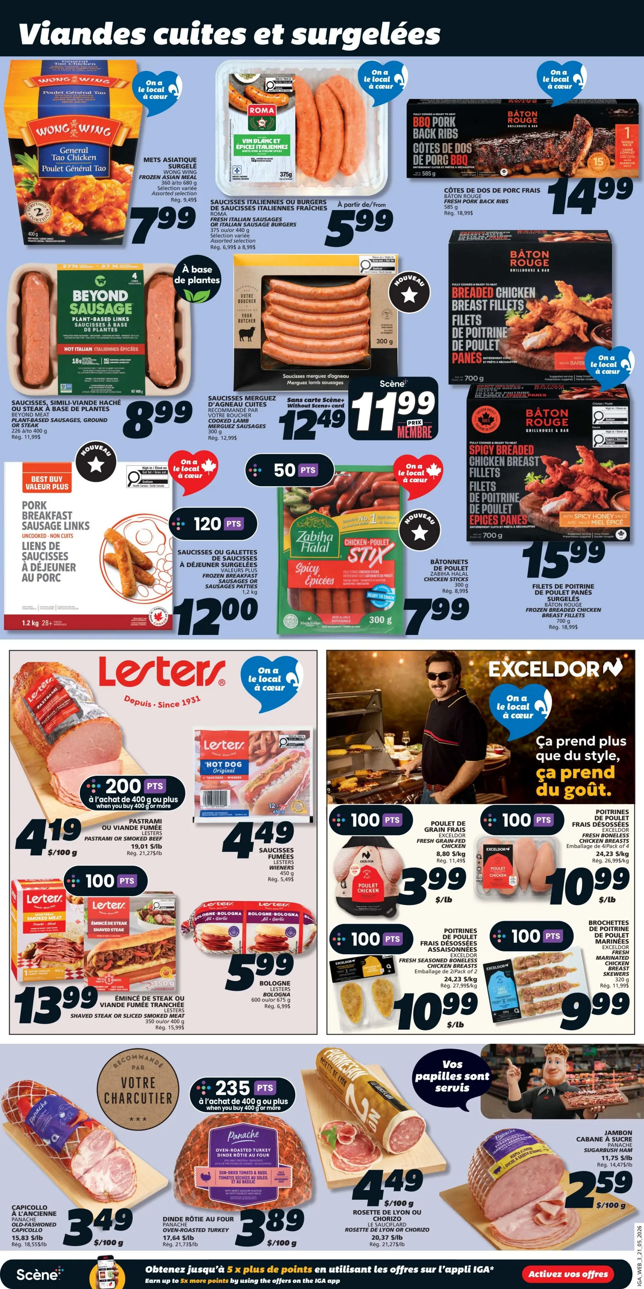 IGA Weekly Flyer Specials, Page 5, featuring a variety of cooked and frozen meats. Top row includes Wong Wing General Tao chicken for $7.99, Roma Italian sausages or burgers for $5.99, and Bâton Rouge fresh pork back ribs for $14.99. Middle row showcases Beyond Sausage plant-based links for $8.99, a new item of 'Your Butcher' lamb sausages for $11.99 with 50 Scene+ points, and Bâton Rouge breaded chicken breast fillets for $15.99. The bottom section highlights Lester's pastrami or smoked beef for $4.19/100g with 200 points when buying 400g or more, Lester's hot dogs for $4.49, and Bâton Rouge frozen breaded chicken breast fillets for $9.99. Also featured are Lester's Wiener sausages for $5.49, Lesters Bologna for $5.99, and Exceldorn fresh boneless chicken breasts for $3.99/lb with 100 points. Additional items include Panache oven-roasted turkey for $3.89/100g, a Rosette de Lyon or chorizo for $4.49/100g, and Sugarham cabane à sucre ham for $2.59/100g. The flyer also promotes earning 5x Scene+ points on select offers.