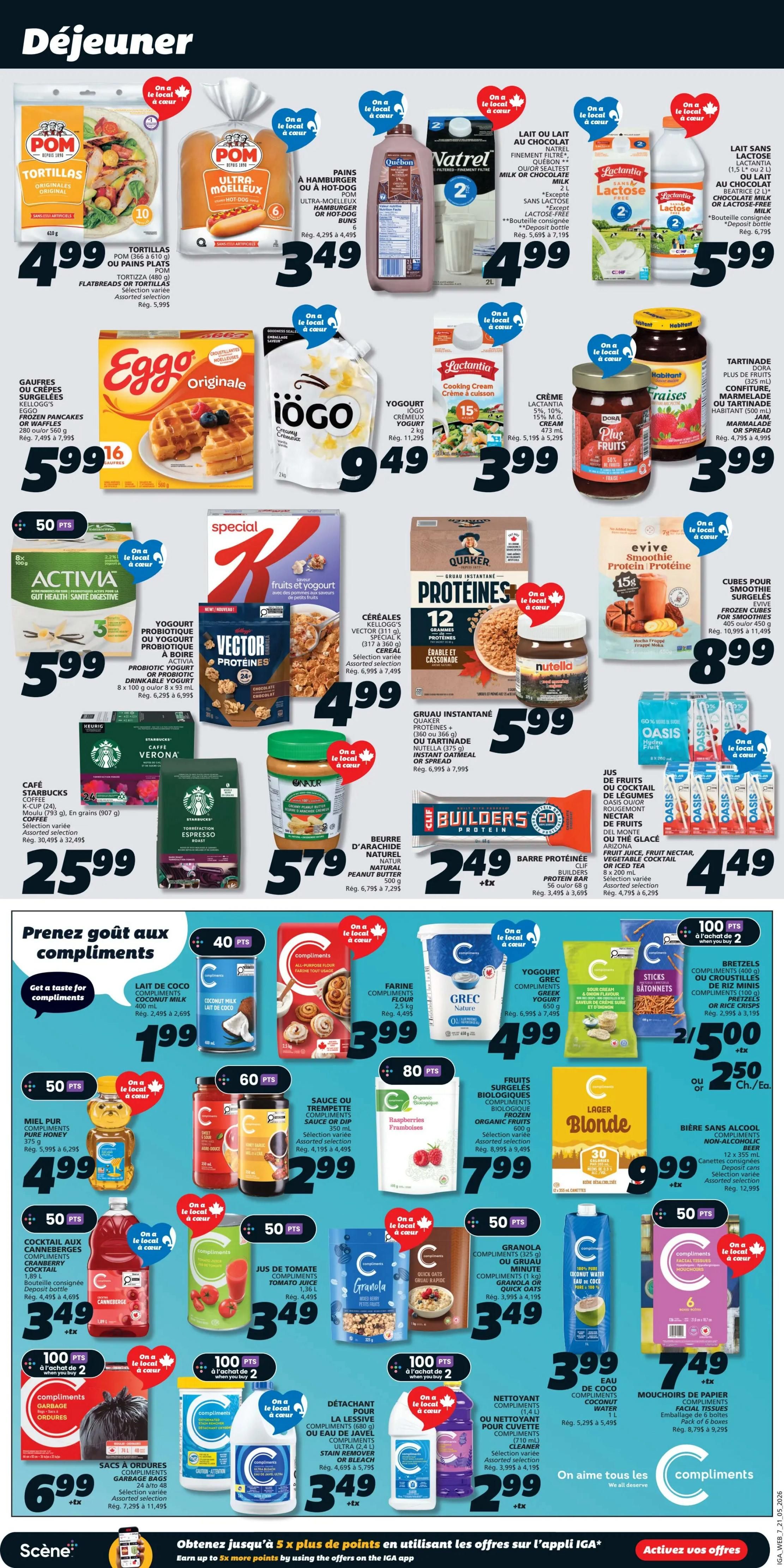 IGA Weekly Flyer Specials, Page 8, featuring breakfast items and complimentary products. Top section includes POM Tortillas for $4.99, POM Ultra-Moeilleux Hamburger or Hot Dog Buns for $3.49, Natrel Milk for $4.99, and Lactantia Milk for $5.99. Also featured are Eggo Waffles or Frozen Pancakes for $5.99, Iögo Creamy Yogurt for $9.49, Lactantia Cooking Cream for $3.99, and Dora Preserves for $3.99. Other breakfast items include Activia Yogurt for $5.99, Kello's Vector Protein Cereal for $4.99, Quaker Instant Oatmeal or Tartinade for $5.99, Starbucks Coffee for $25.99, and Naturl Peanut Butter for $5.79. Builders Protein Bars are $2.49. The bottom section highlights complimentary items: Coconut Milk for $1.99, All-Purpose Flour for $3.99, Greek Yogurt for $4.99, and Rice Crisps for 2 for $5.00. Pure Honey is $4.99, Compliments Sauce or Trempette is $2.99, and Organic Frozen Fruits are $7.99. Also available are Cranberry Cocktail for $3.49, Tomato Juice for $3.49, Granola or Quick Oats for $3.49, and Coconut Water for $3.99. Facial Tissues are $7.49. Garbage Bags are $6.99, and Laundry Detergent or Bleach are $3.49, and Household Cleaner for $2.99. The page also promotes earning 5x more points on the IGA app.