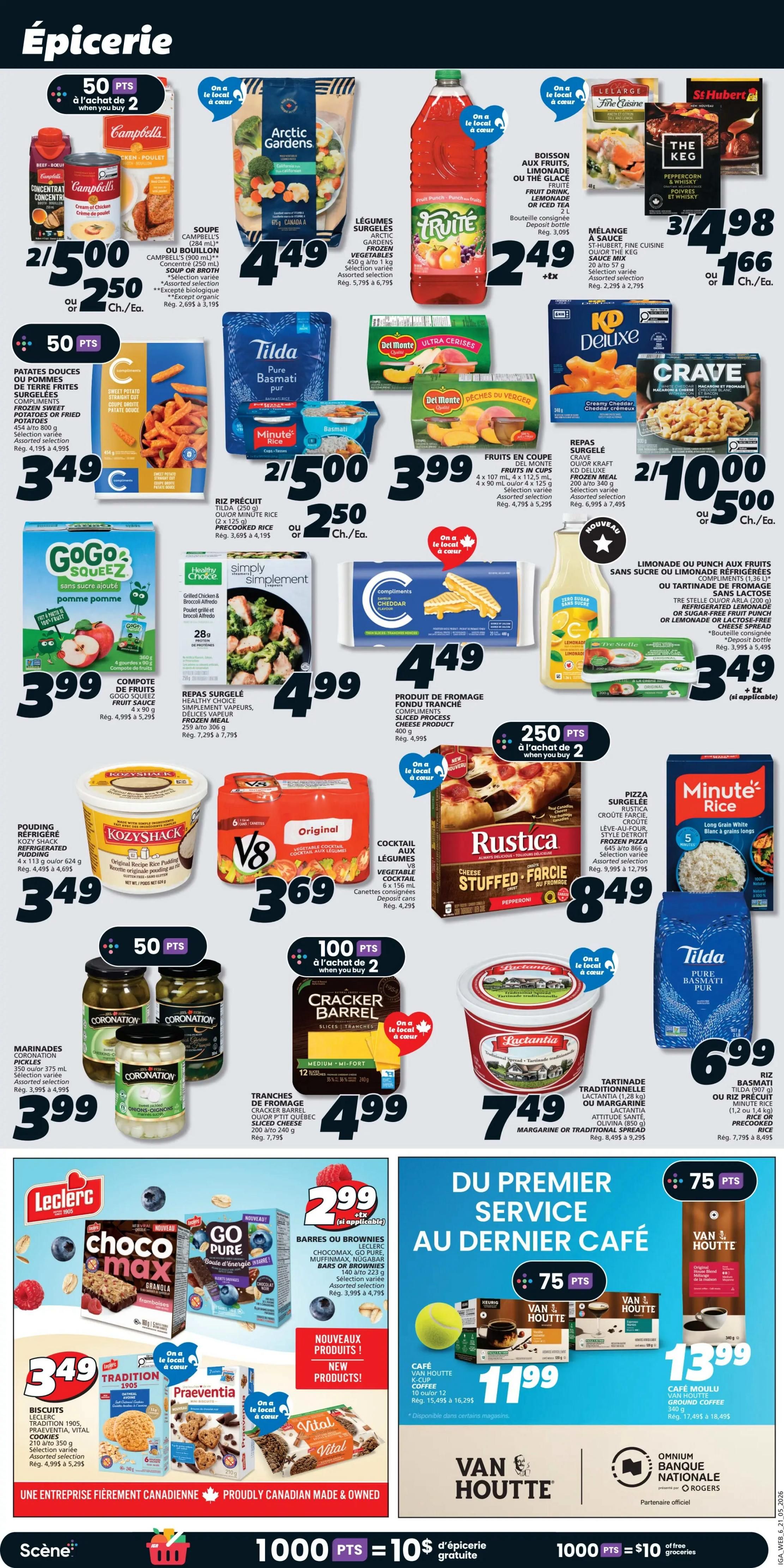 IGA Weekly Flyer Specials Page 9 features a variety of grocery items. Highlights include Campbell's Condensed Soup for 2 for $5.00, Arctic Gardens Frozen Vegetables for $4.49, and Frutté Fruit Punch for $2.49. Also featured are Tilda Pure Basmati Rice for 2 for $5.00, Del Monte Fruits in Cups for $3.99, and KD Deluxe Macaroni & Cheese or Crave Macaroni & Cheese for 2 for $10.00. Other deals include GoGo Squeez Apple Sauce for $3.99, Healthy Choice Simply Simply Chicken & Broccoli or other frozen meals for $4.99, and Compliments Sliced Process Cheese for $4.49. Refrigerated Kozy Shack Pudding is $3.49, V8 Vegetable Cocktail is $3.69, and Rustica Stuffed Crust Pizza is $8.49. Coronation Pickles are $3.99, Cracker Barrel Sliced Cheese is $4.99, and Lactantia Margarine or Traditional Spread is $7.49. Leclerc Choco Max or Go Pure Granola Bars are 2 for $2.99. Leclerc Biscuits Tradition 1905 or Praeventia Vital Cookies are $3.49. Van Houtte Coffee (K-Cup, Ground, or Instant) is $11.99, and Van Houtte Coffee Beans are $13.99. The page also promotes earning 1000 points for $10 in free groceries.