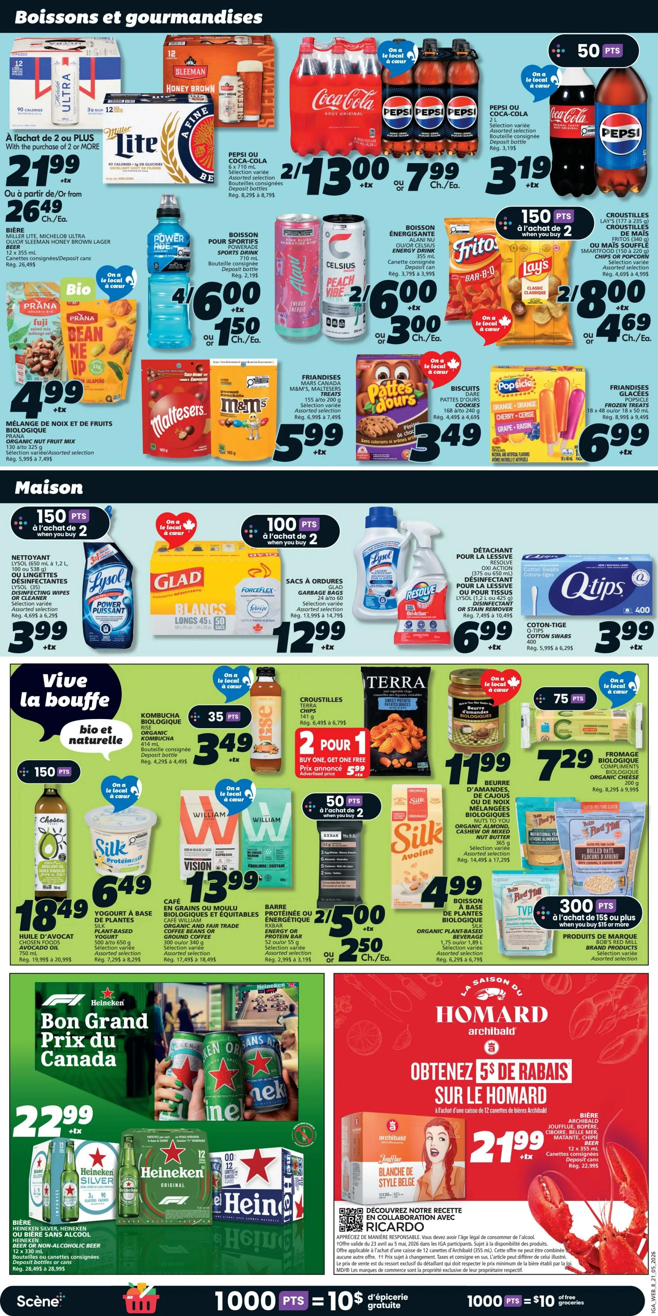 IGA Weekly Flyer Specials Page 10 features a variety of beverages and groceries. Top section showcases 'Boissons et gourmandises' with deals on Sleeman Honey Brown Lager, Miller Lite, Coca-Cola, and Pepsi. Also featured are Powerade Sports Drink, Celsius Energy Drink, Frito-Lay chips including Lays and Smartfood, and various friandises like M&M's, Maltesers, and Patte d'ours cookies. The 'Maison' section offers Lysol disinfectant wipes, Glad garbage bags, Resolve stain remover, and Q-tips cotton swabs. The 'Vive la bouffe' section highlights Rise Organic Kombucha, Terra Sweet Potato Chips, and organic cashew butter. Further down, find Silk Avocado Oil, Silk Plant-Based Yogurt, William Organic and Fair Trade Coffee, Rxbar Protein Bars, and organic plant-based beverages. The bottom section prominently displays Heineken, Silver, and non-alcoholic beer, along with Archibald beer featuring a special offer. Additional promotions include 'Bon Grand Prix du Canada' and 'Obtenez 5$ de rabais sur le homard' with a recipe collaboration. Points offers are available throughout the page, such as '1000 points = $10 d'épicerie gratuite' and '1000 points = $10 of groceries'.