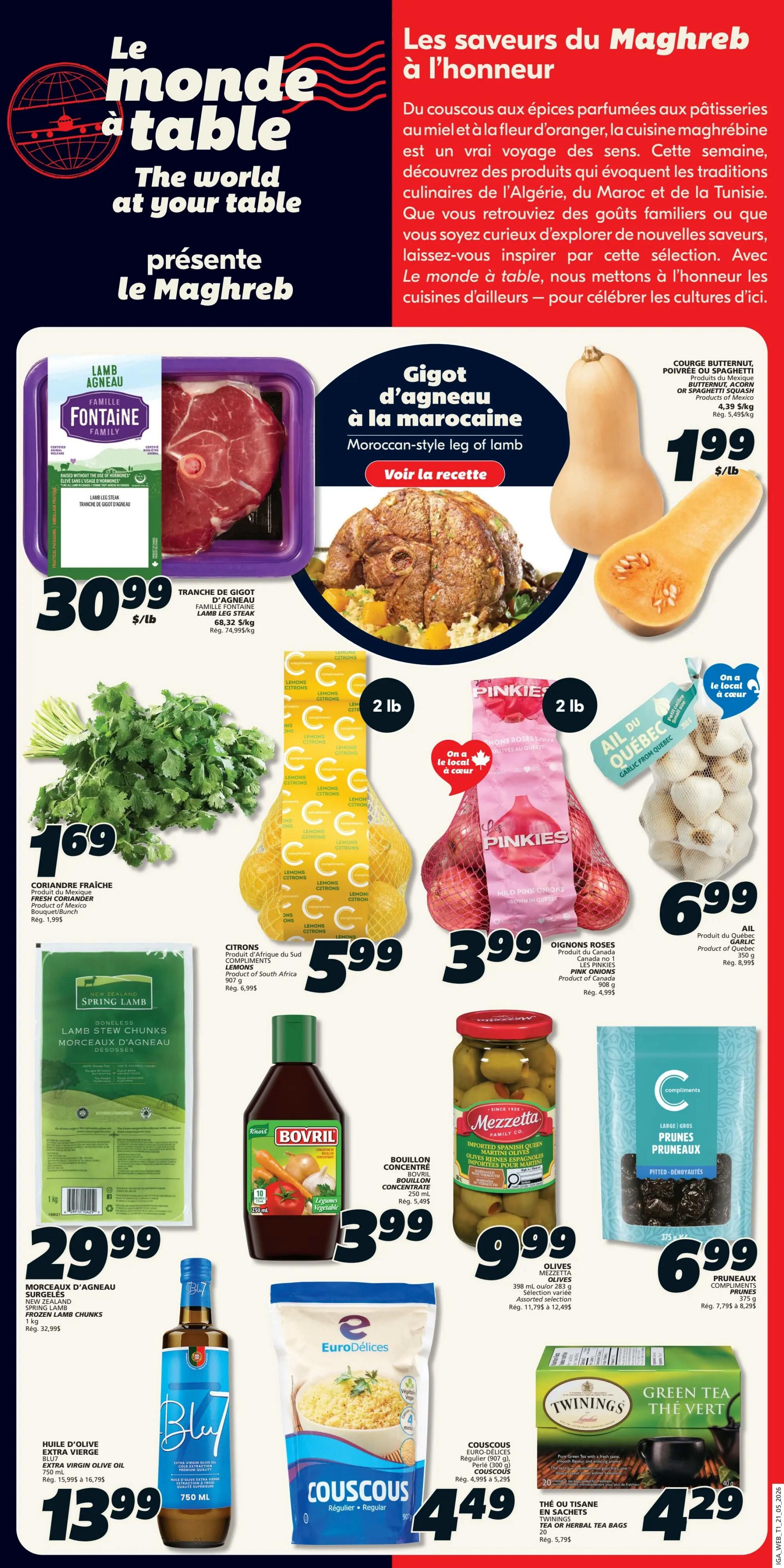 IGA Weekly Flyer Specials Page 13 features 'The world at your table' culinary theme. Highlights include Fontaine Family Lamb Leg Steak for $30.99/lb, Moroccan-style lamb leg with recipe suggestion, and Butternut or Spaghetti Squash for $1.99/lb. Also featured are Fresh Coriander for $1.69, Lemons for $5.99/2 lb bag, Pinkies Mild Pink Onions for $3.99/2 lb bag, and Garlic from Quebec for $6.99. Additional items include Bovril Concentrated Vegetable Broth for $3.99, Mezzetta Imported Spanish Queen Olives for $9.99, Compliments Pitted Prunes for $6.99, Blu7 Extra Virgin Olive Oil for $13.99, Euro-Delices Regular Couscous for $4.49, and Twinings Green Tea bags for $4.29.