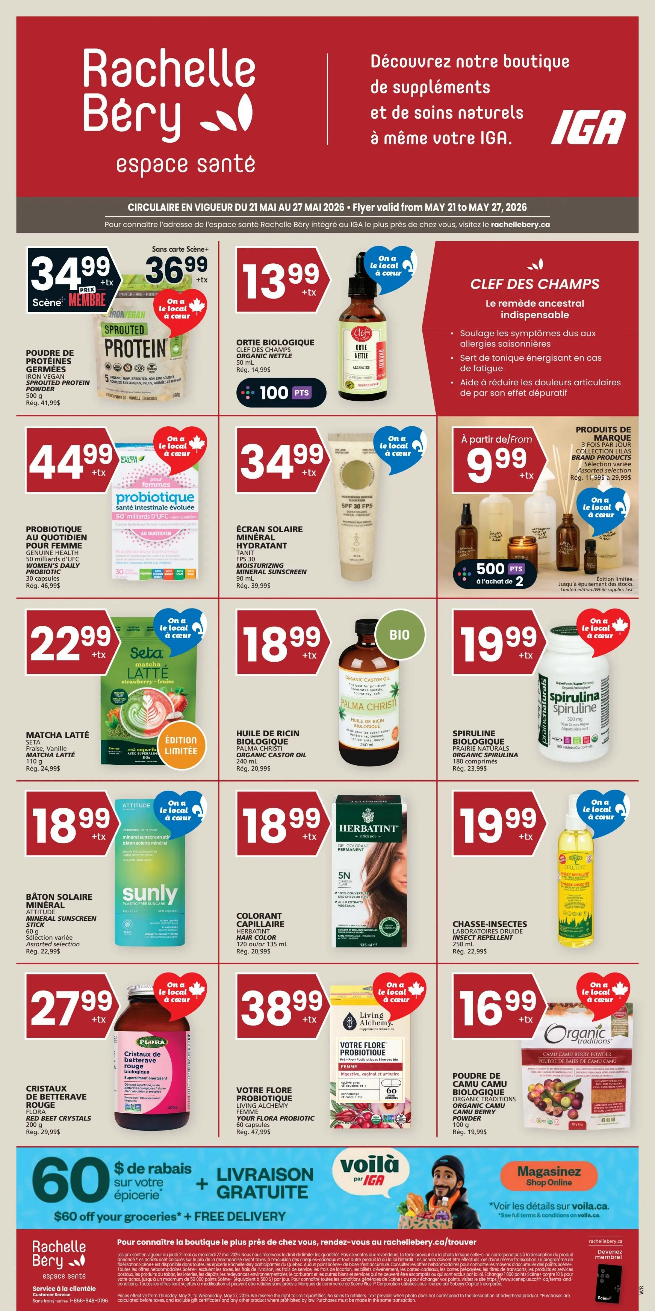 IGA Rachelle Bery flyer page 14 featuring health and natural care products. Deals include Iron Vegan Sprouted Protein Powder for $34.99, Organic Nettle Clef des Champs for $13.99, and Genuine Health Probiotic for $44.99. Also featured are Tanit Moisturizing Mineral Sunscreen SPF 30 for $34.99, Seta Matcha Latte for $22.99, Organic Castor Oil for $18.99, Spirulina Biologique for $19.99, Attitude Mineral Sunscreen Stick for $18.99, Herbatint Hair Color for $18.99, Druide Insect Repellent for $19.99, Flora Red Beet Crystals for $27.99, Living Alchemy Flora Probiotic for $38.99, and Organic Camu Camu Berry Powder for $16.99. The flyer also highlights a $60 off groceries offer with free delivery. Visit rachellebery.ca for more details.