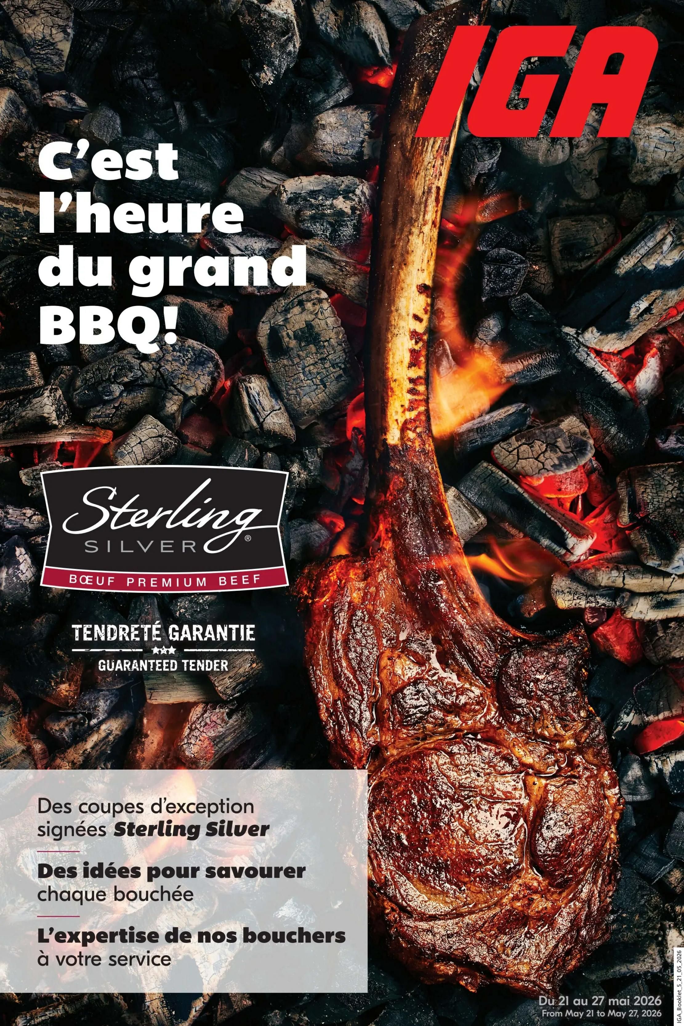 IGA flyer page featuring a large, juicy beef rib steak cooking over hot coals, symbolizing BBQ season. The page highlights Sterling Silver Premium Beef, emphasizing exceptional cuts and guaranteed tenderness. It also mentions ideas for enjoying each bite and the expertise of IGA butchers. The flyer is valid from May 21 to May 27, 2026.