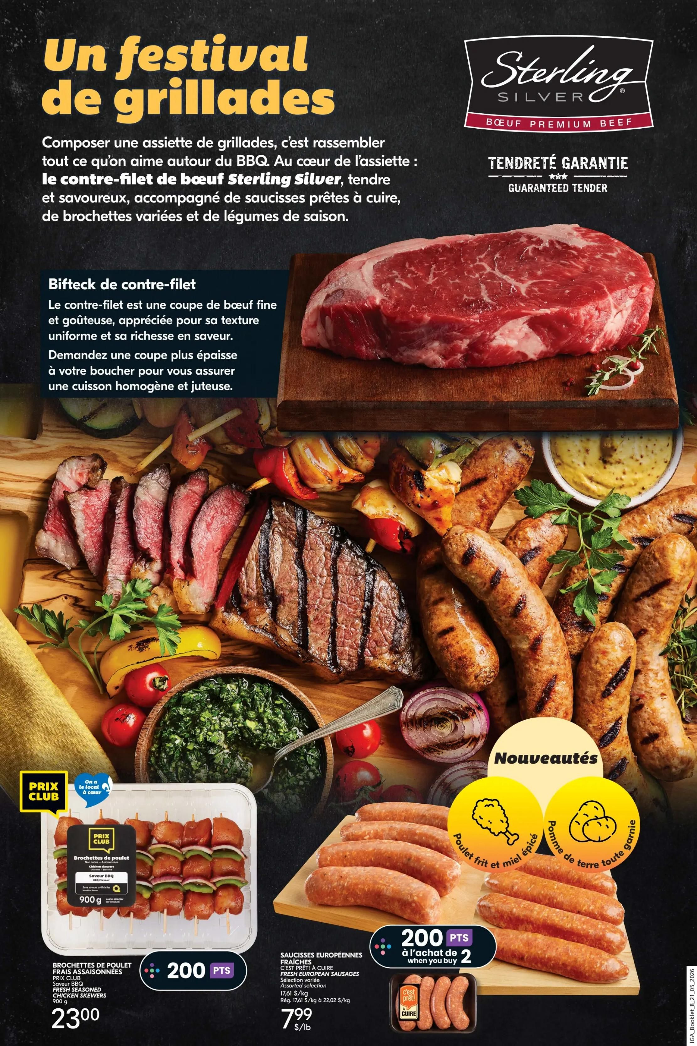 IGA Weekly Flyer Specials, Page 18. This page features a 'Grilling Festival' with Sterling Silver Premium Beef, guaranteed tender. A large, raw ribeye steak is showcased, along with sliced grilled steak, assorted sausages, and vegetable skewers. Featured products include: Fresh Seasoned Chicken Skewers, 900g, for $23.00 and 200 IGA points. Also available are Fresh European Sausages, assorted selection, for $7.99 per lb (regularly $17.61/kg or $22.02/kg). New arrivals include 'Fried Chicken' and 'Whole Baked Potatoes' sausages.