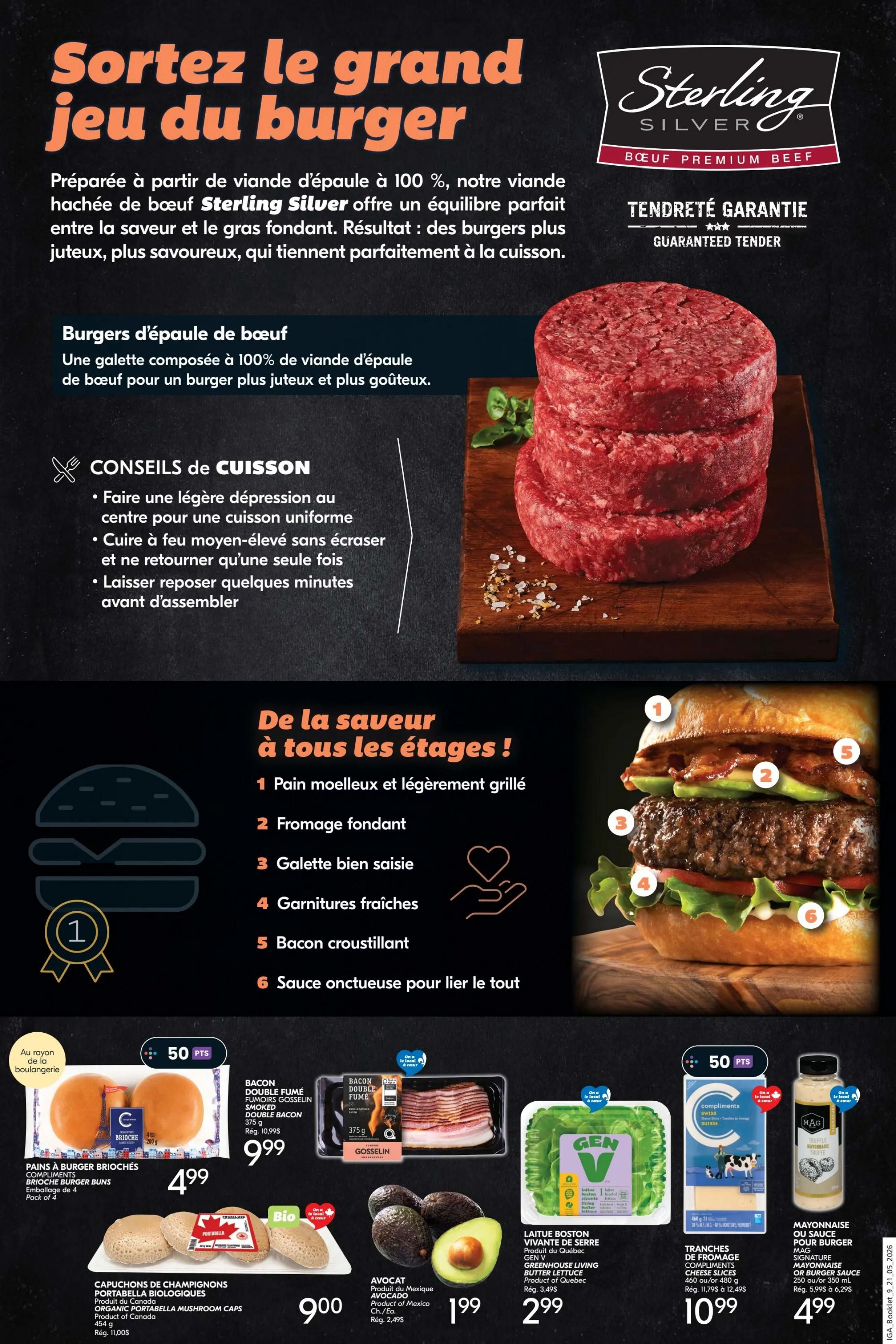 IGA Weekly Flyer Specials, Page 19. Feature: 'Sortez le grand jeu du burger' (Bring out the big burger game) with Sterling Silver 100% beef shoulder burgers, guaranteed tender. Cooking tips are provided. The page also showcases a 'From flavour to every level' burger assembly with 6 components: 1. Soft, lightly grilled bun, 2. Melting cheese, 3. Well-seared patty, 4. Fresh garnishes, 5. Crispy bacon, 6. Creamy sauce. Featured products include: Brioche burger buns, 4 pack for $4.99. Gosselin smoked double bacon, 375 g for $9.99. Organic Portabella mushroom caps, 454 g for $9.00. Gen V Greenhouse living Boston lettuce for $2.99. Compliments Swiss cheese slices, 480 g for $10.99. Avocados from Mexico for $1.99 each. Maggi mayonnaise or burger sauce, truffle flavour, 450 ml for $4.99.