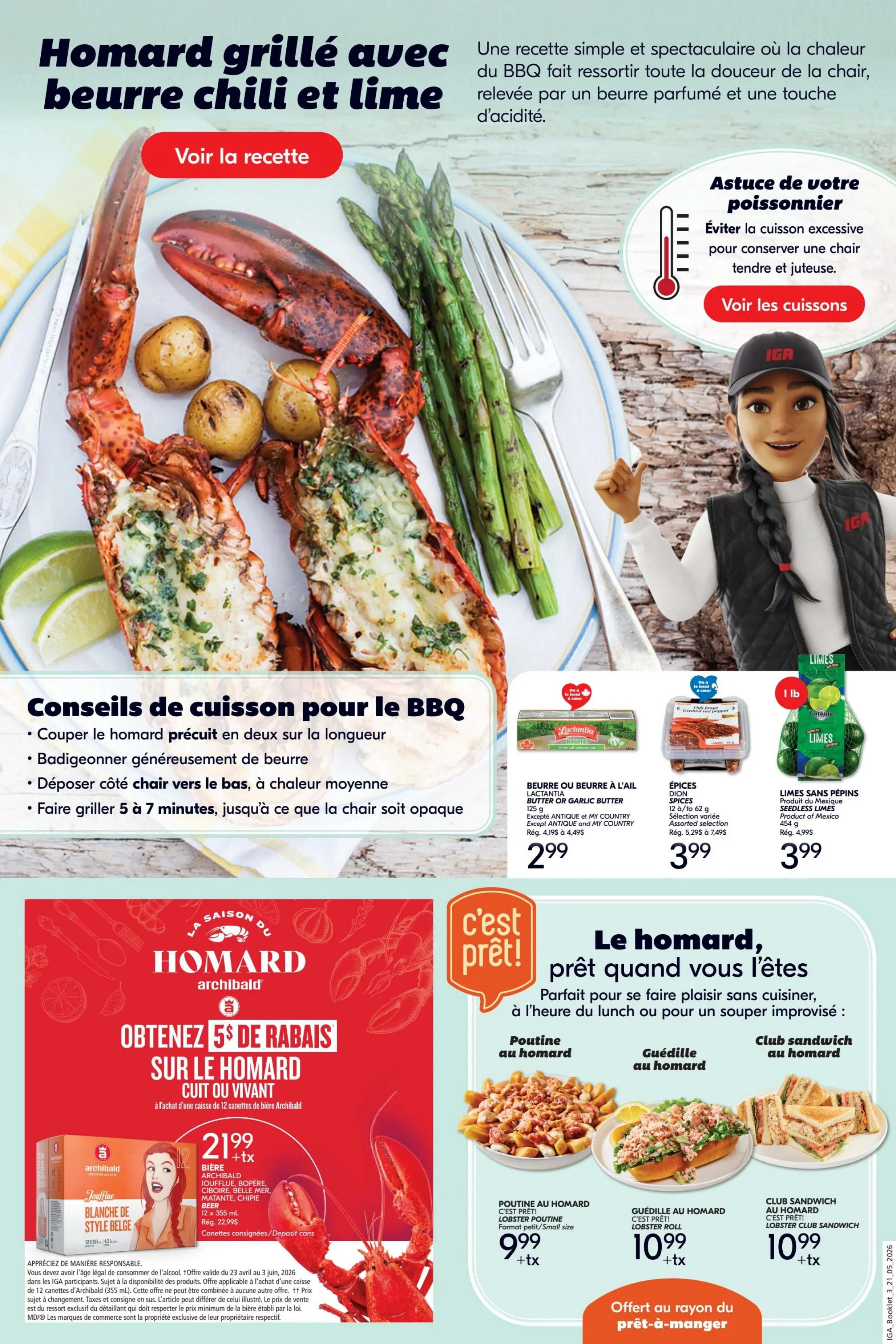 IGA Weekly Flyer Specials, Page 23. Features grilled lobster with chili-lime butter recipe, including tips for grilling lobster. Also showcases 'Lobster Poutine' for $9.99 + tax, 'Lobster Roll' for $10.99 + tax, and 'Lobster Club Sandwich' for $10.99 + tax, all from the 'ready-to-eat' section. Other featured items include Lactantia Butter or Garlic Butter for $2.99, D'épices Dion Spices for $3.99, and Seedless Limes for $3.99. There is also an offer for $5 off Archibald lobster when purchasing a case of 12 Archibald beers, with the beer priced at $21.99 + tax.