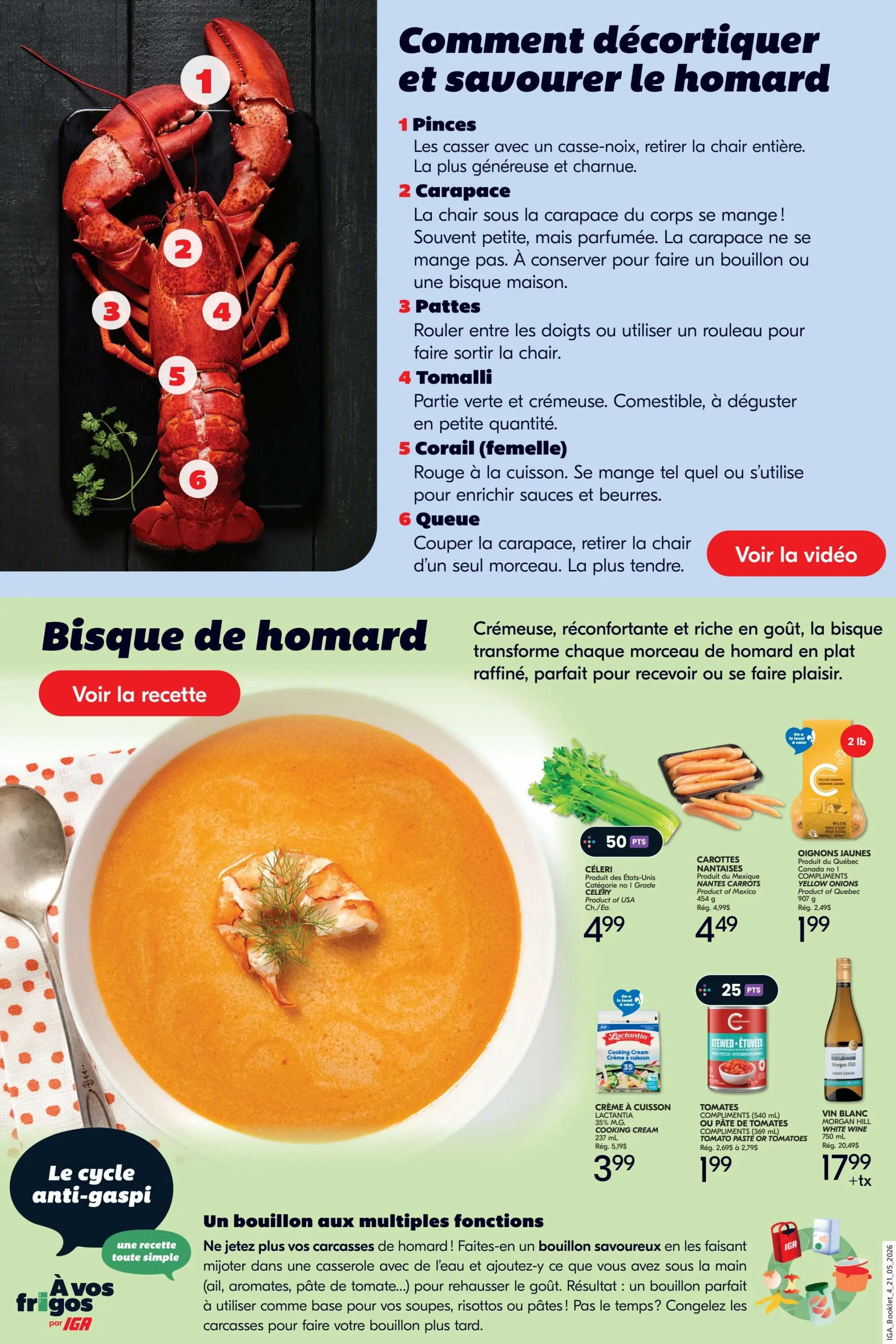 IGA Weekly Flyer Specials, Page 24. This page features a guide on how to prepare lobster, detailing how to extract meat from the claws, carapace, legs, tomalley, coral, and tail. It also showcases a recipe for lobster bisque, described as creamy, comforting, and rich in flavour. Featured products include Celery from the USA for $4.99, Nantes Carrots from Mexico for $4.49, and Yellow Onions from Quebec for $1.99. Also available is Lactantia Cooking Cream for $3.99, Compliments Tomato Paste or Tomatoes for $1.99, and Morgan Hill White Wine for $17.99 plus tax. The page highlights a 'no-waste' cycle with a recipe for making lobster broth from shells.