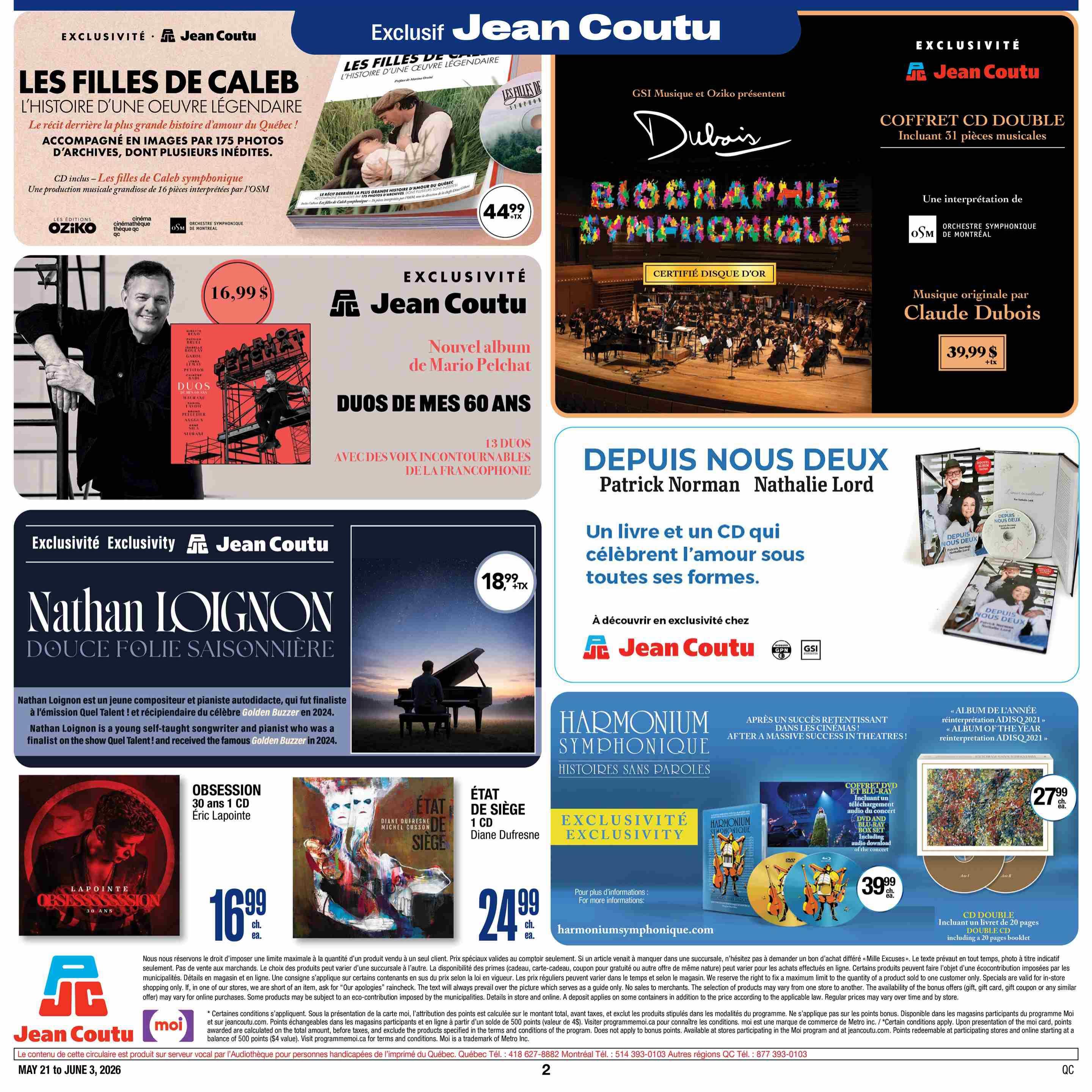 Jean Coutu flyer page 4 features exclusive music and book releases. Featured items include 'Les Filles de Caleb' CD with 16 songs for $44.99 + tax, 'Biographe Symphonique' by Claude Dubois CD box set with 31 musical pieces for $39.99 + tax, and the 'Nathan Loignon: Douce Folie Saisonnière' CD for $18.99 + tax. Also available is 'Obsession 30 ans' CD by Éric Lapointe for $16.99 each, and 'État de Siège' CD by Diane Dufresne for $24.99 each. The 'Depuis Nous Deux' book and CD set by Patrick Norman and Nathalie Lord is also featured. Additionally, the 'Harmonium Symphonique: Histoires Sans Paroles' CD is available for $27.99 each, and a 'Harmonium Symphonique' DVD and Blu-ray box set including concert audio and download is priced at $39.99 each. The flyer is valid from May 21 to June 3, 2026.