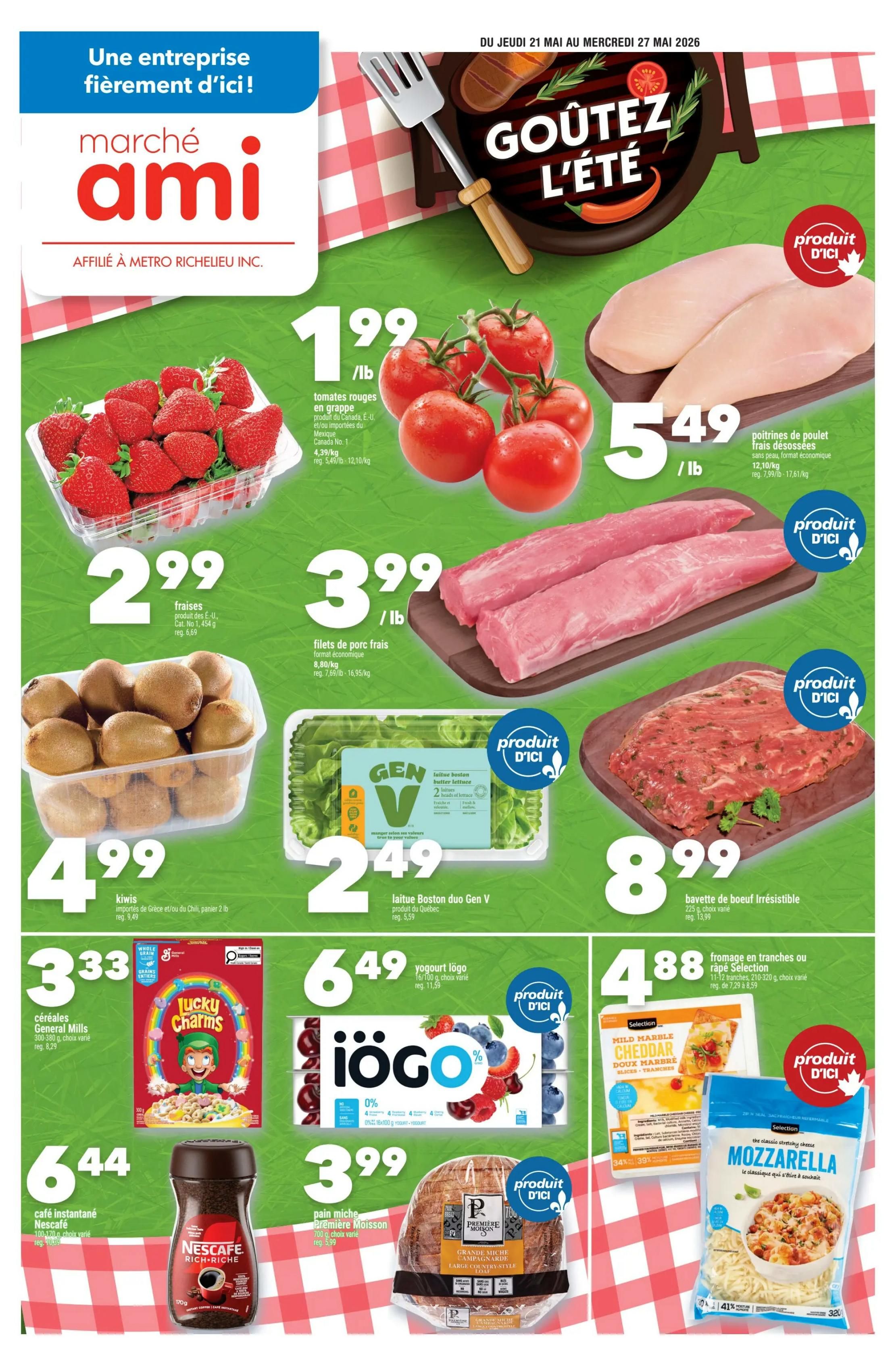Marché Ami weekly flyer specials page 1 features a 'Taste the Summer' theme. Featured products include strawberries for $2.99, tomatoes on the vine for $1.99/lb, kiwis for $4.99, and Boston Duo Gen V butter lettuce for $2.49. Meat specials include boneless chicken breasts for $5.49/lb and irresistible beef brisket for $8.99. Also on sale are General Mills cereals like Lucky Charms for $3.33, Iögo yogurt for $6.49, Nescafe instant coffee for $6.44, Première Moisson whole grain bread for $3.99, and Selection shredded mozzarella cheese for $4.88.