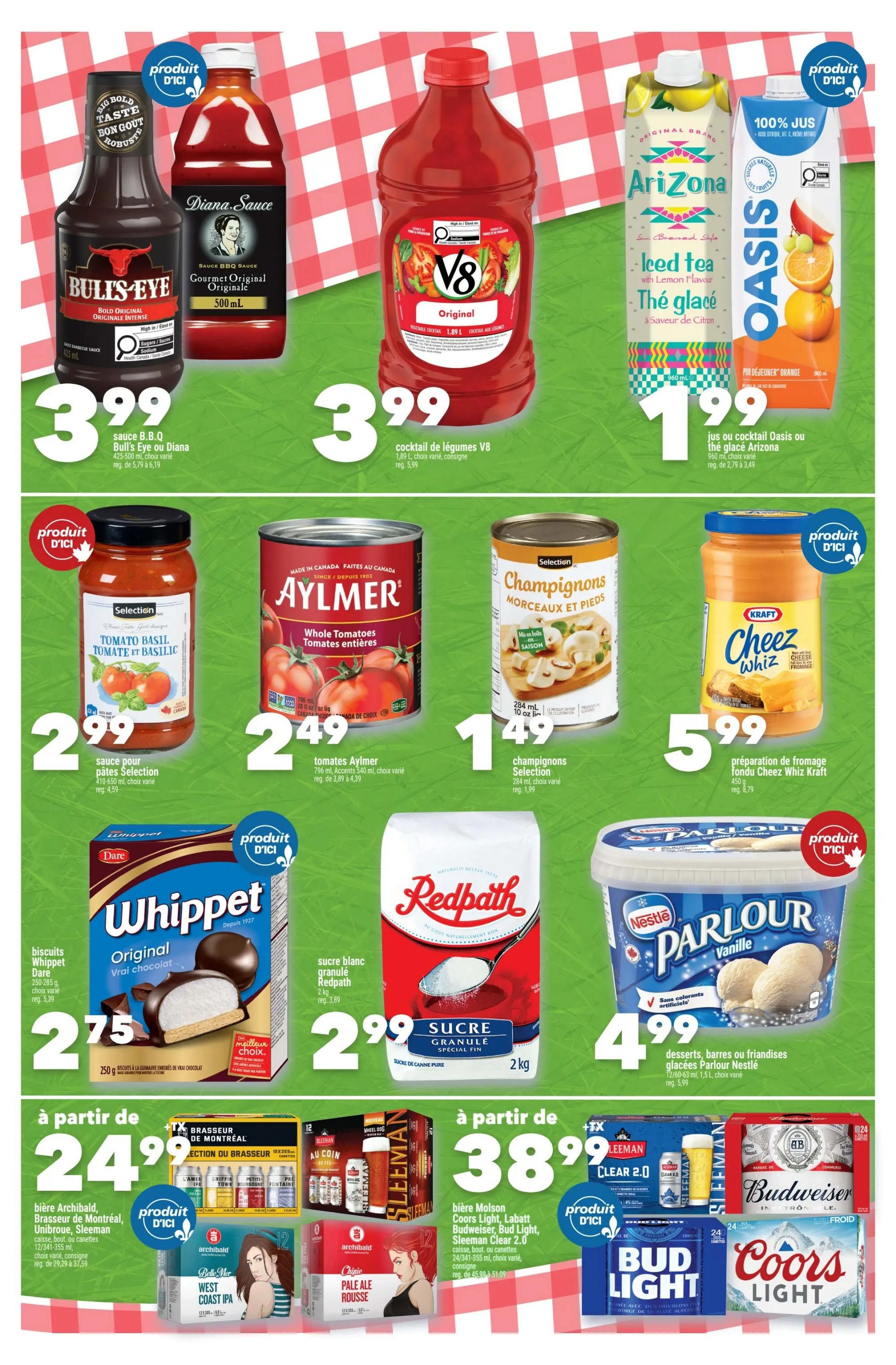 Marché Ami weekly flyer specials page 2. Featured products include Bull's Eye B.B.Q. sauce for $3.99, Diana Sauce Original for $3.99, V8 Original vegetable cocktail for $3.99, Arizona Iced Tea or Oasis juice for $1.99. Also on sale are Selection Tomato Basil pasta sauce for $2.99, Aylmer whole tomatoes for $2.49, Selection sliced mushrooms for $1.49, and Kraft Cheez Whiz cheese spread for $5.99. Dare Whippet chocolate biscuits are $2.75, Redpath granulated sugar is $2.99, and Nestlé Parlour vanilla ice cream or frozen desserts are $4.99. Beer specials include Archibald, Brasseur de Montréal, Unibroue, Sleeman beer cases starting at $24.99, and Molson Coors Light, Budweiser, Sleeman Clear 2.0 beer cases starting at $38.99.