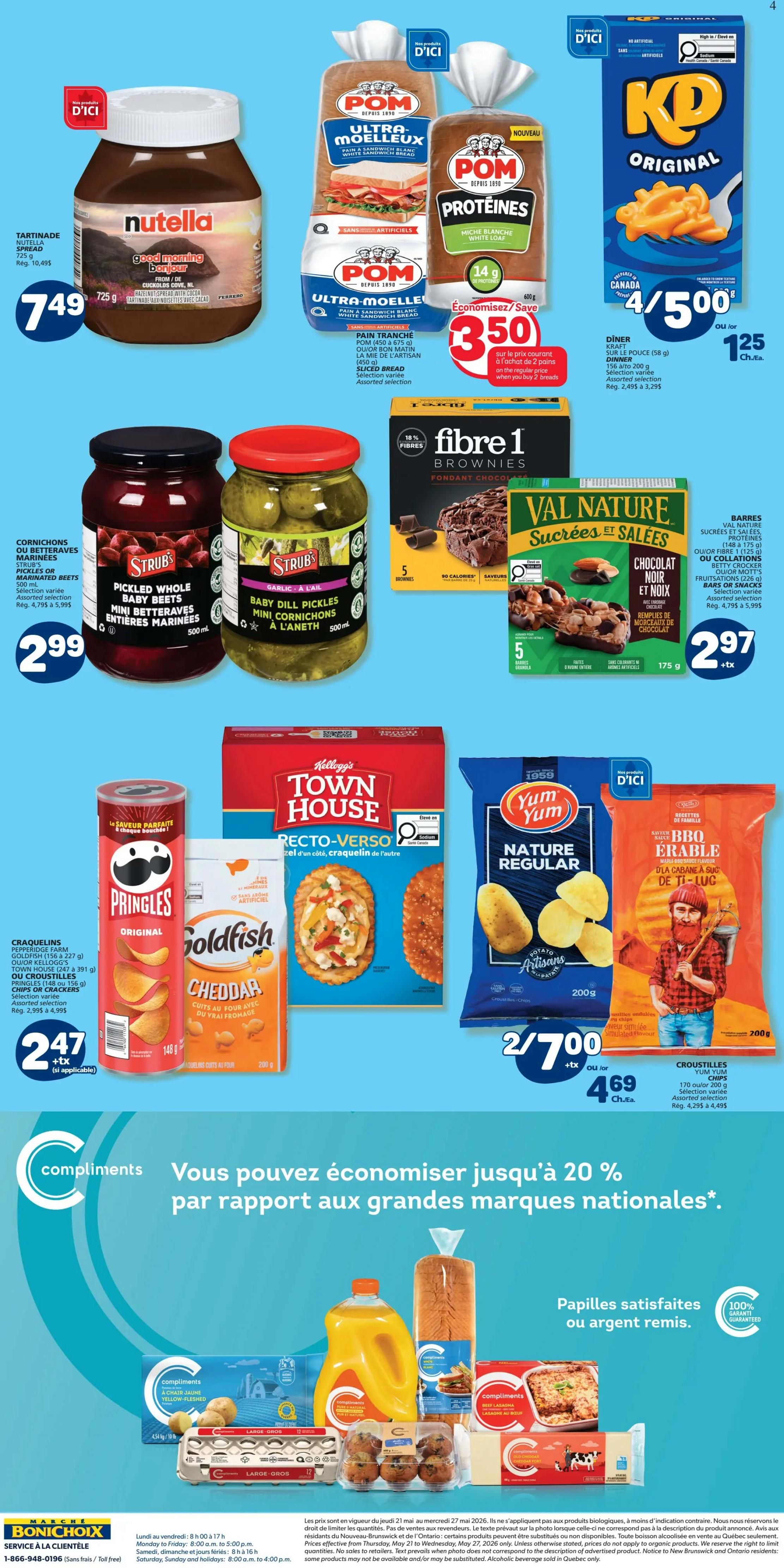 Marché Bonichoix weekly flyer specials page 2. Featuring Nutella spread 725 g for $7.49. POM Ultra-Moelleux and Protéines white sandwich bread are on sale for $3.50 when you buy 2. KD Original pasta and cheese dinner is 4 for $5.00 or $1.25 each. Strub's Pickled Whole Baby Beets and Baby Dill Pickles are $2.99. Fibre 1 Brownies are on sale. Val Nature chocolate bars are $2.97. Pringles Original chips and Goldfish Cheddar crackers are $2.47 each. Yum Yum Nature Regular potato chips are 2 for $7.00 or $4.69 each. Compliments brand products include yellow fleshed potatoes, juice, baked goods, and cheese. A message indicates you can save up to 20% on national brand products.