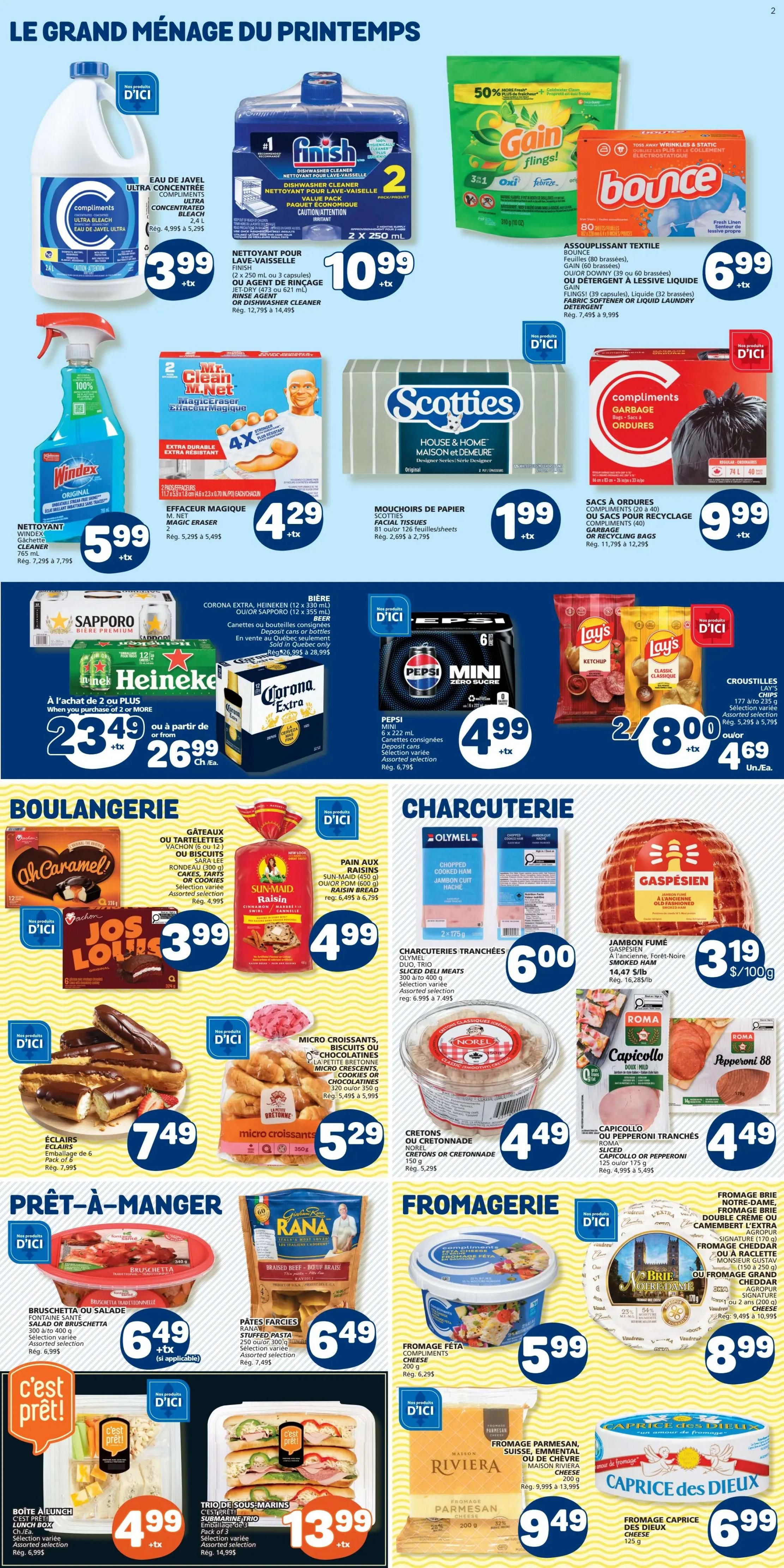Marché Bonichoix weekly flyer specials page 3 features a large selection of spring cleaning supplies and groceries. Top section includes Compliments Ultra Bleach for $3.99, Finish Dishwasher Cleaner for $10.99, Gain Flings or Bounce Fabric Softener for $6.99, Windex Original Glass Cleaner for $5.99, Mr. Clean Magic Eraser for $4.29, Scotties Facial Tissues for $1.99, and Compliments Garbage Bags for $9.99. Beverage deals feature Corona Extra, Heineken, or Sapporo beer at 2 for $23.49 when purchasing 2 or more, or $26.99 each. Pepsi Mini 6 x 222 mL is $4.99. Lay's Potato Chips are 2 for $8.00 or $4.69 each. The 'Boulangerie' section offers Ah Caramel Jos Louis cakes for $3.99, Sun-Maid Raisin Bread for $4.99, assorted pastries like éclairs for $7.49, and micro croissants for $5.29. The 'Charcuterie' section includes Olymel Chopped Ham for $6.00, Gaspésien Smoked Ham for $3.19 per 100g, and assorted sliced meats like Capicollo or Pepperoni for $4.49. The 'Prêt-à-Manger' section has Rana Braised Beef Stuffed Pasta for $6.49, and 'C'est Prêt' lunch boxes for $4.99, and Trio de Sous-Marins sandwiches for $13.99. The 'Fromagerie' section offers Compliments Feta Cheese for $5.99, Notre-Dame Brie or Fromage Brie Doux for $8.99, and Riviera Parmesan Cheese for $9.49. Finally, Caprice des Dieux cheese is $6.99.