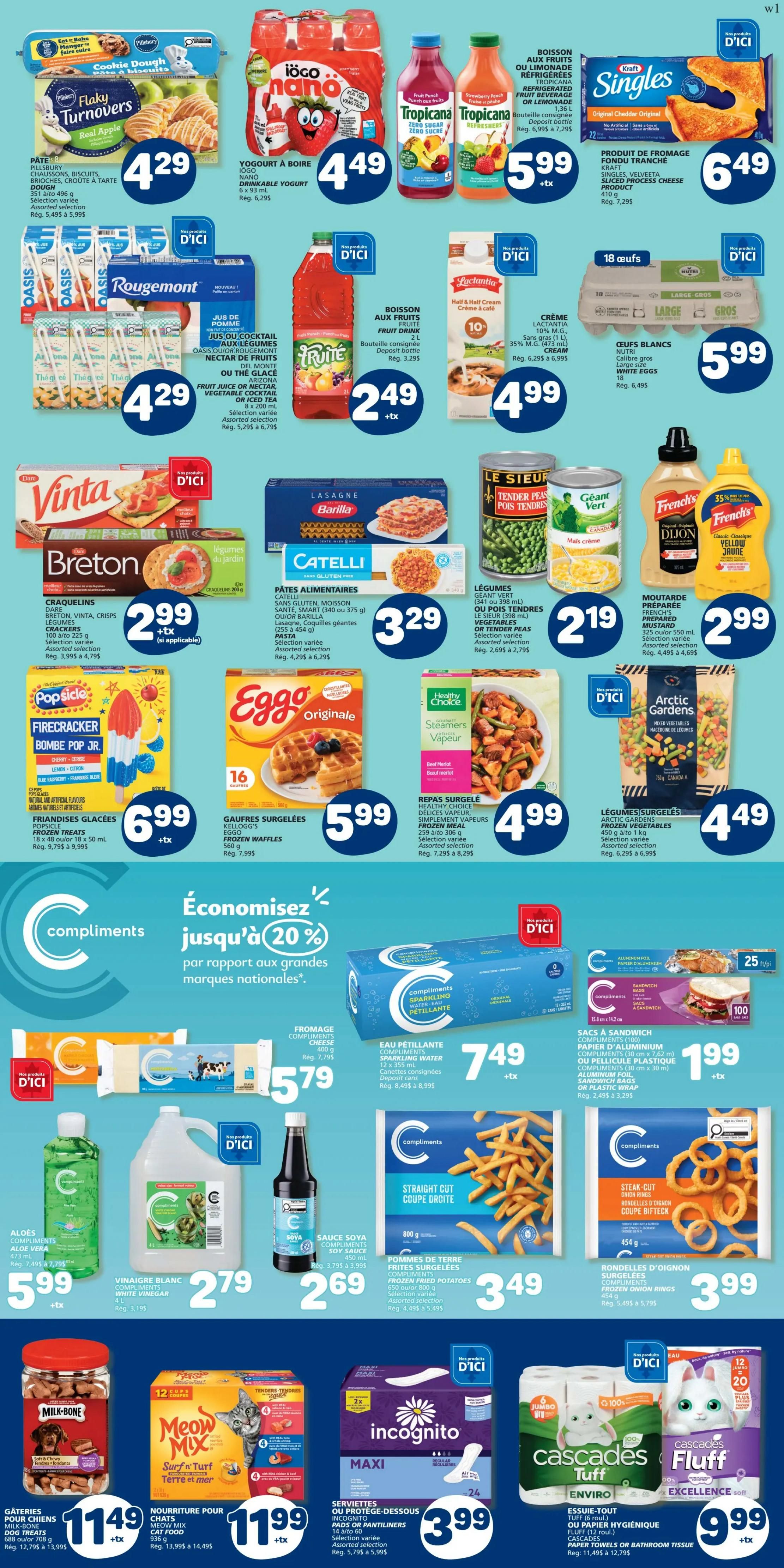 Marché Bonichoix flyer page 5 featuring a variety of grocery items. Top row includes Pillsbury Flaky Turnovers for $4.29, Iögo Nano Drinkable Yogurt for $4.49, and Tropicana Refresha drinks for $5.99. Also featured are Kraft Singles Sliced Process Cheese for $6.49. Middle row shows Rougemont Juice for $4.29, Fruitopia Fruit Drink for $2.49, Lactantia Half & Half Cream for $4.99, and Nutri Large White Eggs for $5.99. The next row displays Vinta Breton Crackers for $2.99, Barilla Catelli Lasagna for $3.29, Le Sieur Tender Peas and Green Giant Corn for $2.19, and French's Mustard for $2.99. Bottom section highlights Popsicle Firecracker Frozen Treats for $6.99, Eggo Frozen Waffles for $5.99, Healthy Choice Frozen Steamers for $4.99, and Arctic Gardens Frozen Vegetables for $4.49. A 'Compliments' section offers savings up to 20% on national brands, featuring Compliments Cheese for $5.79, Compliments Sparkling Water for $7.49, Compliments Aluminum Foil and Plastic Wrap for $1.99, Compliments Aloe Vera Drink for $5.99, Compliments White Vinegar for $2.79, Compliments Soy Sauce for $2.69, Compliments Frozen French Fries for $3.49, and Compliments Frozen Onion Rings for $3.99. The bottom row includes Milk-Bone Dog Treats for $11.49, Meow Mix Cat Food for $11.99, Incognito Maxi Pads for $3.99, Cascades Tuff Toilet Paper for $9.99, and Cascades Fluff Toilet Paper for $9.99.