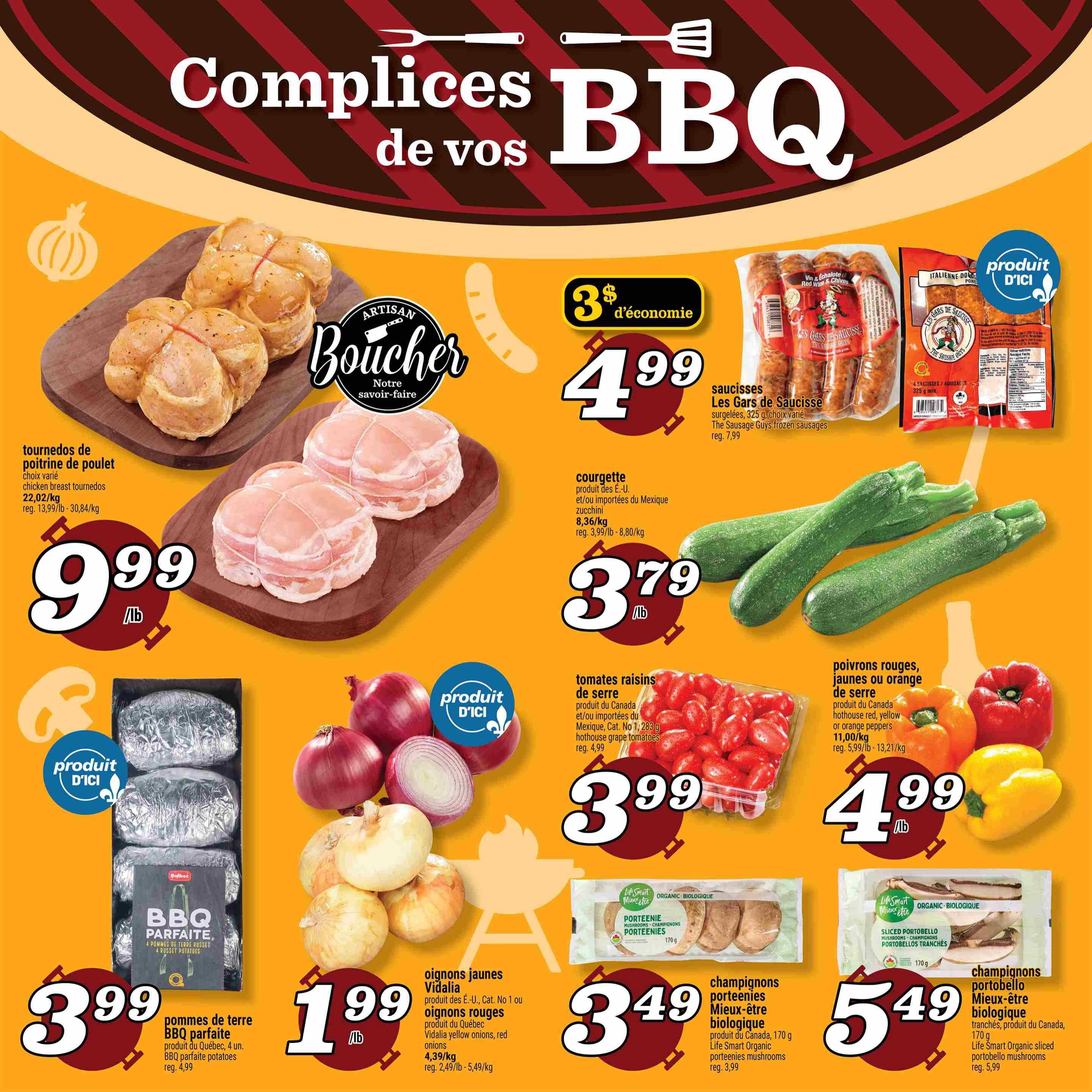 Marché Richelieu weekly flyer specials page 3 features BBQ-themed items. Highlights include chicken breast tournedos for $9.99/lb, BBQ perfect potatoes for $3.99, and yellow or red onions for $1.99/lb. Also featured are Les Gars de Saucisse frozen sausages on sale for $4.99 with a $3 savings, zucchini for $3.79/lb, hothouse red, yellow, or orange peppers for $4.99/lb, and Life Smart Organic sliced portobello mushrooms for $5.49. The page also shows a 'Produit D'Ici' (Product from Here) label on the onions and potatoes.