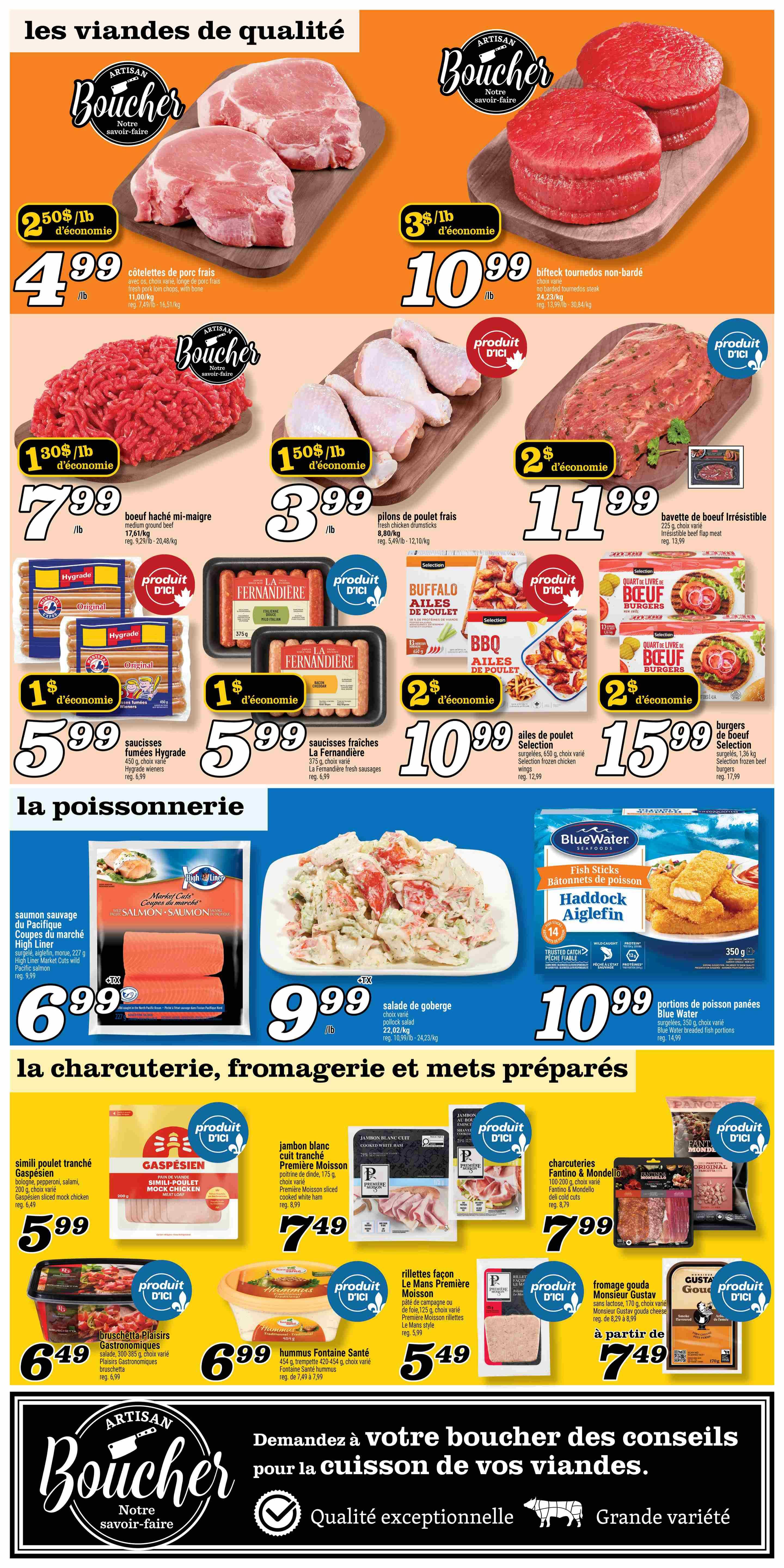 Marché Richelieu weekly flyer specials page 4. Quality meats section features fresh pork loin chops for $4.99/lb, boneless beef tournedos for $10.99/lb, medium ground beef for $7.99/lb, and fresh chicken drumsticks for $3.99/lb. Also available are Hygrade smoked sausages for $5.99, La Fernandière fresh sausages for $5.99, Selection buffalo chicken wings for $10.99, and Selection frozen beef burgers for $15.99. Seafood section includes High Liner wild salmon portions for $6.99, a goberge salad for $9.99, and Blue Water breaded fish portions for $10.99. Deli, cheese, and prepared meals section offers Gaspésien sliced mock chicken for $5.99, Premier Moisson sliced cooked white ham for $7.49, Fantino & Mondello assorted cold cuts for $7.99, Le Mans style chicken rillettes for $5.49, Fontaine Santé hummus for $6.99, and Monsieur Gustav cheese starting at $7.49. The flyer also includes a message from Artisan Boucher offering cooking tips for meats.