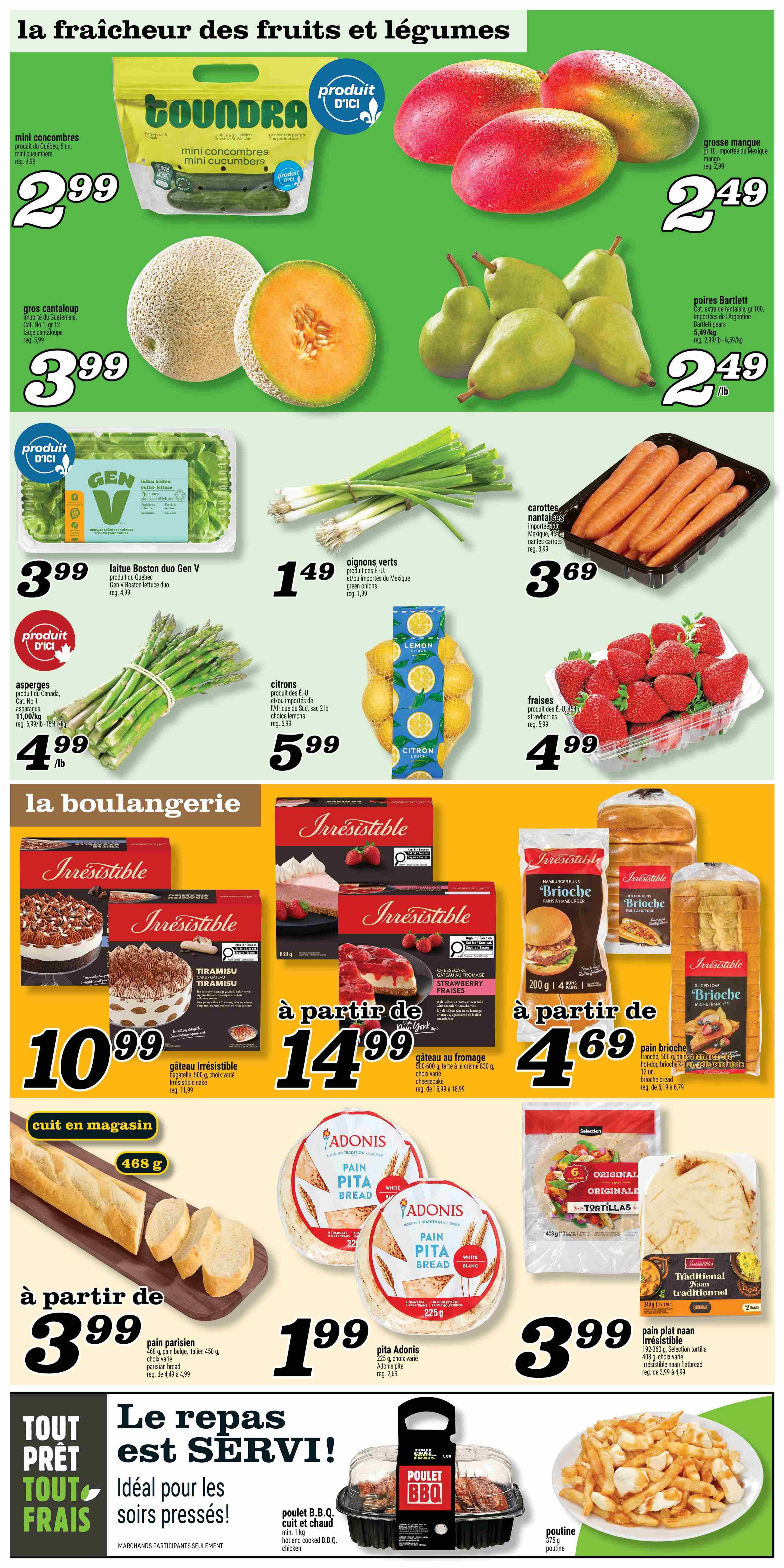 Marché Richelieu weekly flyer specials, page 5. Fresh produce includes Toundra mini cucumbers for $2.99, large mangoes for $2.49 each, Grosse mangue (large mango) imported from Mexico for $2.49 each, Grosse cantaloup (large cantaloupe) for $3.99, Bartlett pears for $2.49/lb, Gen V Boston lettuce duo for $3.99, green onions for $1.49, Nantes carrots for $3.69, asparagus for $4.99/lb, lemons for $5.99 per 2 lb bag, and strawberries for $4.99. Bakery items include Irrésistible Tiramisu cake for $10.99, Irrésistible strawberry cheesecake for $14.99, Irrésistible brioche hamburger buns for $4.69, and sliced loaf brioche for $4.69. Also featured is 468g of in-store baked Parisian bread starting at $3.99, Adonis pita bread for $1.99, and Irrésistible naan flatbread for $3.99. Meal deals include hot and cooked B.B.Q. chicken starting at $9.99 and poutine for $3.75.