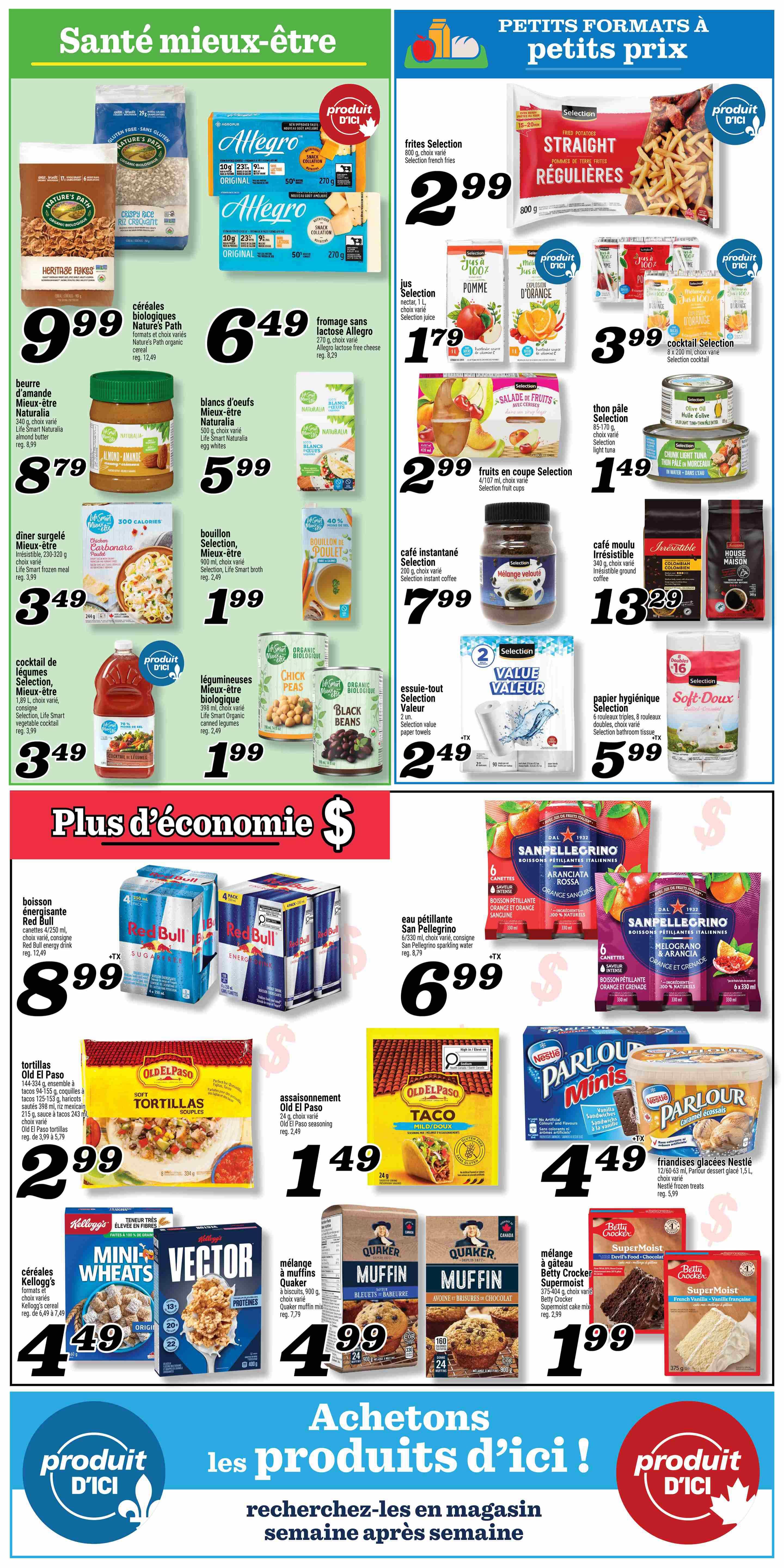 Marché Richelieu flyer page 6 features 'Healthy Living' and 'Small Portions, Small Prices' sections. Highlights include Nature's Path Heritage Flakes cereal for $9.99, Allegro lactose-free cheese for $6.49, and Selection frozen French fries for $2.99. Other deals are Nature's Path almond butter for $8.79, Nature's Path organic egg whites for $5.99, Selection fruit cups for $2.99, and Selection instant coffee for $7.99. Also featured are Selection frozen meals for $3.49, Selection chicken broth for $1.99, Selection organic canned chickpeas and black beans for $1.99, Selection instant coffee for $7.99, Selection irresistible ground coffee for $13.29, and Selection value paper towels for $2.49. Soft-Doux bathroom tissue is $5.99. Beverages include Red Bull energy drinks for $8.99 and San Pellegrino sparkling water for $6.99. Old El Paso soft tortillas are $2.99, and Old El Paso taco seasoning is $1.49. Nestlé Parlour frozen treats are $4.49. Quaker muffin mixes (blueberry and chocolate chip) are $4.99. Betty Crocker SuperMoist cake mixes (chocolate and French vanilla) are $1.99. The bottom section promotes 'Buy Local Products!