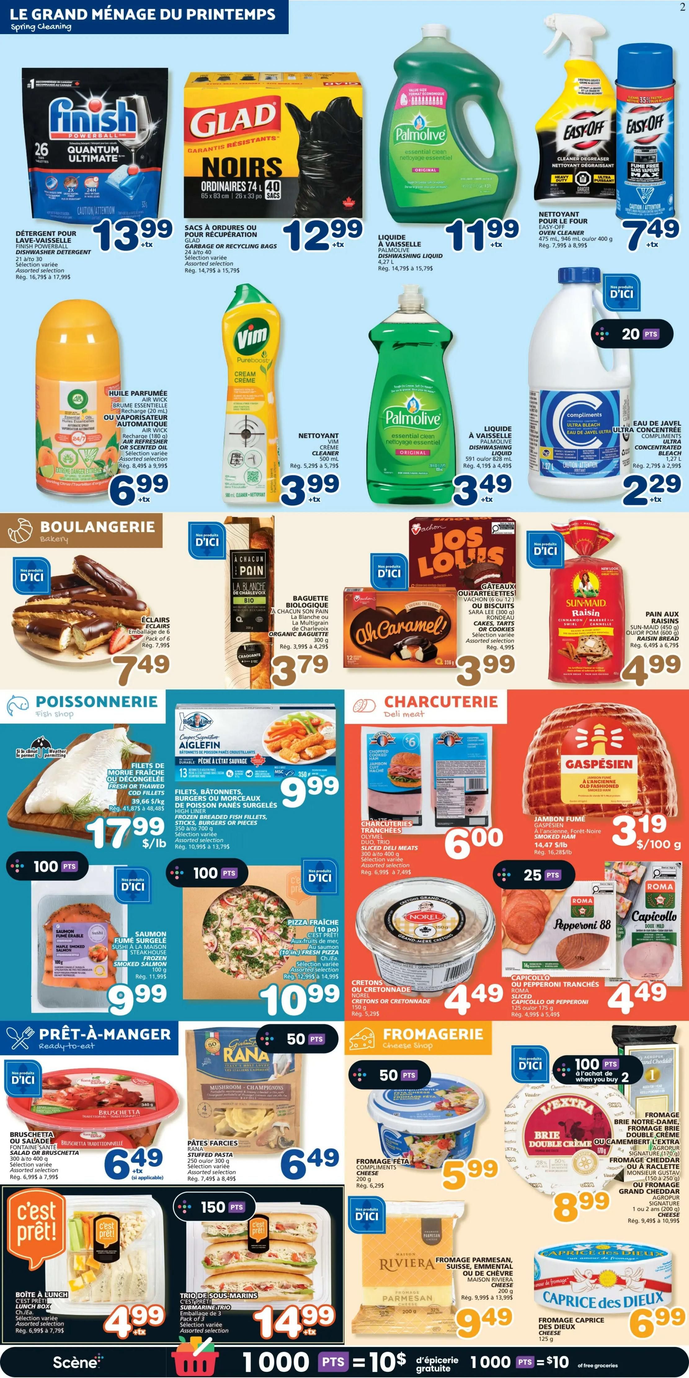 Marchés Tradition weekly flyer specials, page 3, featuring Spring Cleaning products including Finish Quantum Ultimate dishwasher detergent for $13.99, Glad garbage or recycling bags for $12.99, Palmolive dishwashing liquid for $11.99, and Easy-Off oven cleaner for $7.49. Also available are Air Wick scented oil refills for $6.99, Vim cream cleaner for $3.99, and Palmolive dishwashing liquid for $3.49. Compliments ultra concentrated bleach is $2.29. Bakery items include Éclairs for $7.49, A Chacun Son Pain organic baguette for $3.79, and Jos Louis cakes for $3.99. Sun-Maid raisin bread is $4.99. Fish shop specials feature High Liner frozen breaded fish fillets, burgers, or fish pieces for $17.99/lb, and High Liner smoked salmon for $9.99. Deli meat offers include assorted charcuterie trays for $6.00, and Gaspésien smoked ham for $3.19/100 g. Cheese shop items include fresh pizza for $10.99, Norell cream cheese for $4.49, sliced capicollo or pepperoni for $4.49, and various cheeses like feta for $5.99, Brie double cream for $8.99, and Caprice des Dieux cheese for $6.99. Ready-to-eat section includes Bruschetta or traditional bruschetta salad for $6.49, stuffed pasta for $6.49, lunch boxes for $4.99, and submarine trios for $14.99. Riviera Parmesan cheese is $9.49.