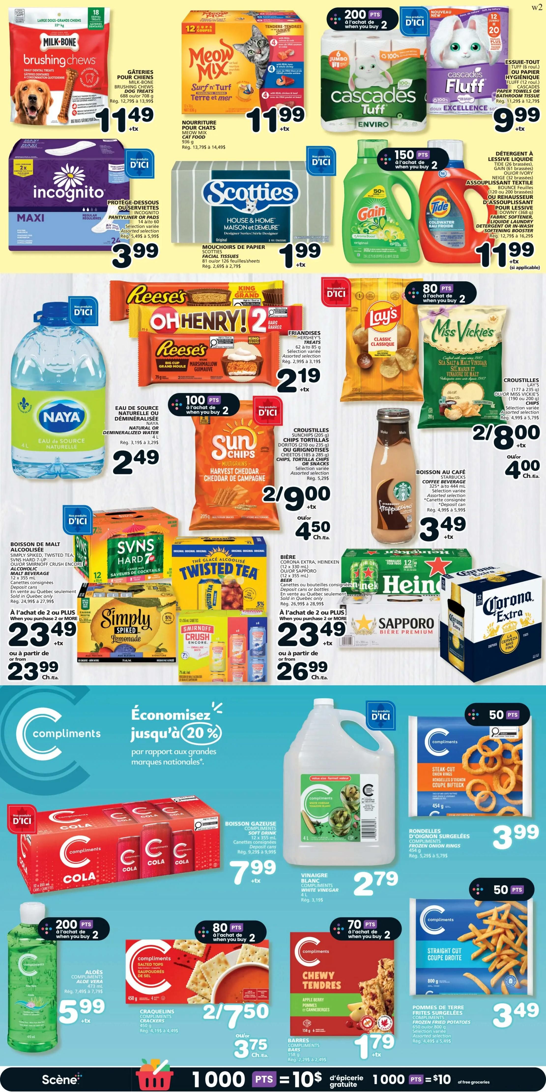 Marchés Tradition weekly flyer specials page 6 features a variety of products. Top row includes Milk-Bone brushing chews for dogs at $11.49, Meow Mix cat food for $11.99, Cascades Tuff toilet paper for $11.99, and Fluff toilet paper for $9.99. Second row showcases Incognito maxi pads for $3.99, Scotties House & Home facial tissues for $1.99, Gain dish soap and Tide detergent for $11.99 each when you buy 2. The middle section highlights Reese's Oh Henry! bars and Hershey's bars for $2.19, Lay's classic chips and Miss Vickie's chips for $2.99 when you buy 2, Naya natural or demineralized water 4L for $2.49, SunChips multigrain harvest cheddar chips for 2 for $9.00 or $4.50 each, and Starbucks Frappuccino coffee beverage for $3.49. The bottom section features Simply Spiked, Twisted Tea, and SVNS Hard beverages with a buy 2 or more deal for $23.49, or $26.99 each for Corona Extra, Heineken, or Sapporo beer. Compliments products include cola 12-pack for $7.99, frozen onion rings for $3.99, aloe vera compliments for $5.99, compliments salted tops crackers for 2 for $7.50 or $3.75 each, compliments chewy tendres bars for $1.79, and compliments straight cut frozen potatoes for $3.49. There is also a promotion for 1000 points equals $10 in free groceries.