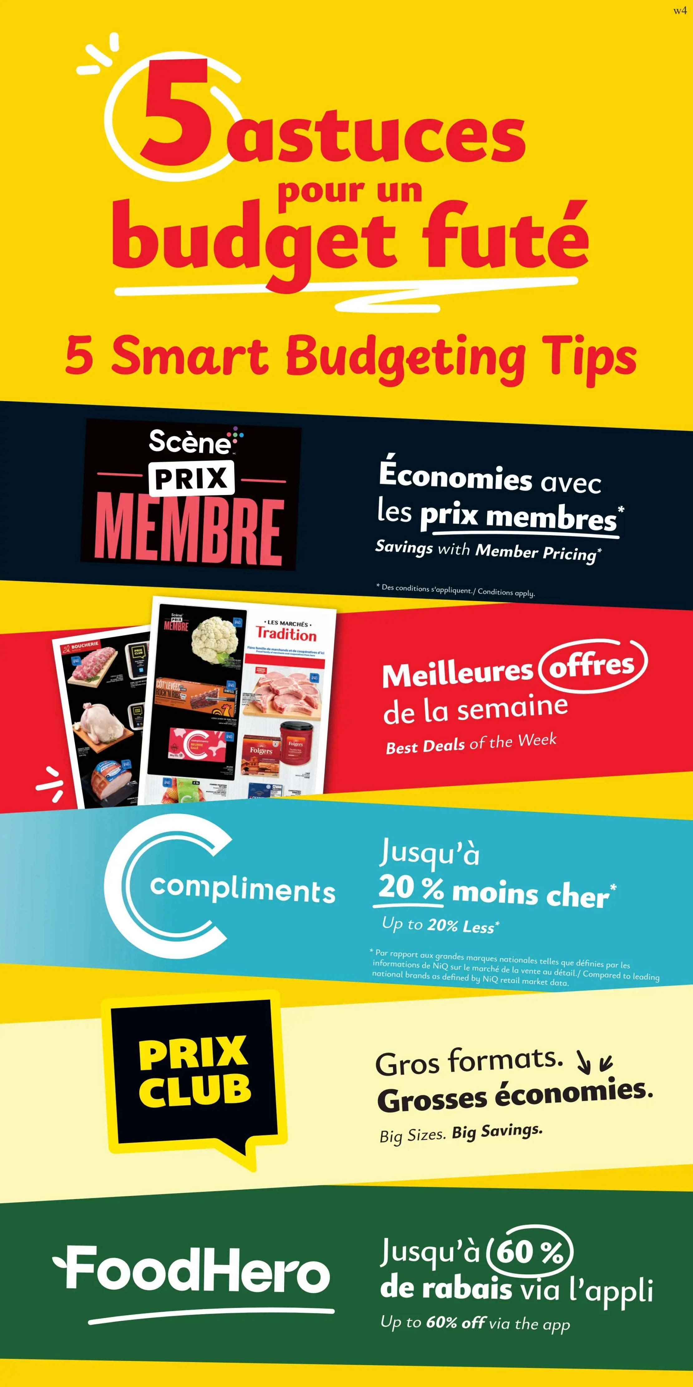 Marchés Tradition flyer page 8 features '5 Smart Budgeting Tips'. It highlights 'Savings with Member Pricing' and 'Best Deals of the Week' with images of pork chops, Follgers coffee, chicken, and other grocery items. There's also a 'Compliments' section offering 'Up to 20% Less' and a 'Prix Club' section promoting 'Big Sizes. Big Savings.' Finally, the 'FoodHero' section advertises 'Up to 60% off via the app.