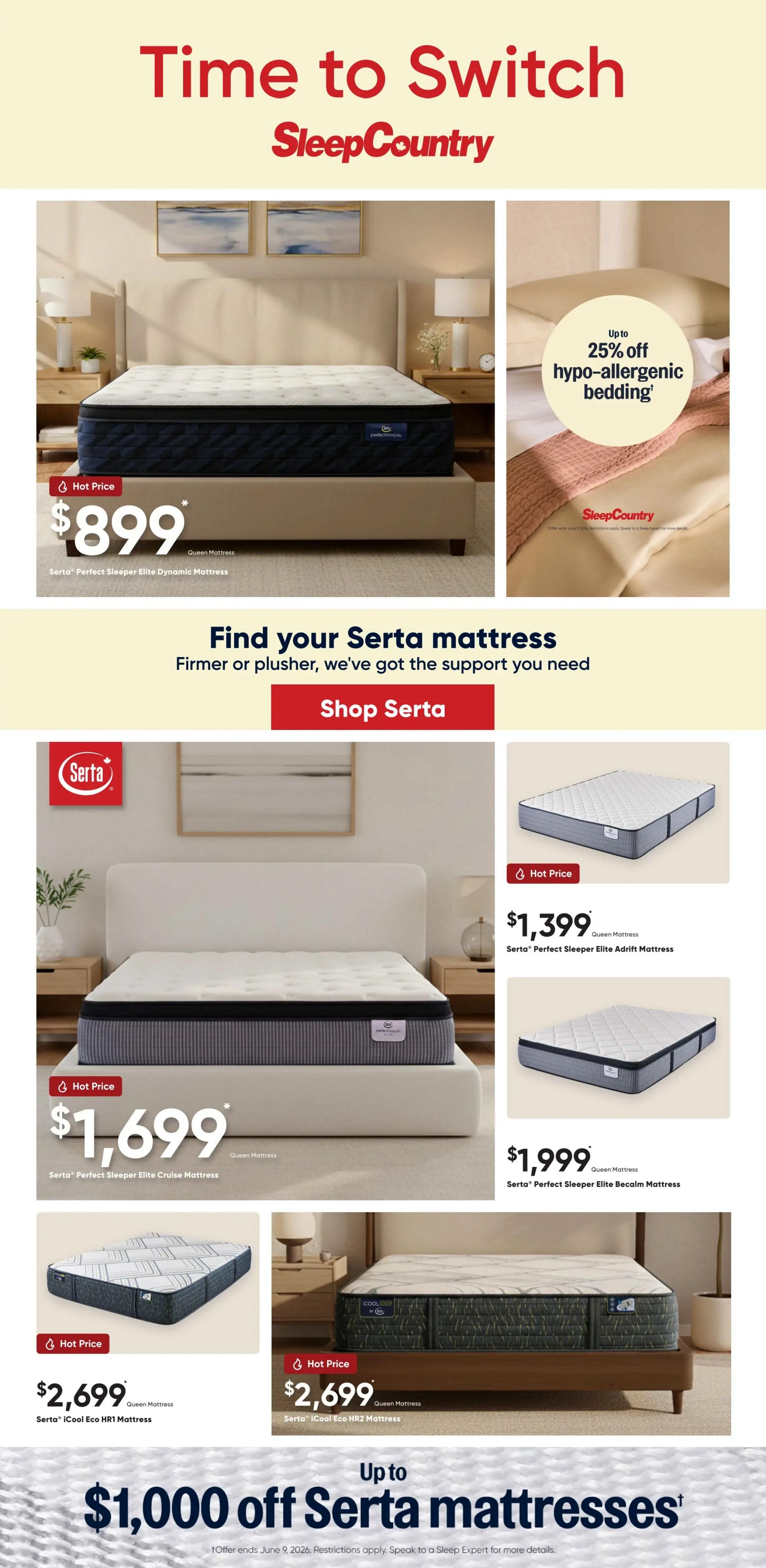 Sleep Country flyer page 1 features a 'Time to Switch' theme. Featured products include the Serta Perfect Sleeper Elite Dynamic Mattress for $899, Serta Perfect Sleeper Elite Cruise Mattress for $1,699, Serta iCool Eco HR1 Mattress for $2,699, and Serta iCool Eco HR2 Mattress for $2,699. Other Serta mattresses are also shown: Serta Perfect Sleeper Elite Adrift Mattress for $1,399 and Serta Perfect Sleeper Elite Becalm Mattress for $1,999. There is a promotion for up to 25% off hypo-allergenic bedding. A banner at the bottom advertises up to $1,000 off Serta mattresses.