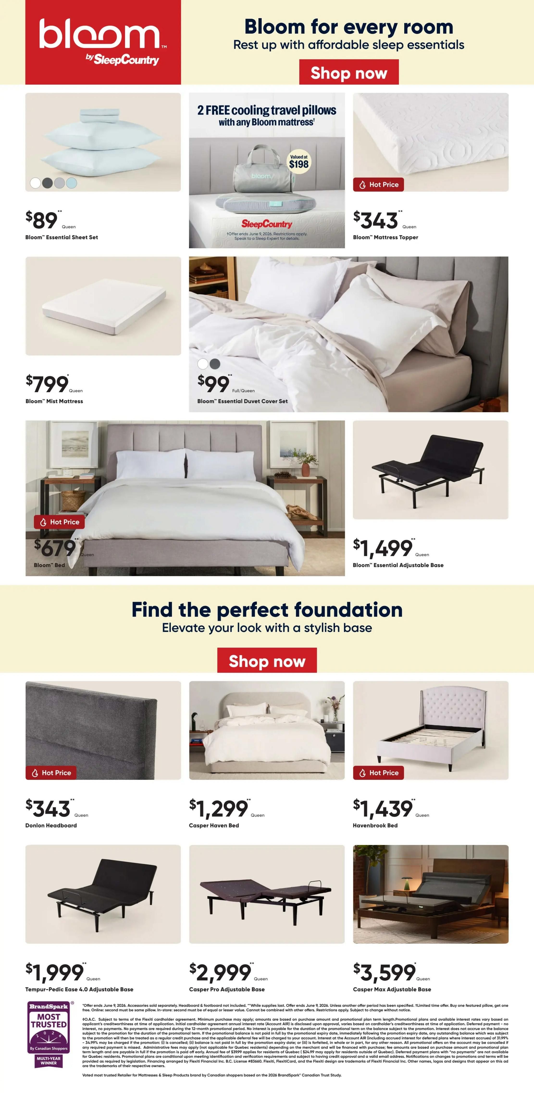 Sleep Country flyer page 4 features Bloom for every room with affordable sleep essentials. Offers include Bloom Essential Sheet Set for $89, Bloom Mist Mattress for $799, and Bloom Essential Duvet Cover Set for $99. A special offer includes 2 free cooling travel pillows with any Bloom mattress purchase, valued at $198. Also featured is the Bloom Mattress Topper for $343 and the Bloom Bed for $679. The page highlights finding the perfect foundation with stylish bases. Options include the Donlon Headboard for $343, Casper Haven Bed for $1,299, and Havenbrook Bed for $1,439. Adjustable bases are also available: Tempur-Pedic Ease 4.0 Adjustable Base for $1,999, Casper Pro Adjustable Base for $2,999, and Casper Max Adjustable Base for $3,599. Some items are marked with 'Hot Price'.