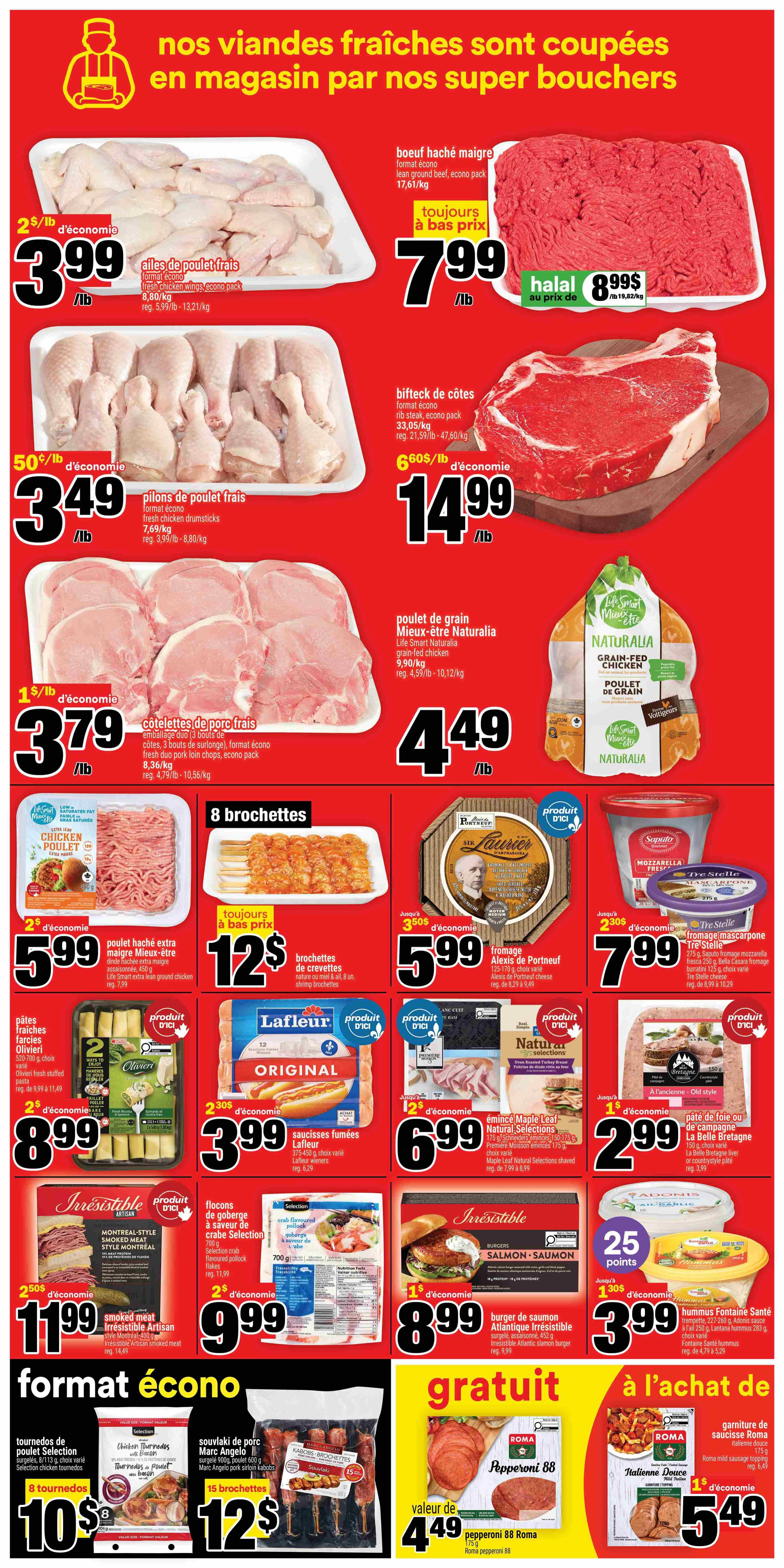 Super C weekly flyer specials page 5 featuring various meat products. Fresh chicken wings are on sale for $3.99/lb with a $2/lb saving. Fresh chicken drumsticks are $3.49/lb with a $0.50/lb saving. Lean ground beef is $7.99/lb. Rib steak is $14.99/lb with a $6.60/lb saving. Life Smart grain-fed chicken is $4.49/lb. Fresh pork loin chops (duo pack) are $3.79/lb with a $1/lb saving. Chicken patties are $5.99. Alexis de Portneuf cheese is $5.99. Brochettes of shrimp are $12.99. Saputo mozzarella is $7.99. Olivier fresh stuffed pasta is $8.99. Lafleur wieners are $3.99. Émincé Maple Leaf Natural Selections is $6.99. La Belle Bretagne pâté is $2.99. Irrésistible smoked meat is $11.99. Crab-flavoured pollock flakes are $9.99. Irrésistible Atlantic salmon burgers are $8.99. Adonis Santé hummus is $3.99. Roma pepperoni 88 is $4.49. Roma Italianne Douce sausage garnish is $5.49.