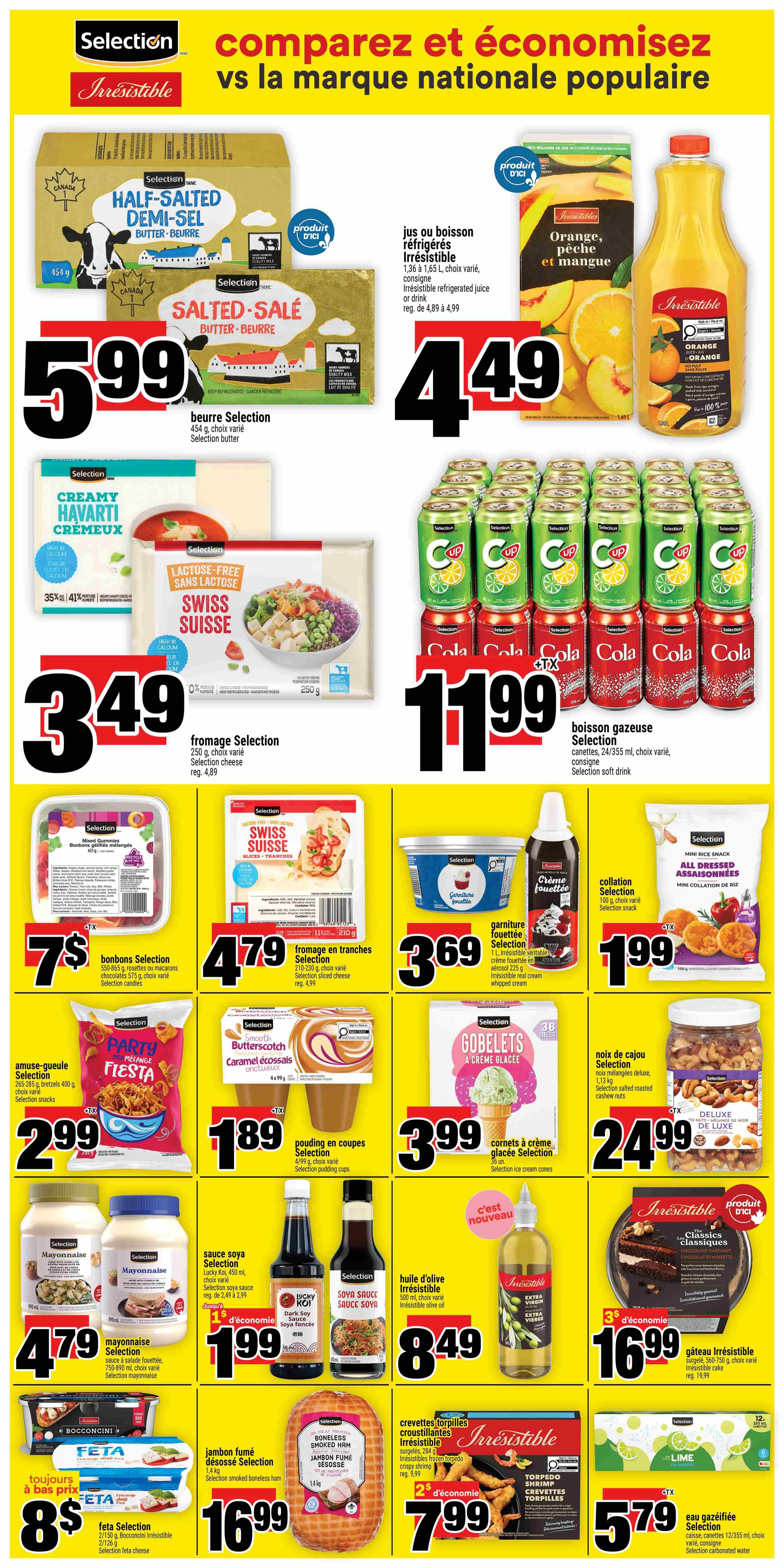 Super C weekly flyer specials page 8 features a variety of food items. Top row includes Selection half-salted butter for $5.99, Selection salted butter for $5.99, Irresistible refrigerated juice (orange, peach, mango) 1.36-1.65 L for $4.49, and Selection soft drinks 24x355 ml for $11.99. Middle row showcases Selection creamy Havarti cheese for $3.49, Selection lactose-free Swiss cheese slices 250 g for $3.49 (regular $4.89), Selection whipped cream 1 L for $3.69, and Selection all-dressed mini rice snacks 100 g for $1.99. The bottom section highlights Selection mixed gummies 425 g for $7, Selection Swiss cheese slices 210 g for $4.79 (regular $4.99), Selection butterscotch caramel éclairs 4/99 g for $1.89, Selection ice cream cones for $3.99, Selection salted roasted cashew nuts 1.13 kg for $24.99. Further down, Selection mayonnaise 750-890 ml is $4.79, Selection soy sauce 500 ml is $1.99, Irresistible olive oil 500 ml is $8.49, and Irresistible cake for $16.99 (regular $19.99). Finally, Feta cheese 2x125 g is $8, Selection smoked boneless ham 1.4 kg is $16.99, Irresistible torpedo shrimp 284 g is $7.99 (regular $9.99), and Selection carbonated water 12x355 ml is $5.79.