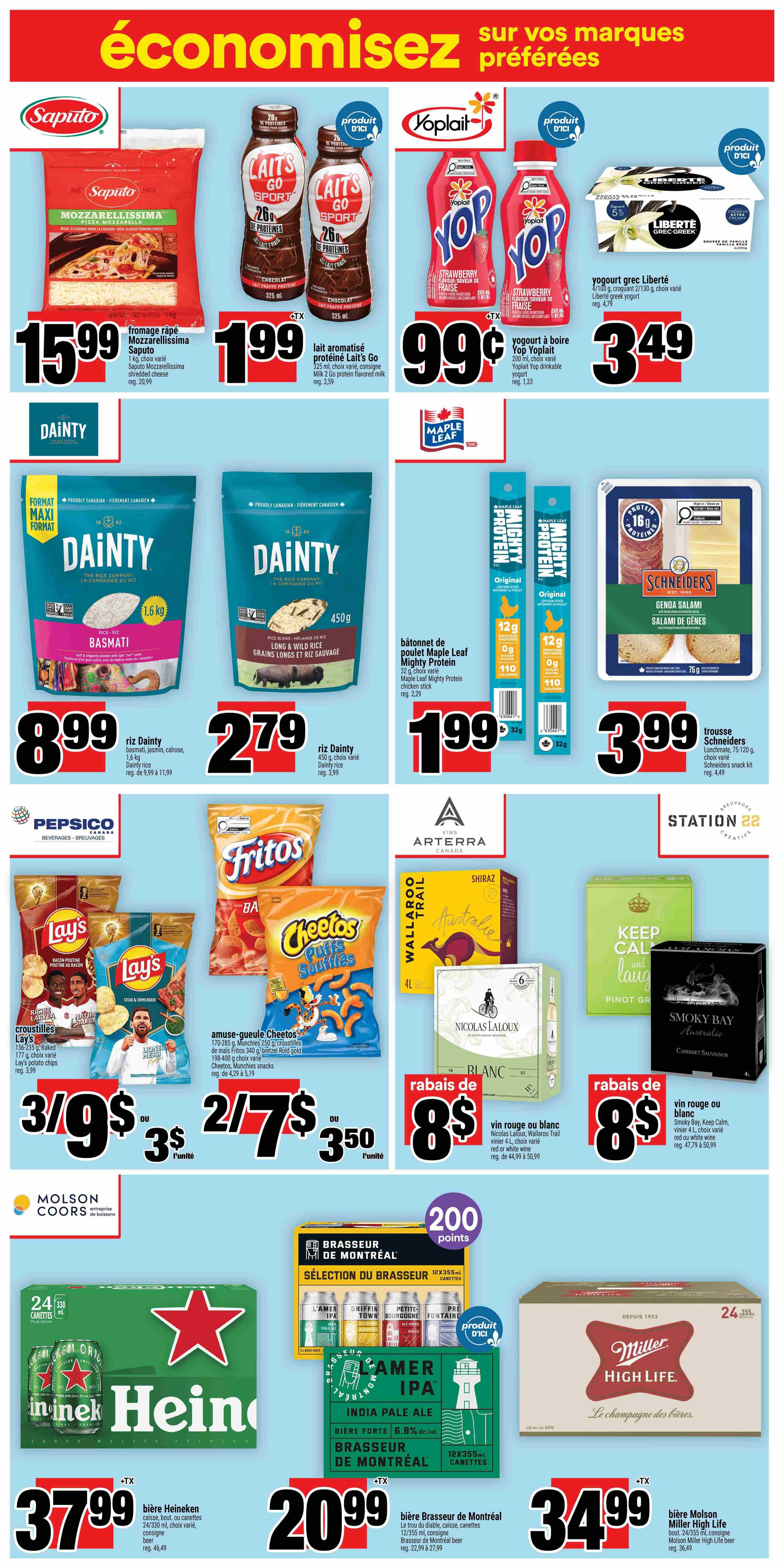 Super C weekly flyer specials page 10 featuring Saputo Mozzarellissima shredded cheese for $15.99, Milk 2 Go protein flavored milk drinks for $1.99, Yoplait Yop drinkable yogurt for $0.99, and Liberté Greek yogurt for $3.49. Also on sale are Dainty Basmati rice 1.6 kg for $8.99, Dainty Long & Wild Rice 450 g for $2.79, Maple Leaf Mighty Protein chicken sticks for $1.99, and Schneiders Genoa Salami snack kit for $3.99. Snack deals include Lay's potato chips 3 for $9 or $3 each, Fritos or Cheetos snacks 2 for $7 or $3.50 each. Featured wines include Wallaroo Trail Shiraz for $8, Nicolas Laloux white wine for $8, and Keep Calm and Laugh Pinot Gris for $8. Beer specials include Molson Coors 24-pack cans for $37.99, Brasseur de Montréal India Pale Ale 12-pack cans for $20.99, and Miller High Life 24-pack cans for $34.99.