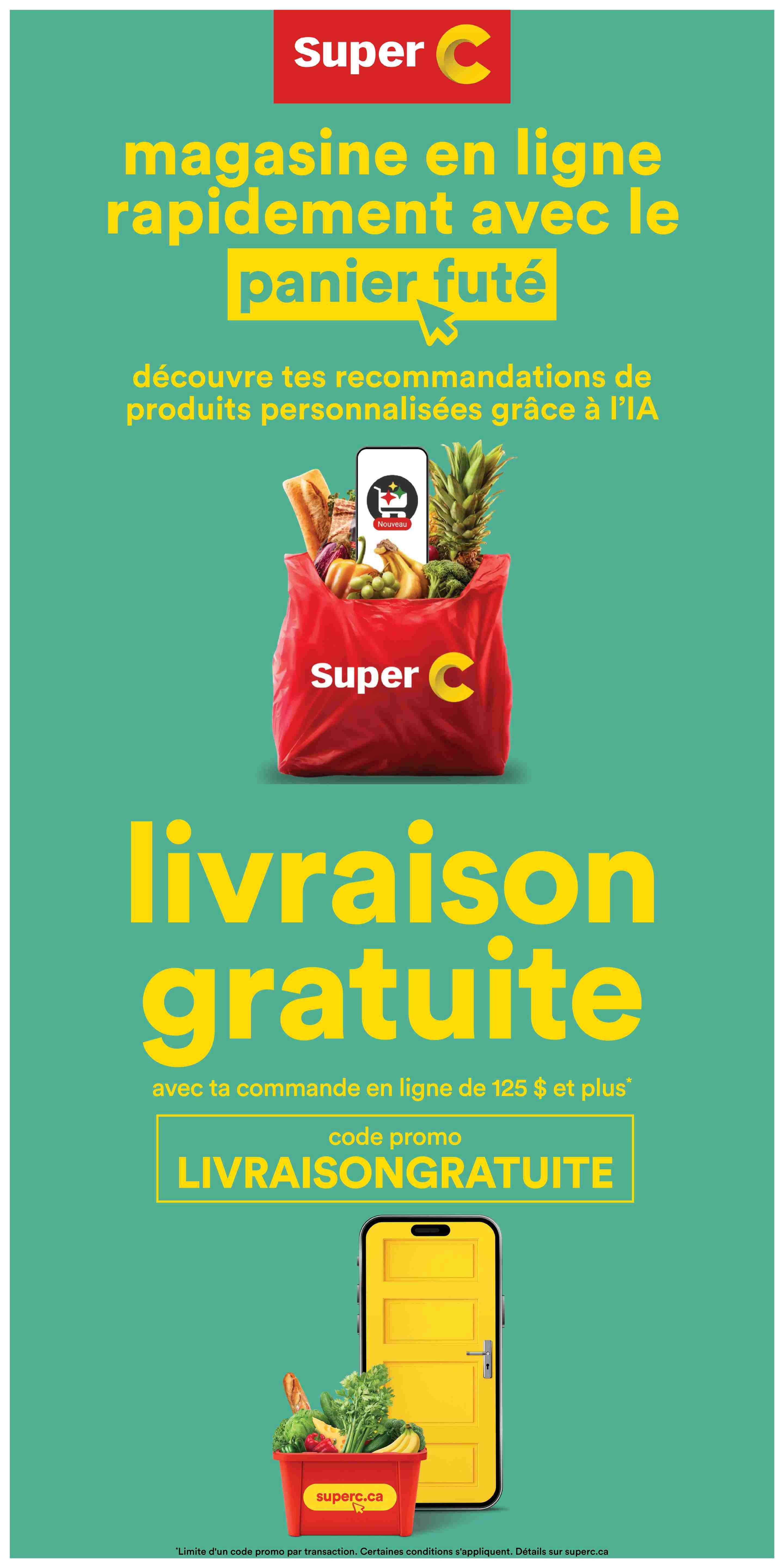 Super C flyer page featuring an advertisement for online shopping. The page highlights 'Smart Basket' technology that uses AI for personalized product recommendations. It promotes 'Free Delivery' on online orders of $125 or more, with the promo code LIVRAISONGRATUITE. The visuals include a red Super C shopping bag filled with groceries and a smartphone displaying the Super C app, alongside a yellow door symbolizing delivery.