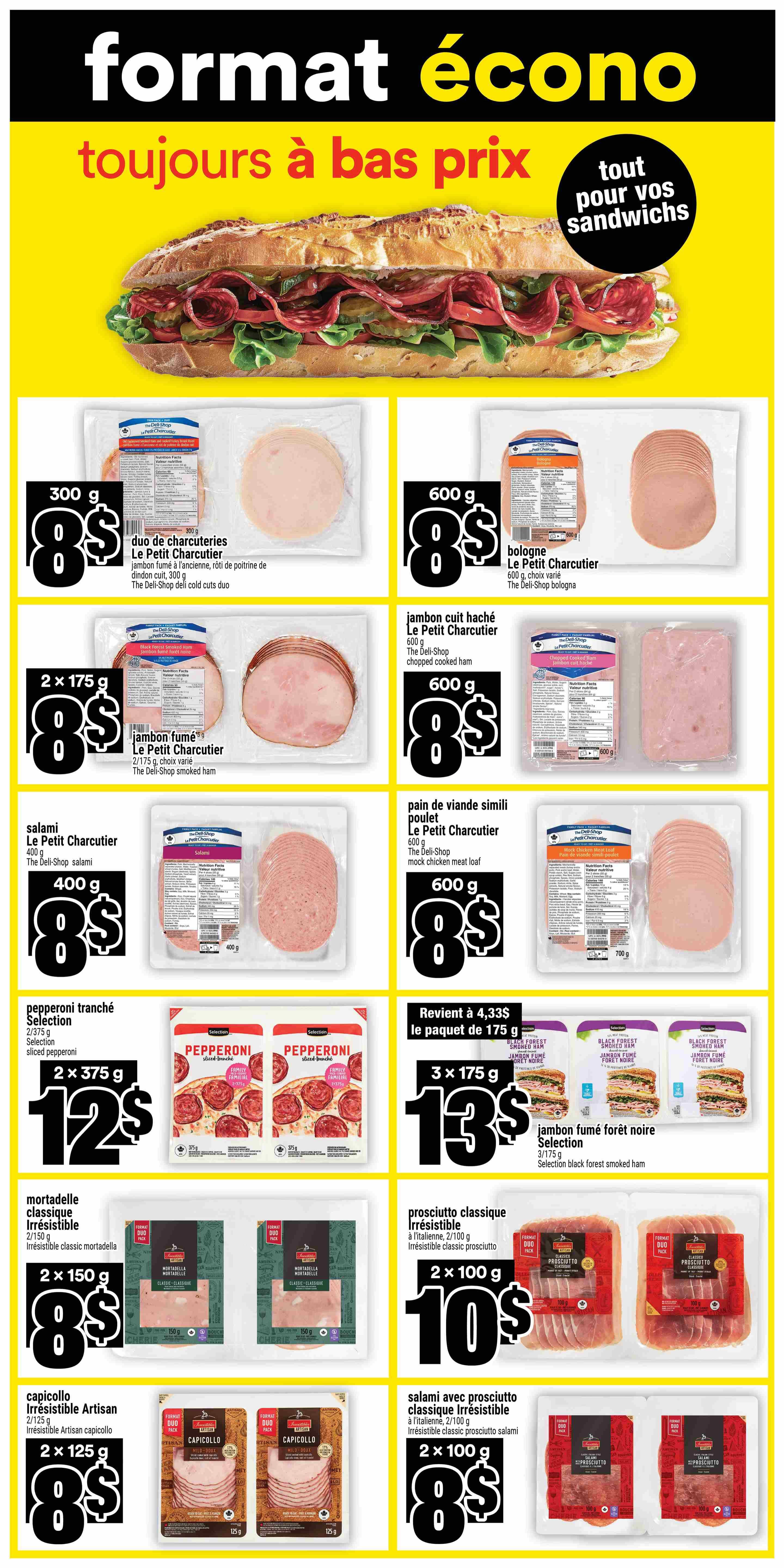 Super C weekly flyer specials page 12 features a large sandwich image at the top. Below are various deli meats on sale. The Deli-Shop cold cuts duo (300 g) are $8. The Deli-Shop bologna (600 g) is $8. The Deli-Shop chopped cooked ham (600 g) is $8. The Deli-Shop smoked ham (2 x 175 g) is $8. The Deli-Shop mock chicken meat loaf (600 g) is $8. The Deli-Shop salami (400 g) is $8. Selection sliced pepperoni (2 x 375 g) is $12. Selection black forest smoked ham (3 x 175 g) is $13. Irresistible classic mortadella (2 x 150 g) is $8. Irresistible classic prosciutto from Italy (2 x 100 g) is $10. Irresistible Artisan capicollo (2 x 125 g) is $8. Irresistible classic salami with prosciutto (2 x 100 g) is $8.