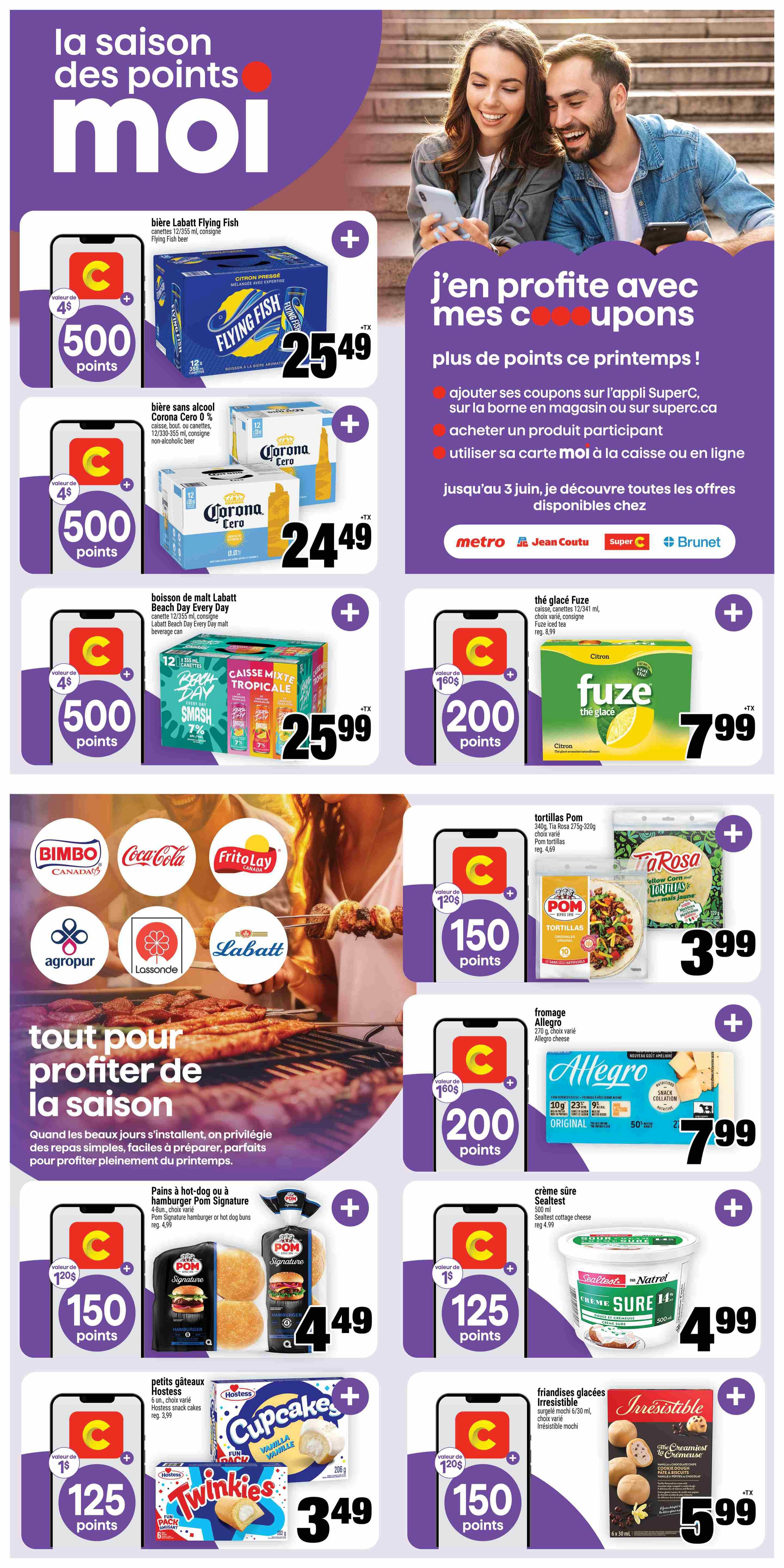 Super C weekly flyer specials page 15 features a 'My Points' promotion. Get 500 points with the purchase of Labatt Flying Fish beer 12x355ml cans for $25.49, or Corona Cero 0% non-alcoholic beer 12x355ml cans for $24.49, or Labatt Beach Day Every Day tropical mix beverage 12x355ml cans for $25.99. Also, get 200 points for purchasing Fuze iced tea for $7.99. The page highlights 'Enjoy with my coupons' and 'more points this spring' with instructions to add coupons to the Super C app, in-store kiosk, or superc.ca, purchase a participating product, and use your 'My' card in-store or online. Offers valid until June 3rd. Featured brands include Bimbo, Coca-Cola, Frito Lay, Agropur, Lassonde, and Labatt. Other deals include Pom Signature hot dog or hamburger buns for $4.49, Hostess snack cakes (Cupcakes, Twinkies) for $3.49, Pom tortillas for $3.99, Allegro cheese for $7.99, Sealtest cottage cheese for $4.99, and Irresistible mochi for $5.99. Points offers include 150 points for Pom Signature buns, 125 points for Hostess snack cakes, 150 points for Pom tortillas, 200 points for Allegro cheese, 125 points for Sealtest cottage cheese, and 150 points for Irresistible mochi.