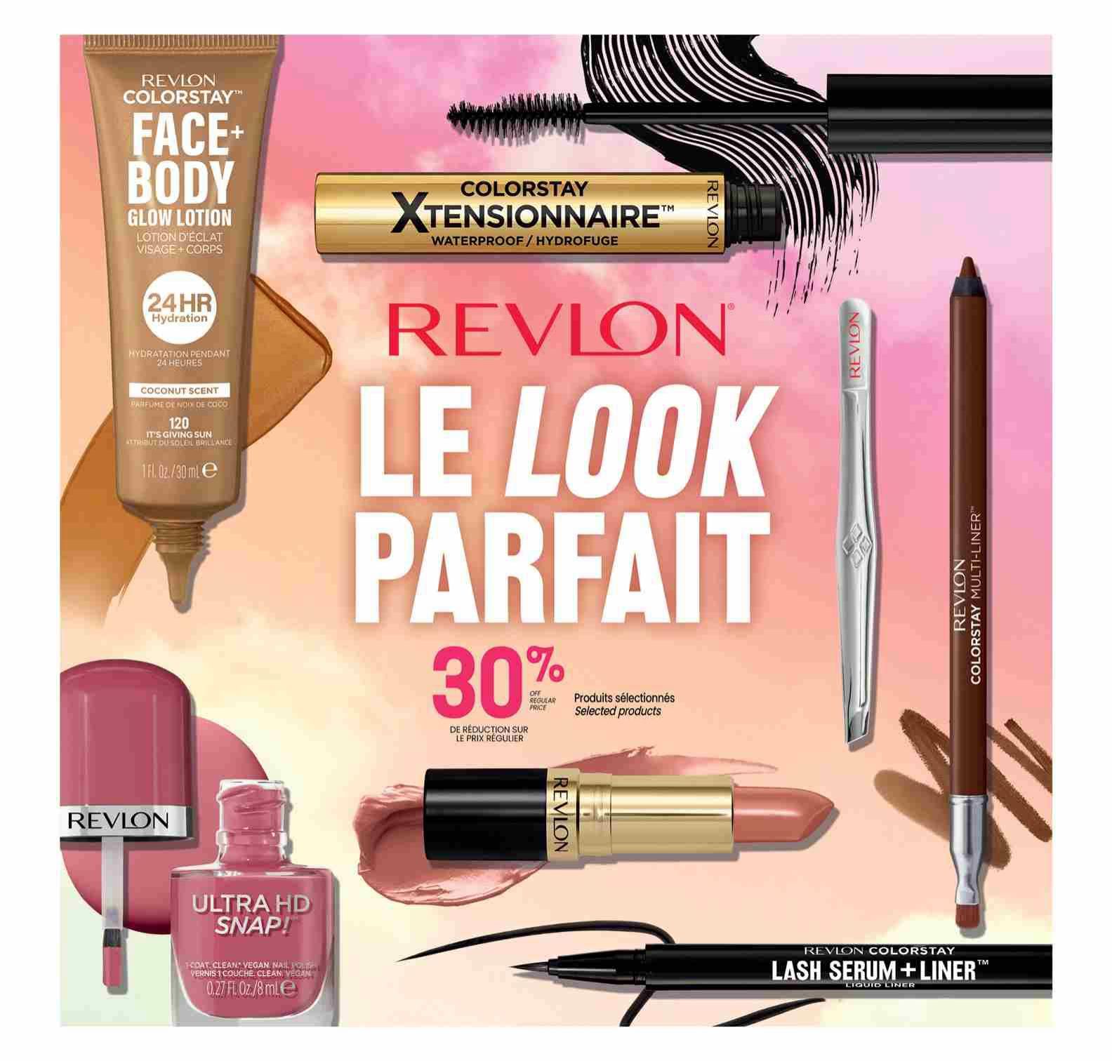 Uniprix weekly flyer specials page 7 features Revlon beauty products with a 30% discount on selected items. Showcased products include Revlon ColorStay Face + Body Glow Lotion with 24-hour hydration and coconut scent, Revlon ColorStay Xtensionnaire Waterproof Mascara, Revlon Ultra HD Snap! Nail Polish, a Revlon lipstick, Revlon ColorStay Multi-Liner, and Revlon ColorStay Lash Serum + Liner. The promotion highlights achieving 'The Perfect Look'.