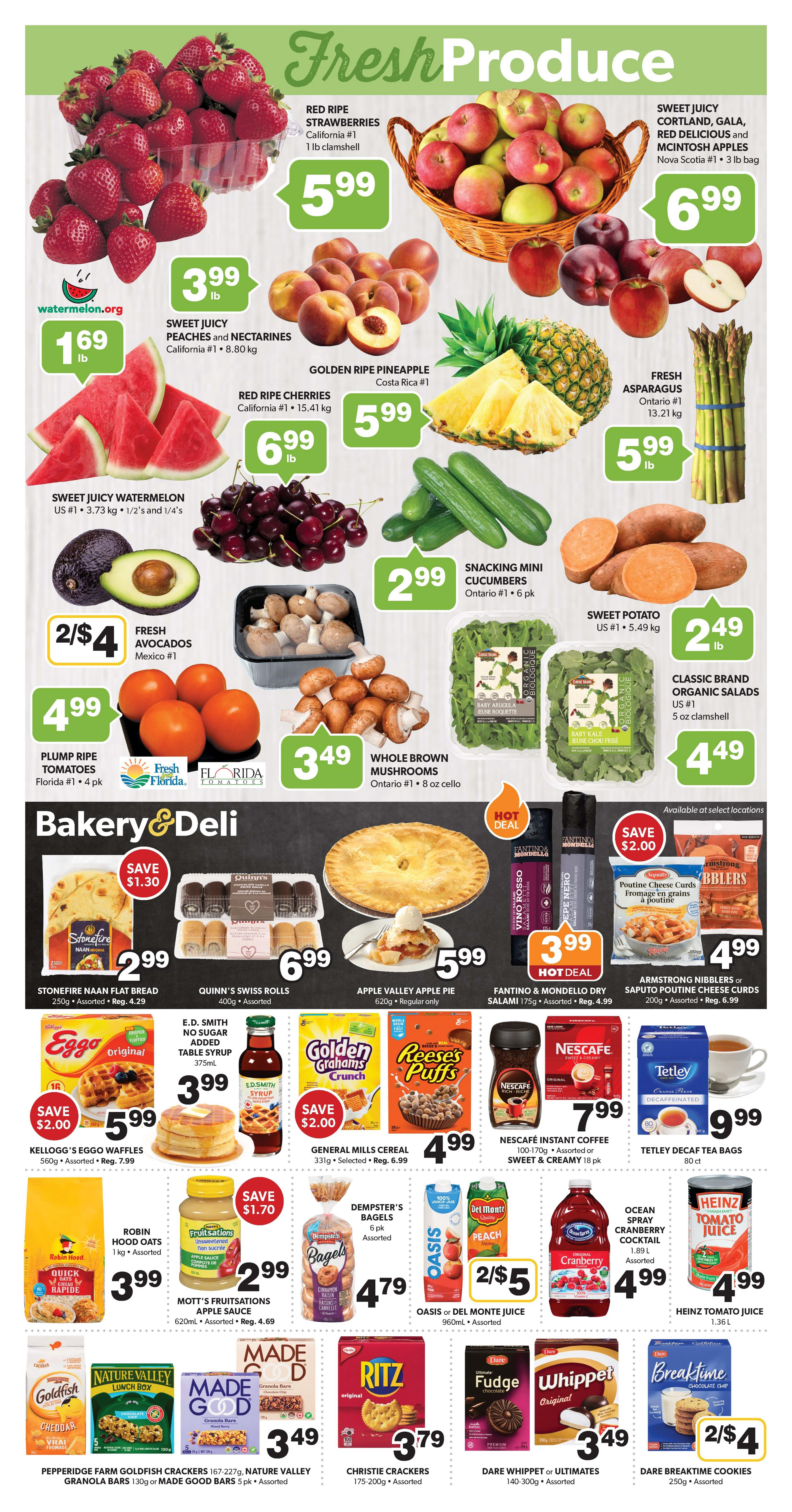 Colemans Weekly Flyer Specials Page 3. Fresh Produce section features Red Ripe Strawberries at $5.99 lb, Sweet Juicy Peaches and Nectarines at $3.99 lb, Golden Ripe Pineapple at $5.99 each, Red Ripe Cherries at $6.99 lb, Sweet Juicy Watermelon at $1.69 lb, Fresh Asparagus at $5.99 lb, Fresh Avocados 2 for $4, Snacking Mini Cucumbers at $2.99 pk, Plump Ripe Tomatoes at $4.99 4 pk, Whole Brown Mushrooms at $3.49, Sweet Potato at $2.49 lb, and Classic Brand Organic Salads at $4.49. The Bakery & Deli section includes Stonefire Naan Flat Bread at $2.99, Quinn's Swiss Rolls at $6.99, Apple Valley Apple Pie at $5.99, Fantino & Mondello Dry Salami at $3.99, and Armstrong Nibblers or Saputo Poutine Cheese Curds at $4.99. Other specials include Kellogg's Eggo Waffles at $5.99, E.D. Smith No Sugar Added Table Syrup at $3.99, General Mills Cereal at $4.99, Nescafe Instant Coffee at $7.99, Tetley Decaf Tea Bags at $9.99, Dempster's Bagels at $4.79, Oasis or Del Monte Juice 2 for $5, Heinz Tomato Juice at $4.99, Pepperidge Farm Goldfish Crackers, Nature Valley Granola Bars or Made Good Bars at $3.49, Christie Crackers at $3.79, Dare Whippet or Ultimates at $3.49, and Dare Breaktime Cookies 2 for $4.
