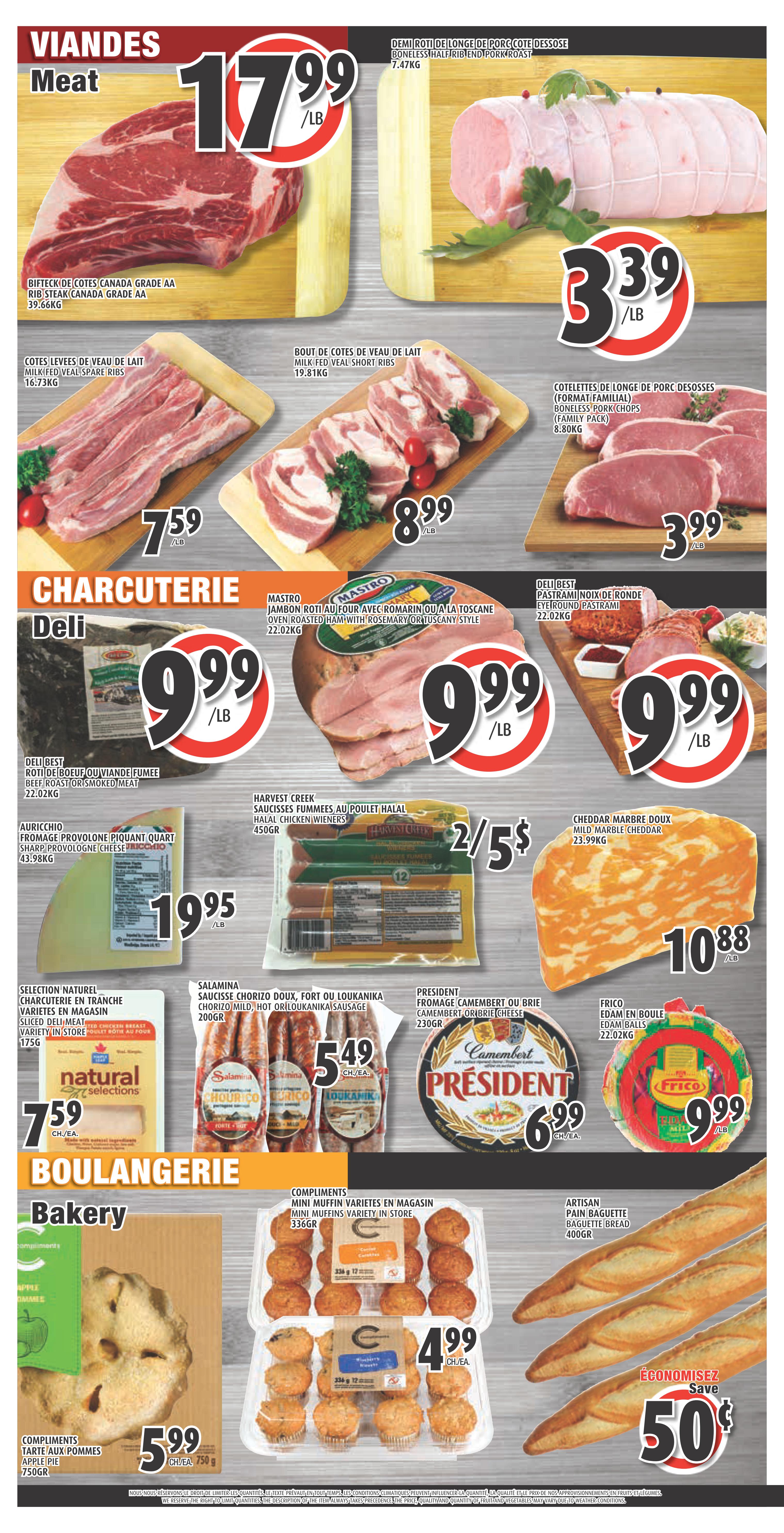Esposito Weekly Flyer Specials Page 2: Features a variety of meats including Beef Rib Steak at $17.99/lb, Milk-Fed Veal Spare Ribs at $7.59/lb, Milk-Fed Veal Short Ribs at $8.99/lb, and Boneless Pork Chops at $3.99/lb. Deli section offers Beef Roast or Smoked Meat at $9.99/lb, Mastro Oven Roasted Ham with Rosemary or Tuscan Style at $9.99/lb, Deli Best Eye Round Pastrami at $9.99/lb. Also available are Auricchio Provolone Piquant Quart cheese at $19.95/lb, Harvest Creek Halal Chicken Wieners for 2/$5, and Cheddar Marble cheese at $10.88/lb. Other items include Salamina Chorizo Mild or Loukanika sausages for $5.49/lb, President Camembert or Brie cheese at $6.99 each, and Frico Edam Balls at $9.99/lb. Bakery items include Compliments Apple Pie for $5.99 each (750g), Mini Muffins in various flavours for $4.99 per container, and Artisan Baguette bread for $1.50 each (400g). Save 50 cents on select items.