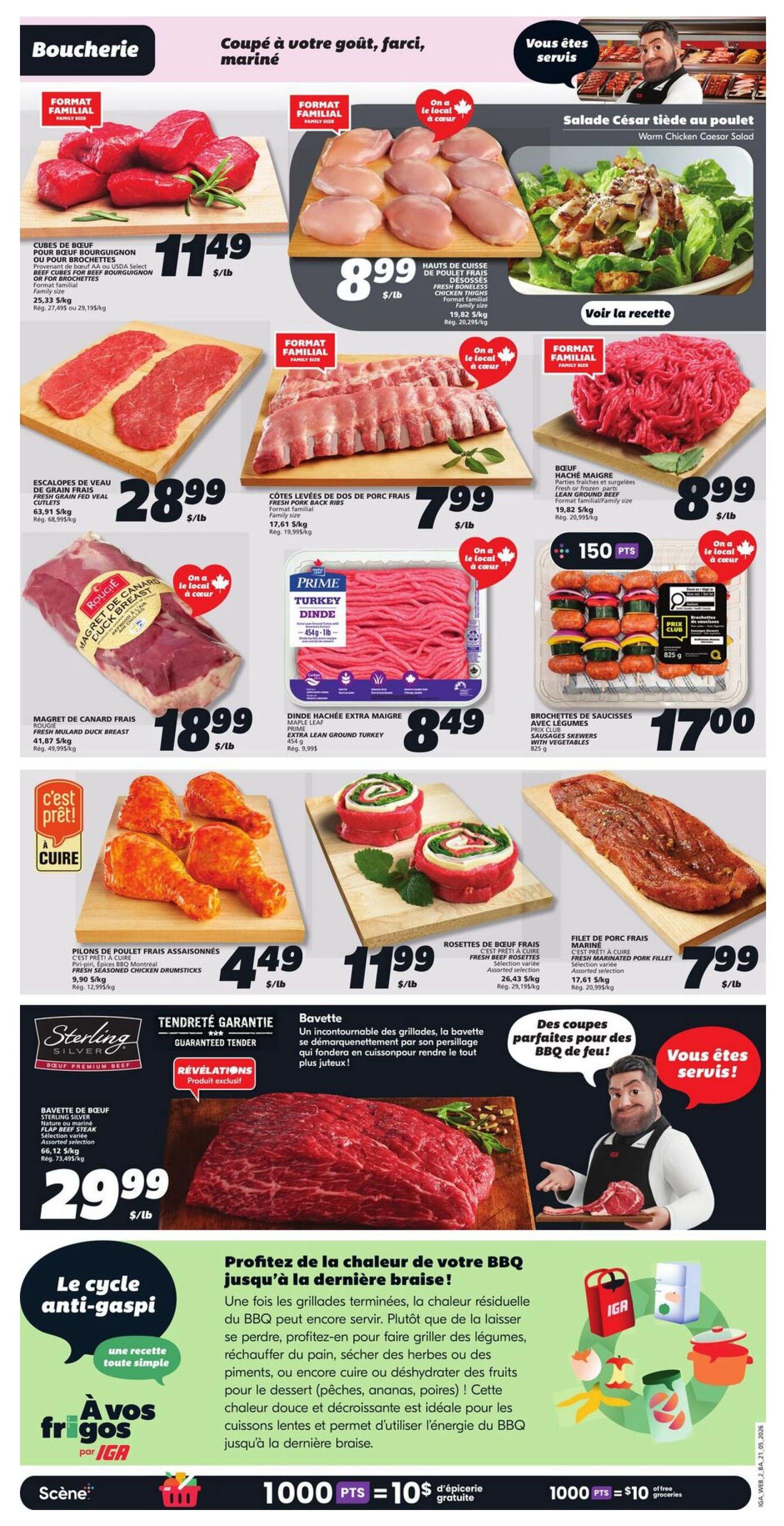 IGA Weekly Flyer Specials page 5 features a variety of meat products. Top row includes Beef Cubes for Bourguignon or Brochettes at $11.49/lb, Family Size Boneless Chicken Thighs at $8.99/lb, and a Warm Chicken Caesar Salad recipe. Middle row showcases Fresh Grain Fed Veal Escalopes at $28.99/lb, Family Size Fresh Pork Back Ribs at $7.99/lb, and Family Size Extra Lean Ground Beef at $8.99/lb. Also featured are Rougie Fresh Mulard Duck Breast at $18.99/lb and Prime Turkey Dinde Extra Lean Ground Turkey at $8.49/lb. Bottom row displays Seasoned Chicken Drumsticks at $4.49/lb, Assorted Fresh Pork Rosettes at $11.99/lb, and Assorted Fresh Pork Fillet at $7.99/lb. The Sterling Silver Beef Bavette Steak is on special for $29.99/lb. The page also highlights a 'Le cycle anti-gaspi' (anti-waste cycle) section with a recipe for using residual BBQ heat, and a promotion offering 1000 IGA points for $10 of free groceries.