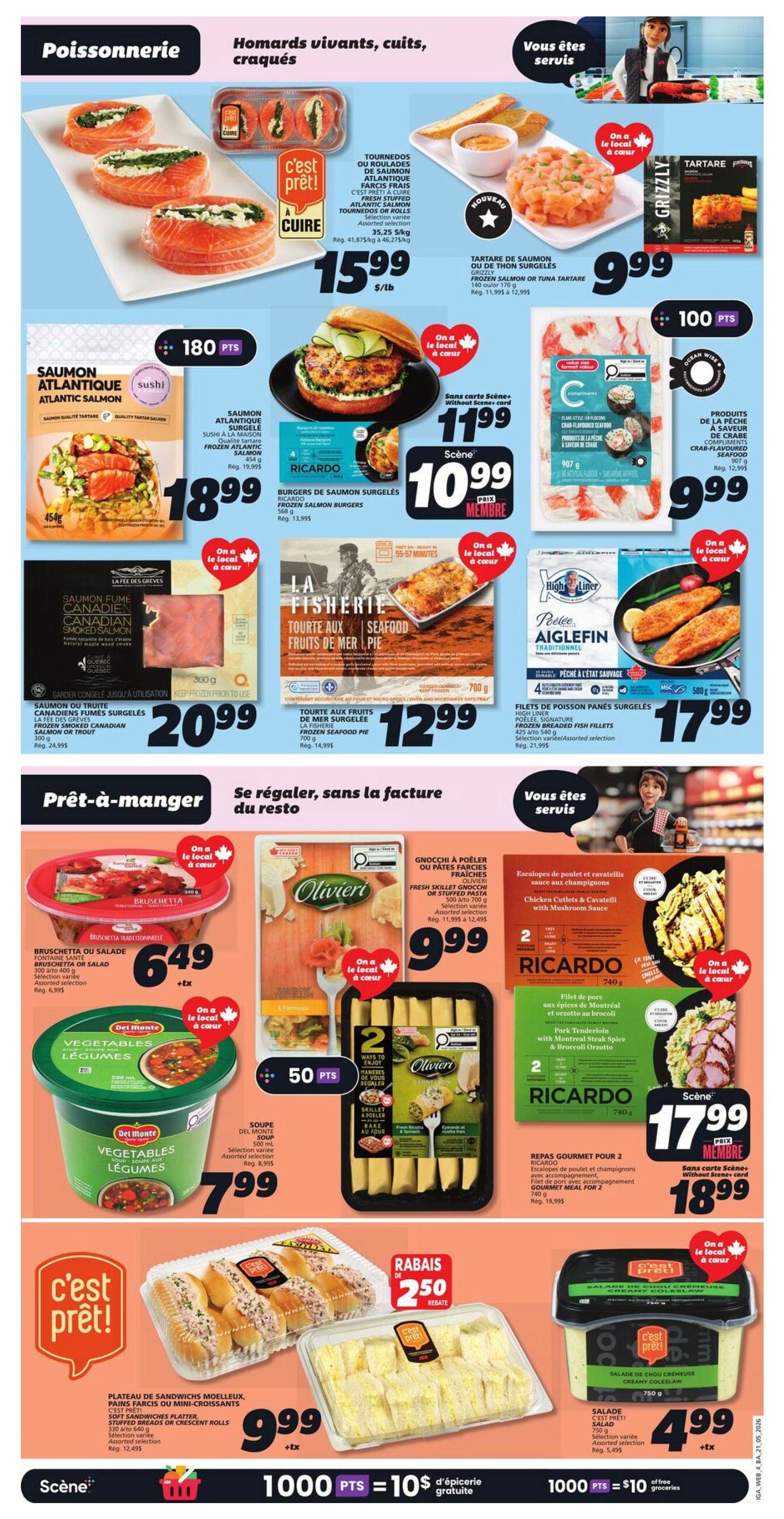 IGA weekly flyer specials page 7 features a seafood and ready-to-eat section. Top row includes Assorted salmon tournedos or rolls for $15.99/lb, Grizzly salmon tartare for $9.99, and Atlantic salmon sushi for $18.99. Middle row showcases Ricardo frozen salmon burgers for $10.99 (member price), La Fisherie frozen seafood pie for $12.99, and High Liner frozen fish fillets for $17.99. The bottom section, 'Ready-to-eat', offers Del Monte vegetables soup for $7.99, Bruschetta or salad for $6.49, Olivieri fresh skillet gnocchi or stuffed pasta for $9.99, and Ricardo gourmet meal for 2 for $18.99 (member price). Also featured are a soft sandwich platter, stuffed breads or crescent rolls for $9.99, and C'est Prêt creamy coleslaw for $4.99. Scene+ members earn 1000 points for $10 of free groceries on select purchases.