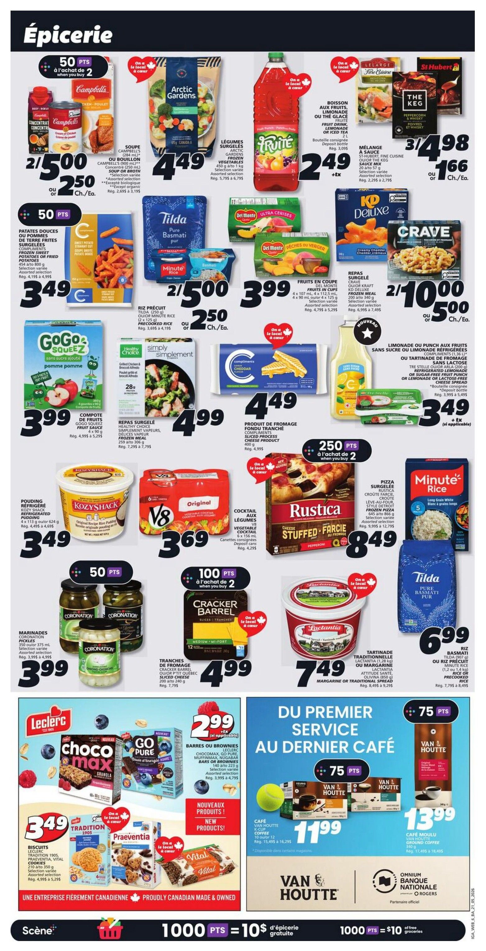 IGA flyer page 10 featuring a variety of grocery items. Highlights include Campbell's soup for 2/$5.00 or $2.50 each, Arctic Gardens frozen vegetables for $4.49, and Fruite juice for $2.49. Also featured are Tilda Basmati rice for 2/$5.00 or $2.50 each, Del Monte fruit cups for $3.99, and KD Deluxe or Crave mac and cheese for 2/$10.00 or $5.00 each. Other deals include GoGo Squeez fruit compote for $3.99, Simply Vapours frozen meal for $4.99, and sliced process cheese product for $4.49. Kozy Shack pudding is $3.49, V8 cocktail is $3.69, and Rustica stuffed pizza is $8.49. Minute Rice is 2/$5.00 or $2.50 each. Coronation pickles are $3.99, and Cracker Barrel sliced cheese is $4.99. Lactantia margarine or Olivina spread is $7.49, and Tilda Pure Basmati rice is $6.99. Leclerc Choco Max or Go Pure granola bars are 2/$2.99 plus applicable tax. New products include Praeventia, Vital, and Tradition cookies. Van Houtte coffee is $11.99 for a 10-cup pack, and Van Houtte ground coffee is $13.99 for a 340g bag. The bottom of the page shows a promotion for 1000 IGA points equaling $10 in free groceries.