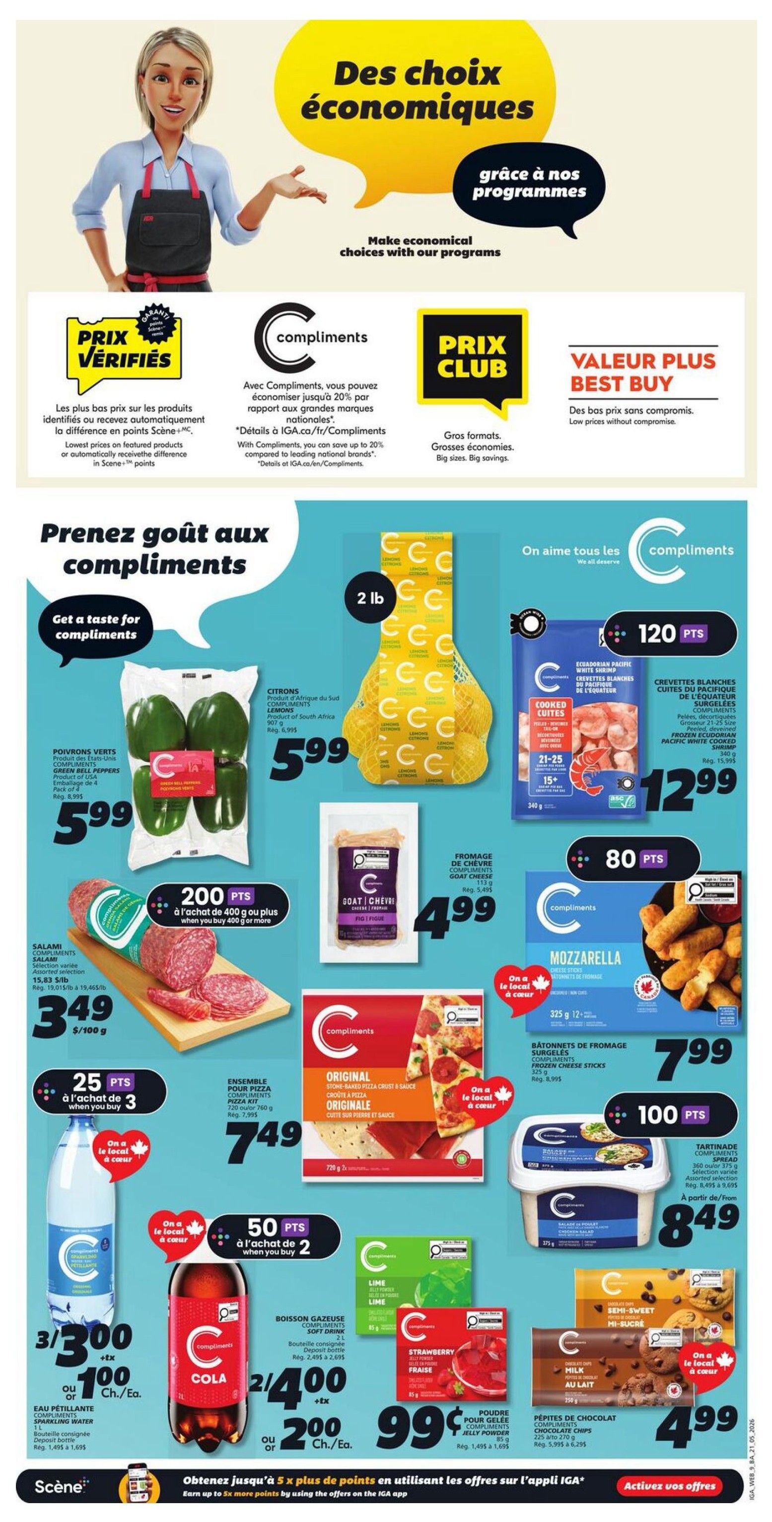 IGA Weekly Flyer Specials Page 12 features a variety of Compliments brand products. Green Bell Peppers from the USA are $5.99. Lemons from South Africa are $5.99. Salami from Compliments is $3.49 per 100g. Compliments Pizza Kit is $7.49. Compliments Frozen Cooked Ecuadorian Pacific White Shrimp are $12.99 and earn 120 points. Compliments Goat Cheese with Fig is $4.99. Compliments Mozzarella Cheese Sticks are $7.99. Compliments Original Stone-Baked Pizza Crust & Sauce is $7.49. Compliments Spread is $8.49. Compliments Cola Soft Drink is 2 for $4.00 or $2.00 each, with a deposit. Compliments Sparkling Water is 3 for $3.00 or $1.00 each, with a deposit, and earns 50 points when you buy 2. Compliments Lime Jelly Powder is $0.99. Compliments Strawberry Jelly Powder is $0.99. Compliments Semi-Sweet Chocolate Chips are $4.99. The flyer also highlights 'Prix Vérifiés' (Verified Prices), 'Compliments' loyalty program details, and 'Prix Club' (Club Price) for big savings.