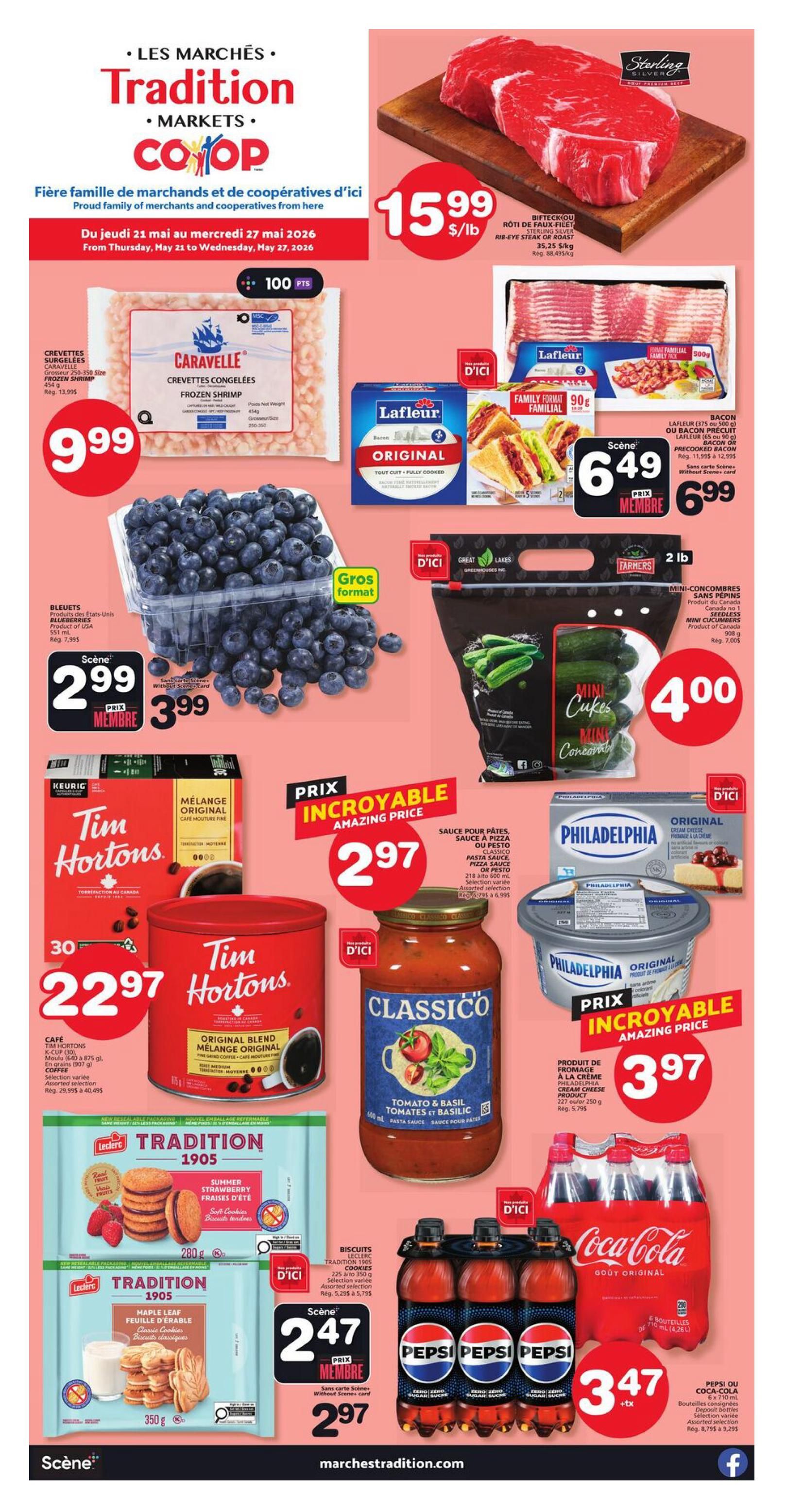 Marchés Tradition flyer specials from May 21 to May 27, 2026. Featured items include Sterling Silver Rib-Eye Steak Roast for $15.99/lb, Caravelle Frozen Shrimp for $9.99, Lafleur Original Bacon for $6.49 (member price $6.99), Great Lakes Mini Cucumbers for $4.00, Blueberries for $2.99 (member price $3.99), Tim Hortons Original Blend Coffee for $22.97, Classico Tomato & Basil Pasta Sauce for $3.97, Leclerc Tradition 1905 Cookies (Summer Strawberry and Maple Leaf) for $2.47 (member price $2.97), and Coca-Cola Original Taste 6x710ml bottles for $3.47.