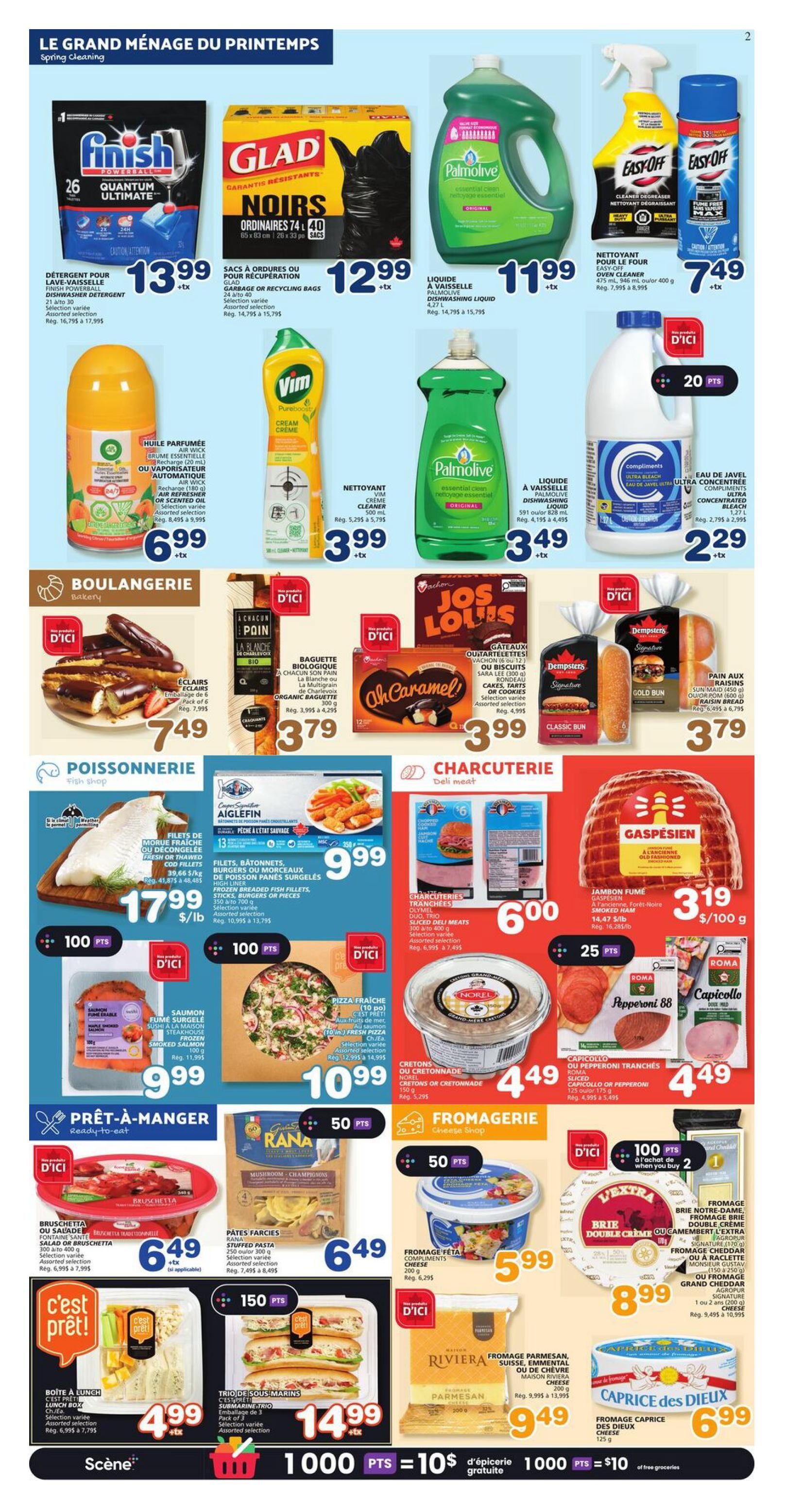 Marchés Tradition flyer page 3 features Spring Cleaning essentials and grocery deals. Top row includes Finish Powerball Dishwasher Detergent for $13.99, Glad Garbage or Recycling Bags for $12.99, Palmolive Dishwashing Liquid for $11.99, and Easy Off Oven Cleaner for $7.49. Below are Vim Cream Cleaner for $3.99, Palmolive Dishwashing Liquid for $3.49, and concentrated bleach for $2.29. The Bakery section offers éclairs for $7.49, organic baguette for $3.79, Ah! Caramel cookies for $3.99, and Dempsters Gold Bun and Pain aux raisins for $3.79 each. The Fish section has frozen fish fillets for $17.99/lb and Aiglefin fillets for $9.99. The Deli section offers assorted sliced deli meats for $6.00 and Gaspesien smoked ham for $3.19/100 g. Other items include ready-to-eat bruschetta for $6.49, Rana stuffed pasta for $6.49, fresh pizza for $10.99, Roma pepperoni and Capricola for $4.49 each. The Cheese section features feta cheese for $5.99, brie cheese for $8.99, and Caprice des Dieux cheese for $6.99. Ready-to-eat lunch boxes are $4.99 and submarine sandwich trios are $14.99. Also featured are Riviera Swiss, Emmental, or Parmesan cheese for $9.49. The bottom of the page highlights a points promotion: 1000 points equals $10 off groceries.