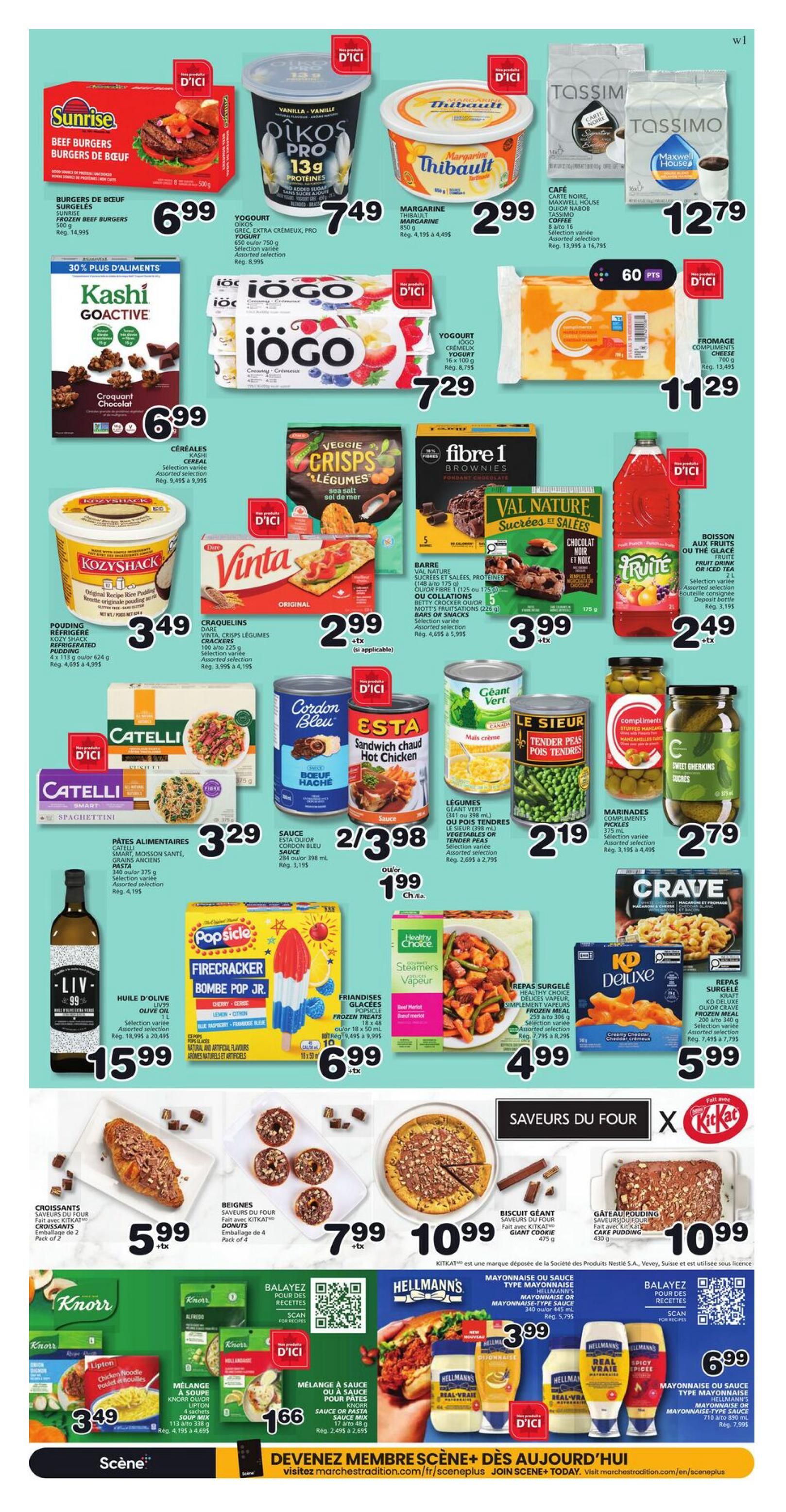Marchés Tradition weekly flyer specials page 5 features Sunrise Beef Burgers for $6.99, Oikos Pro Yogurt for $7.49, and Thibault Margarine for $2.99. Also available are Tassimo Coffee for $12.79, Kashi Go Lean Cereal for $6.99, IOGO Creamy Yogurt for $7.29, and a block of cheese for $11.29. Other deals include Rozy Shack Pudding for $3.49, Dare Crackers for $2.99, Fibre 1 Brownies for $3.99, and Mott's Fruitsations for $2.49. Pasta products include Catelli Spaghetti for $3.29, Esta Hot Chicken Sandwich for $1.99 (originally $2/3.98), and Green Giant Corn for $2.19. Compliments Pickles are $2.79. Liv-99 Olive Oil is $15.99, and Popsicle Firecracker popsicles are $6.99. Healthy Choice Steamed Vegetables are $4.99 and KD Deluxe Frozen Meals are $5.99. Bakery items include croissants for $5.99, donuts for $7.99, a giant cookie for $10.99, and a chocolate cake pudding for $10.99. Knorr Soup Mix is $3.49 and Knorr Sauce or Pasta Sauce Mix is $1.66. Hellmann's Mayonnaise is on sale for $3.99 and $6.99.