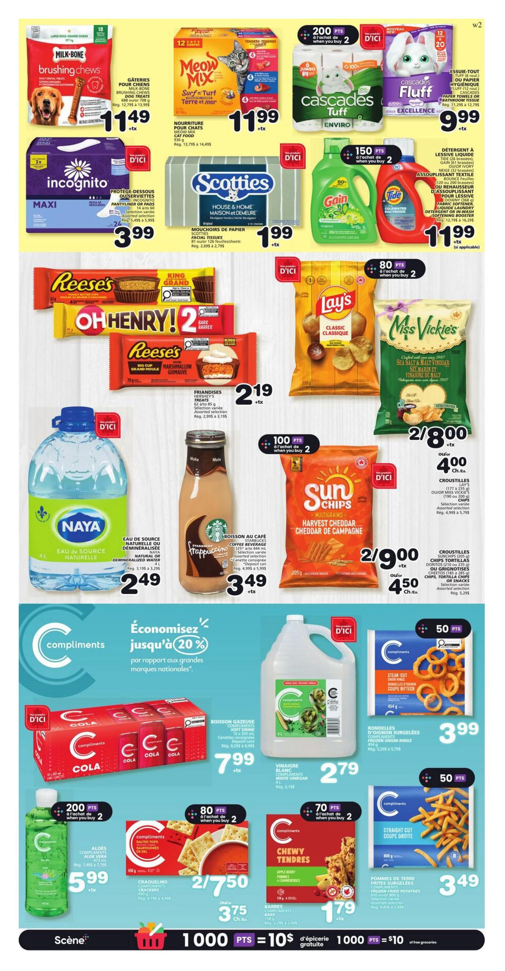 Marchés Tradition flyer page 6 features a variety of grocery specials. Deals include Milk-Bone Brushing Chews for $11.49, Meow Mix cat food for $11.99, Cascades Tuff Enviro toilet paper for $9.99, and Incognito Maxi panty liners for $3.99. Scotties House & Home facial tissues are $1.99. Laundry detergents Gain and Tide are on special with points offers: 150 points when you buy 2 Gain, and 200 points when you buy 2 Tide. Reese's Oh Henry! bars are $2.19. Lay's Classic chips are 2 for $5.00, and Miss Vickie's Sea Salt & Malt Vinegar chips are 2 for $4.00. Naya Natural Spring Water 4L is $2.49. Starbucks Frappuccino coffee beverage is $3.49. SunChips Harvest Cheddar multigrain snacks are 2 for $5.00. Compliments brand items include Cola soft drink 12 x 355 mL for $7.99, White Vinegar for $2.79, Frozen Onion Rings for $3.99, Aloe Vera drink for $5.99, Salted Tops crackers for 2 for $7.50, Chewy Tendres apple berry snacks for $1.79, and Straight Cut frozen french fries for $3.49. Earn 1000 points for $10 of free groceries.